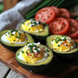 - 2 ripe avocados - 4 small eggs - Salt and pepper to taste - 2 tablespoons chopped fresh chives - 2 tablespoons crumbled feta cheese - 1 teaspoon paprika - 1 teaspoon olive oil You can add many tasty toppings to your baked avocado eggs. Here are some ideas: - Suggestions for additional toppings: Try adding diced tomatoes, sliced olives, or crispy bacon bits. These bring great flavor and texture. - Alternatives to feta cheese: If you don't have feta, use goat cheese or shredded cheddar. Both options work well. - Spices and herbs for enhanced flavor: Consider using garlic powder, cumin, or fresh cilantro. These spices add depth and excitement to each bite. Feel free to get creative with your toppings and spices. The beauty of this dish is its versatility. For the full recipe, check out Avocado Delight: Baked Eggs. Enjoy! 1. Preheating the oven: Start by preheating your oven to 425°F (220°C). This step is key for cooking your eggs perfectly. 2. Cutting and preparing avocados: Next, take your ripe avocados and cut them in half. Remove the pit carefully. Use a spoon to scoop out a bit of flesh from the center. This will create room for the egg. 1. Placing avocados in the baking dish: Place the avocado halves in a baking dish. Make sure they can stand upright. If they wobble, use crumpled foil to support them. 2. Cracking eggs and seasoning: Crack an egg into each avocado half. Be careful not to spill it. If the egg is too large, remove some egg white. Season each egg with salt, pepper, and a sprinkle of paprika for flavor. 1. Recommended baking time and temperature adjustments: Bake the avocados in the oven for about 12-15 minutes. The time may change depending on how you like your eggs. 2. Tips for achieving desired egg consistency: Keep an eye on the eggs while they bake. If you like your yolks runny, check them at the 12-minute mark. For firmer yolks, let them bake a bit longer. For the [Full Recipe](#), you can follow these steps and enjoy a healthy meal! To avoid overcooking the eggs, watch them closely. Bake for 12-15 minutes only. If you prefer runny yolks, check them at the 10-minute mark. The key is to see the whites set but the yolk remains soft. For firm avocados, use a baking dish that supports them well. Cut a small slice from the bottom of each avocado half to create a stable base. You can also crumple foil to help prop them up. A steady avocado ensures your eggs won’t spill out. Pair your baked avocado eggs with fresh sides. Sliced tomatoes add color and balance the dish. Toasted bread is perfect for dipping into the eggs. For a more complete meal, consider serving with a light salad or some crispy bacon. For presentation, use a rustic wooden board. Place the avocados on the board, garnished with extra chives. A sprinkle of paprika adds a pop of color. Serve warm for the best experience. Avocados are rich in healthy fats and fiber. They support heart health and help you feel full. One avocado has about 250 calories and offers vitamins like E and K. Eggs add protein and essential nutrients, making this meal well-rounded. Adding toppings like chives boosts flavor and nutrition. Chives have antioxidants, which are great for your immune system. Feta cheese adds a creamy texture and calcium. Each bite is not only tasty but also healthy. {{image_2}} You can mix flavors to make baked avocado eggs even better. For a sweet option, add diced tomato or salsa on top. This brightens up the dish and adds a fresh twist. You can also try a spicy kick by drizzling hot sauce or adding jalapeños. The heat pairs well with the creamy avocado and egg. If you want vegan options, swap the eggs with tofu. Silken tofu works best for a similar texture. For those on low-carb or keto diets, stick to the basic recipe. The avocados and eggs keep it low in carbs while being filling. You can also add cheese for extra flavor if you eat dairy. Want to travel through flavors? Try a Mediterranean style by adding olives and sun-dried tomatoes. This gives a taste of the coast. For a Mexican-inspired twist, top your eggs with fresh cilantro, pico de gallo, or even some black beans. These toppings make the dish fun and unique. For the full recipe, check out Avocado Delight: Baked Eggs. To store leftovers safely, let the baked avocado eggs cool down first. Place them in an airtight container. Keep the eggs and avocados together for the best taste. They can stay fresh in the fridge for up to two days. To maintain freshness, avoid stacking them. This prevents squishing and keeps the presentation nice. For reheating, use the oven for the best results. Preheat to 350°F (175°C). Place the avocado eggs on a baking sheet. Heat for about 10 minutes. This helps keep the eggs soft and the avocados creamy. You can also use a microwave, but be careful. Microwave for 30 seconds at a time to avoid overcooking. Can baked avocado eggs be frozen? I do not recommend it. Freezing changes the texture of both the egg and avocado. If you want to prepare ahead, consider freezing the avocado separately. When ready to cook, thaw it in the fridge overnight. Then, follow the full recipe to bake fresh eggs in the avocado. Can I use larger eggs for baked avocado eggs? Yes, you can use larger eggs. Just make sure the avocado can hold the egg. If not, scoop out a bit more flesh. This helps to avoid spills. What can I substitute for feta cheese? You can use goat cheese or ricotta cheese instead. Both add creaminess and flavor. Nutritional yeast is a great vegan option for a cheesy taste. How long do the avocados last after baking? Baked avocados are best eaten fresh. If you have leftovers, store them in the fridge. They last about one day. The texture may change, but they are still safe to eat. Are baked avocado eggs safe for meal prep? They can be part of meal prep but eat them soon. These eggs may not stay fresh long. It's best to bake them just before you want to eat. Can I use a microwave for baked avocado eggs? Yes, you can microwave them. Place the avocado halves in a microwave-safe dish. Cook in short bursts, checking often. This method may not give the same texture as baking. What’s the best way to serve them warm? Serve them right from the oven for the best taste. Add garnishes like chives and feta right before serving. Pair with toasted bread for a yummy breakfast. How many calories are in baked avocado eggs? Each serving has about 300 calories. This can vary based on toppings. It's a filling option with healthy fats and protein. Are baked avocado eggs healthy for a diet? Yes, they are a great choice for a healthy diet. They have good fats from avocados and protein from eggs. Plus, they are low in carbs, making them diet-friendly. Baked avocado eggs are a simple and tasty dish. We covered the key ingredients and cooking steps. You learned tips for perfection and flavor variations. Plus, we explored health benefits and storage ideas. Feel free to get creative with toppings or spices. Enjoy this dish for breakfast or a snack. You can trust that these baked avocado eggs are both delicious and nutritious. Try them today!