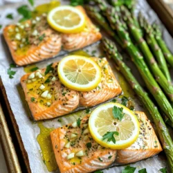 To create a tasty Sheet Pan Lemon Salmon, gather these fresh ingredients: - 4 salmon fillets (6 oz each) - 2 lemons (1 for slices, 1 for juice) - 3 tablespoons olive oil - 3 cloves garlic, minced - 1 teaspoon dried oregano - 1 teaspoon dried thyme - Salt and pepper to taste - 1 pound asparagus, trimmed - Fresh parsley for garnish These ingredients work together to bring bright flavors to your plate. The salmon fillets are rich in omega-3 fatty acids, making them healthy and delicious. Fresh lemons add a zesty kick, while garlic gives a savory depth. Olive oil keeps everything moist and adds a nice richness. Using fresh asparagus not only adds color but also provides a crisp texture. Dried herbs like oregano and thyme enhance the dish with earthy notes. Finally, the parsley garnish brings a fresh touch, making your meal look even more inviting. You can find the full recipe linked above to make this delightful dish. Enjoy each bite! 1. Preheat oven and prepare sheet pan: Start by preheating your oven to 400°F (200°C). This step warms the oven, making sure your meal cooks evenly. Line a large sheet pan with parchment paper. This helps with easy cleanup and prevents sticking. 2. Whisk together olive oil and seasonings: In a small bowl, take three tablespoons of olive oil. Add three cloves of minced garlic and the juice of one lemon. Then mix in one teaspoon each of dried oregano and dried thyme. Season with salt and pepper to taste. Whisk this well until combined. 3. Arrange salmon and asparagus on the sheet pan: Place four salmon fillets on one side of the sheet pan. Drizzle half of your olive oil mixture over the salmon. Make sure each fillet is coated well. On the other side, lay down one pound of trimmed asparagus. Drizzle the rest of the olive oil mixture over the asparagus and toss them to coat properly. - How long to bake salmon: Now it’s time to bake! Put the sheet pan in your preheated oven. Bake for 12 to 15 minutes. The salmon should be opaque and flake easily with a fork when it’s done. - How to check for doneness: To check if the salmon is cooked through, use a fork to gently poke it. If it flakes easily, it's ready. The asparagus should be tender yet slightly crisp. - Garnishing with parsley: After removing the pan from the oven, let it cool for a few minutes. Chop some fresh parsley and sprinkle it on top of the salmon and asparagus for a lovely finish. - Serving suggestions: Serve this dish warm. It pairs well with rice or a fresh salad. You can also add extra lemon slices for a zesty kick. For the full recipe, check the ingredients and steps above! Ensuring perfect salmon texture To get the best salmon, choose fresh fillets. Look for vibrant color and no strong odor. Bake it until it flakes easily with a fork. This usually takes 12 to 15 minutes at 400°F. If you want it juicier, check it early. Salmon cooks fast, and you can always put it back in the oven if needed. How to keep asparagus crisp For crisp asparagus, do not overcook it. Bake it for around 10 to 12 minutes. To check, look for a bright green color and a slight bend. Toss it in the olive oil mix but avoid too much heat. This way, your asparagus stays crunchy and fresh. Additional seasoning variations You can change the flavor of your salmon with spices. Try adding paprika for a smoky taste or some chili flakes for heat. You can also mix in a bit of honey for a sweet touch. These small changes can make your dish exciting every time. Using fresh herbs vs. dried Fresh herbs provide a bright taste, while dried herbs offer a deeper flavor. If you use fresh parsley or thyme, add them at the end. Dried oregano or thyme works well baked in. Both have their charm, so choose what you love. Importance of using parchment paper Line your sheet pan with parchment paper. This step makes cleanup easy. It also helps prevent sticking, so your salmon and veggies slide off without a mess. Parchment paper can handle high heat and keeps your food from burning. Tips for even cooking on the sheet pan Spread the salmon and asparagus evenly on the sheet pan. Avoid crowding them, as this leads to uneven cooking. If you have extra space, consider adding more veggies. This way, you will ensure everything cooks at the same time, resulting in a perfect meal. For more detailed cooking steps, check out the Full Recipe. {{image_2}} You can swap the salmon for other fish. Try using trout, cod, or tilapia. These fish cook well and have great flavor. Each brings a different taste but pairs nicely with lemon. For vegetables, asparagus is a classic choice, but you can use others. Broccoli, green beans, or bell peppers work well too. Just cut them into similar sizes to ensure even cooking. You can grill or bake your salmon. Grilling gives a nice smoky flavor. Just preheat your grill and cook for about six minutes per side. Baking is easy and keeps the salmon moist. Follow the recipe for the best results. Another method is sous-vide. This is cooking food in a water bath. It keeps the fish tender, and you can infuse flavors easily. Cook at 125°F (52°C) for about 45 minutes for a perfect finish. Citrus adds great taste. You can use lime or orange instead of lemon. Each citrus fruit brings its unique twist to the dish. Try different herb-infused marinades too. Basil, dill, or cilantro can change the flavor profile. Just mix them with olive oil and garlic for a tasty twist. Explore these variations to make your meal exciting. Check out the Full Recipe for more ideas! After enjoying your sheet pan lemon salmon, you may have some leftovers. To keep them fresh, place the salmon and asparagus in an airtight container. Make sure to cool them down to room temperature first. Store the container in the fridge. This keeps the food safe and flavorful for later. If you want to keep the leftovers for a longer time, freezing is a great option. Wrap each salmon fillet tightly in plastic wrap. Then, place the wrapped salmon in a freezer bag. This helps prevent freezer burn. You can freeze the asparagus too, but it may lose some crunch. When it’s time to enjoy your leftovers, the best way to reheat salmon is in the oven. Preheat your oven to 350°F (175°C). Place the salmon on a baking sheet and cover it with foil. This keeps the moisture in. Heat for about 10 minutes or until warm. This method helps maintain the salmon’s texture and flavor. If you’re in a hurry, you can use the microwave. Place the salmon on a microwave-safe plate. Cover it with a damp paper towel to keep it moist. Heat in 30-second intervals until warm. Be careful not to overcook it, or the salmon may dry out. Properly stored, your cooked salmon lasts about 3 to 4 days in the fridge. If you freeze it, it can last for about 2 to 3 months. However, for the best taste, try to eat it within a month. Always check for any off smells or changes in texture before eating. Enjoy your delicious meals safely! How can I tell when the salmon is cooked? You can tell salmon is cooked when it flakes easily. Use a fork to test it. The inside should be a light pink color. If it's still dark or raw, cook it a bit longer. Aim for an internal temperature of 145°F (63°C). Can I prepare the salmon in advance? Yes, you can prepare the salmon ahead of time. Marinate the salmon and store it in the fridge. You can keep it for up to two hours. Avoid marinating for too long, as it can change the texture. What sides pair well with Sheet Pan Lemon Salmon? Some great sides include: - Roasted potatoes - Quinoa - Green salad - Rice These sides complement the salmon's bright flavors and add a nice touch. Best serving temperature for salmon Serve salmon warm, right after taking it from the oven. Let it sit for a few minutes before serving. This helps the juices settle and keeps the fish moist. Suggestions for sauces or dips You can enhance the dish with simple sauces. A lemon butter sauce or a light yogurt dip works well. Try a fresh herb sauce for extra flavor. These add richness and depth to the meal. Caloric content per serving Each serving of Sheet Pan Lemon Salmon has about 300 calories. This includes salmon and asparagus. It’s a healthy choice that fills you up without heavy calories. Health benefits of salmon and asparagus Salmon is rich in omega-3 fatty acids. These fats support heart health and brain function. Asparagus is low in calories and high in vitamins. It’s a great source of fiber, which aids digestion. Together, they make a nutritious meal. This blog post shared a simple way to cook sheet pan lemon salmon. You learned the ingredients and steps involved. We explored tips to make your salmon and asparagus shine. Options for ingredient swaps and different cooking methods were discussed too. Cooking can be fun and easy. With this guide, you can create a tasty meal. Enjoy the flavors and feel proud of your dish! Keep experimenting and have fun in the kitchen!
