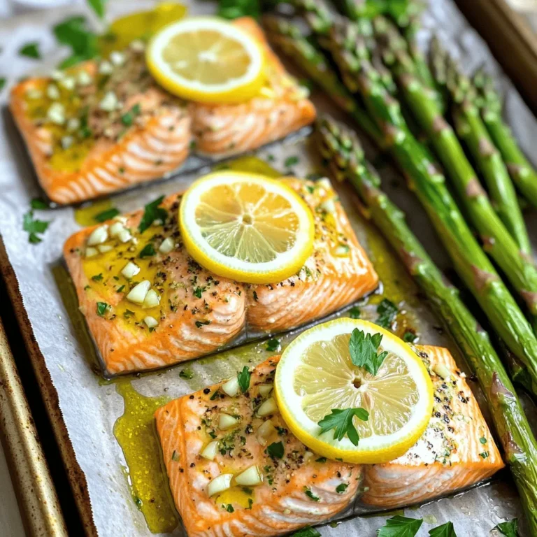 To create a tasty Sheet Pan Lemon Salmon, gather these fresh ingredients: - 4 salmon fillets (6 oz each) - 2 lemons (1 for slices, 1 for juice) - 3 tablespoons olive oil - 3 cloves garlic, minced - 1 teaspoon dried oregano - 1 teaspoon dried thyme - Salt and pepper to taste - 1 pound asparagus, trimmed - Fresh parsley for garnish These ingredients work together to bring bright flavors to your plate. The salmon fillets are rich in omega-3 fatty acids, making them healthy and delicious. Fresh lemons add a zesty kick, while garlic gives a savory depth. Olive oil keeps everything moist and adds a nice richness. Using fresh asparagus not only adds color but also provides a crisp texture. Dried herbs like oregano and thyme enhance the dish with earthy notes. Finally, the parsley garnish brings a fresh touch, making your meal look even more inviting. You can find the full recipe linked above to make this delightful dish. Enjoy each bite! 1. Preheat oven and prepare sheet pan: Start by preheating your oven to 400°F (200°C). This step warms the oven, making sure your meal cooks evenly. Line a large sheet pan with parchment paper. This helps with easy cleanup and prevents sticking. 2. Whisk together olive oil and seasonings: In a small bowl, take three tablespoons of olive oil. Add three cloves of minced garlic and the juice of one lemon. Then mix in one teaspoon each of dried oregano and dried thyme. Season with salt and pepper to taste. Whisk this well until combined. 3. Arrange salmon and asparagus on the sheet pan: Place four salmon fillets on one side of the sheet pan. Drizzle half of your olive oil mixture over the salmon. Make sure each fillet is coated well. On the other side, lay down one pound of trimmed asparagus. Drizzle the rest of the olive oil mixture over the asparagus and toss them to coat properly. - How long to bake salmon: Now it’s time to bake! Put the sheet pan in your preheated oven. Bake for 12 to 15 minutes. The salmon should be opaque and flake easily with a fork when it’s done. - How to check for doneness: To check if the salmon is cooked through, use a fork to gently poke it. If it flakes easily, it's ready. The asparagus should be tender yet slightly crisp. - Garnishing with parsley: After removing the pan from the oven, let it cool for a few minutes. Chop some fresh parsley and sprinkle it on top of the salmon and asparagus for a lovely finish. - Serving suggestions: Serve this dish warm. It pairs well with rice or a fresh salad. You can also add extra lemon slices for a zesty kick. For the full recipe, check the ingredients and steps above! Ensuring perfect salmon texture To get the best salmon, choose fresh fillets. Look for vibrant color and no strong odor. Bake it until it flakes easily with a fork. This usually takes 12 to 15 minutes at 400°F. If you want it juicier, check it early. Salmon cooks fast, and you can always put it back in the oven if needed. How to keep asparagus crisp For crisp asparagus, do not overcook it. Bake it for around 10 to 12 minutes. To check, look for a bright green color and a slight bend. Toss it in the olive oil mix but avoid too much heat. This way, your asparagus stays crunchy and fresh. Additional seasoning variations You can change the flavor of your salmon with spices. Try adding paprika for a smoky taste or some chili flakes for heat. You can also mix in a bit of honey for a sweet touch. These small changes can make your dish exciting every time. Using fresh herbs vs. dried Fresh herbs provide a bright taste, while dried herbs offer a deeper flavor. If you use fresh parsley or thyme, add them at the end. Dried oregano or thyme works well baked in. Both have their charm, so choose what you love. Importance of using parchment paper Line your sheet pan with parchment paper. This step makes cleanup easy. It also helps prevent sticking, so your salmon and veggies slide off without a mess. Parchment paper can handle high heat and keeps your food from burning. Tips for even cooking on the sheet pan Spread the salmon and asparagus evenly on the sheet pan. Avoid crowding them, as this leads to uneven cooking. If you have extra space, consider adding more veggies. This way, you will ensure everything cooks at the same time, resulting in a perfect meal. For more detailed cooking steps, check out the Full Recipe. {{image_2}} You can swap the salmon for other fish. Try using trout, cod, or tilapia. These fish cook well and have great flavor. Each brings a different taste but pairs nicely with lemon. For vegetables, asparagus is a classic choice, but you can use others. Broccoli, green beans, or bell peppers work well too. Just cut them into similar sizes to ensure even cooking. You can grill or bake your salmon. Grilling gives a nice smoky flavor. Just preheat your grill and cook for about six minutes per side. Baking is easy and keeps the salmon moist. Follow the recipe for the best results. Another method is sous-vide. This is cooking food in a water bath. It keeps the fish tender, and you can infuse flavors easily. Cook at 125°F (52°C) for about 45 minutes for a perfect finish. Citrus adds great taste. You can use lime or orange instead of lemon. Each citrus fruit brings its unique twist to the dish. Try different herb-infused marinades too. Basil, dill, or cilantro can change the flavor profile. Just mix them with olive oil and garlic for a tasty twist. Explore these variations to make your meal exciting. Check out the Full Recipe for more ideas! After enjoying your sheet pan lemon salmon, you may have some leftovers. To keep them fresh, place the salmon and asparagus in an airtight container. Make sure to cool them down to room temperature first. Store the container in the fridge. This keeps the food safe and flavorful for later. If you want to keep the leftovers for a longer time, freezing is a great option. Wrap each salmon fillet tightly in plastic wrap. Then, place the wrapped salmon in a freezer bag. This helps prevent freezer burn. You can freeze the asparagus too, but it may lose some crunch. When it’s time to enjoy your leftovers, the best way to reheat salmon is in the oven. Preheat your oven to 350°F (175°C). Place the salmon on a baking sheet and cover it with foil. This keeps the moisture in. Heat for about 10 minutes or until warm. This method helps maintain the salmon’s texture and flavor. If you’re in a hurry, you can use the microwave. Place the salmon on a microwave-safe plate. Cover it with a damp paper towel to keep it moist. Heat in 30-second intervals until warm. Be careful not to overcook it, or the salmon may dry out. Properly stored, your cooked salmon lasts about 3 to 4 days in the fridge. If you freeze it, it can last for about 2 to 3 months. However, for the best taste, try to eat it within a month. Always check for any off smells or changes in texture before eating. Enjoy your delicious meals safely! How can I tell when the salmon is cooked? You can tell salmon is cooked when it flakes easily. Use a fork to test it. The inside should be a light pink color. If it's still dark or raw, cook it a bit longer. Aim for an internal temperature of 145°F (63°C). Can I prepare the salmon in advance? Yes, you can prepare the salmon ahead of time. Marinate the salmon and store it in the fridge. You can keep it for up to two hours. Avoid marinating for too long, as it can change the texture. What sides pair well with Sheet Pan Lemon Salmon? Some great sides include: - Roasted potatoes - Quinoa - Green salad - Rice These sides complement the salmon's bright flavors and add a nice touch. Best serving temperature for salmon Serve salmon warm, right after taking it from the oven. Let it sit for a few minutes before serving. This helps the juices settle and keeps the fish moist. Suggestions for sauces or dips You can enhance the dish with simple sauces. A lemon butter sauce or a light yogurt dip works well. Try a fresh herb sauce for extra flavor. These add richness and depth to the meal. Caloric content per serving Each serving of Sheet Pan Lemon Salmon has about 300 calories. This includes salmon and asparagus. It’s a healthy choice that fills you up without heavy calories. Health benefits of salmon and asparagus Salmon is rich in omega-3 fatty acids. These fats support heart health and brain function. Asparagus is low in calories and high in vitamins. It’s a great source of fiber, which aids digestion. Together, they make a nutritious meal. This blog post shared a simple way to cook sheet pan lemon salmon. You learned the ingredients and steps involved. We explored tips to make your salmon and asparagus shine. Options for ingredient swaps and different cooking methods were discussed too. Cooking can be fun and easy. With this guide, you can create a tasty meal. Enjoy the flavors and feel proud of your dish! Keep experimenting and have fun in the kitchen!