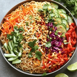To make a vibrant Spicy Thai Noodle Salad, you’ll need these main ingredients: - 8 oz rice noodles - 1 cup shredded carrots - 1 cup red bell pepper, thinly sliced - 1 cup cucumber, julienned - 1 cup red cabbage, shredded - 1/2 cup fresh cilantro, chopped - 1/4 cup scallions, chopped - 1/4 cup roasted peanuts, chopped These ingredients create a colorful mix. The rice noodles serve as a soft base, while the veggies add crunch and freshness. The right condiments bring the salad to life. Here are the key dressings: - 1/4 cup lime juice - 3 tablespoons soy sauce - 2 tablespoons sesame oil - 1 tablespoon sriracha (adjust based on spice preference) - 1 tablespoon brown sugar - Salt and pepper to taste Mix these together to create a tasty dressing. The lime juice gives a tangy kick. Sriracha adds heat, while brown sugar balances the flavors. You can customize your salad with these optional add-ins: - Cooked shrimp or chicken for protein - Avocado for creaminess - Chopped herbs like mint or basil for freshness These add-ins will enhance flavor and texture. Each option brings a unique twist. If you want a heartier dish, add protein. For a fresh touch, herbs work beautifully. For the full recipe, check our detailed instructions. Start by boiling a large pot of water. Once boiling, add the rice noodles. Cook them according to the package instructions until they are al dente. This usually takes about 4 to 6 minutes. Drain the noodles and rinse them under cold water. This step stops the cooking and prevents sticking. Grab a small bowl and whisk together the following ingredients: lime juice, soy sauce, sesame oil, sriracha, and brown sugar. Mix until it’s well combined. This dressing brings all the flavors together. Set it aside for now so the flavors can blend. In a large mixing bowl, add the shredded carrots, red bell pepper, cucumber, red cabbage, cilantro, and scallions. Toss these veggies together well. Then, add the cooled rice noodles to the bowl. Pour the dressing over the noodle and vegetable mixture. Using tongs or two forks, gently toss everything together. Make sure all ingredients are coated in the dressing. Season with salt and pepper to taste. For some extra crunch, add the chopped roasted peanuts just before serving. Toss lightly again to mix. For the best flavor, chill the salad in the fridge for 15 to 30 minutes before you serve it. Enjoy your fresh and tasty Spicy Thai Noodle Salad! Don't forget to check the Full Recipe if you want to explore further. To make the best dressing, balance is key. Start with lime juice, soy sauce, and sesame oil. These three bring fresh, salty, and nutty flavors. Then, add sriracha for heat. Adjust this based on how spicy you like it. Finally, stir in brown sugar. This gives a slight sweetness that rounds out the flavors. Taste as you mix. Adjust each ingredient until it feels just right. You can make this salad ahead of time. If you prepare it a few hours before serving, the flavors blend well. Just keep the dressing separate until you are ready to serve. This keeps the noodles and veggies crisp. Once you mix them, let the salad sit in the fridge. This makes the taste even better. For extra crunch, top your salad with roasted peanuts. They give a nice texture and flavor. You can also use crispy shallots or fried garlic. Both options add depth and a delightful crunch. Fresh herbs like cilantro or mint add flavor and color. Use them as a garnish before serving. For a spicy kick, drizzle more sriracha on top. Enjoy the mix of flavors and textures in every bite! {{image_2}} You can make this salad your own by adding protein. Tofu is a great choice for a vegetarian option. It soaks up flavors well. You can cube it and pan-fry it for a nice crunch. Chicken is another option. Cook it simply with salt and pepper for a mild taste. Shrimp adds a sweet touch. Sauté it quickly to keep it tender. Just mix any of these proteins into your salad for a hearty meal. If you need a gluten-free option, don’t worry! You can use rice noodles, which are already gluten-free. Another choice is zucchini noodles. They add a fresh taste and are low in carbs. Just spiralize the zucchini and use it instead of rice noodles. This swap keeps the dish light and bright! For a vegetarian salad, stick to the rice noodles and veggies. If you want a vegan option, replace the honey or sugar with maple syrup. This keeps the flavors great without the animal products. You can also add more veggies, like snap peas or broccoli, to make it even more colorful and healthy. There are so many ways to mix and match! For the full recipe, check out the Spicy Thai Noodle Salad. Store your Spicy Thai Noodle Salad in an airtight container. This keeps it fresh. Make sure to let the salad cool before sealing it. If you want, separate the peanuts to keep them crunchy. You can keep the salad in the fridge for up to three days. After that, it may lose its taste and texture. Check for any signs of spoilage before eating. Reheat the salad gently in a pan over low heat. Add a splash of water to keep it moist. You can also enjoy it cold. Just mix in some fresh herbs to boost the flavor. For the best experience, eat it fresh whenever possible. For the full recipe, check the details above. You can use several options. Try using soba noodles, udon noodles, or even zucchini noodles. These choices offer different textures and flavors. Soba noodles are made from buckwheat, giving a nutty taste. Udon noodles are thick and chewy, adding heartiness. Zucchini noodles are fresh and low-carb. Choose what fits your meal. Absolutely! To increase the heat, add more sriracha. You can also mix in sliced jalapeños or red pepper flakes for extra spice. Adjusting the amount of heat makes the salad suit your taste. Just remember, start with a little and add more as needed. The salad can sit out for about two hours at room temperature. After that, it's best to store it in the fridge. The veggies stay fresh, and the flavors blend well when chilled. If left in the sun or heat, it’s safer to toss it after one hour. This salad pairs great with grilled chicken, shrimp, or tofu. You can also serve it with spring rolls or a light soup. For a complete meal, add a side of fresh fruit or a light dessert. These options enhance the flavors and create a balanced plate. For the full recipe, check out the Spicy Thai Noodle Salad section. Spicy Thai Noodle Salad combines fresh veggies and tasty dressing for a fantastic dish. You learned how to cook rice noodles, prepare the perfect dressing, and combine flavors. Remember to customize your salad with proteins or gluten-free options. Store leftovers properly to enjoy later. This salad is not just a meal; it’s a vibrant mix of flavors and textures. Enjoy crafting your version and impress your family and friends. Dive into this recipe, and let your creativity shine!