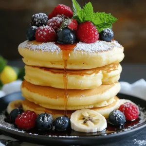 To make fluffy Japanese souffle pancakes, you will need the following ingredients: - 2 large eggs, separated - 2 tablespoons granulated sugar - 1 tablespoon milk - 1/2 teaspoon vanilla extract - 1/4 cup all-purpose flour - 1/2 teaspoon baking powder - Pinch of salt - Butter for cooking - Maple syrup and fresh fruit (for serving) These ingredients work together to create the airy texture and sweet flavor. The egg whites and yolks play a big role in fluffiness. You can customize your pancakes with some fun add-ins. Consider these options: - Lemon zest for a fresh taste - Matcha powder for a unique flavor - Cocoa powder for a chocolate twist - Cinnamon for warmth These add-ins can elevate the taste and make your pancakes even more special. You can mix them into the batter for a delightful surprise. To prepare your souffle pancakes, gather these essential tools: - Mixing bowls - Electric mixer (or whisk) - Non-stick skillet or griddle - Ring molds (for thicker pancakes) - Spatula Having the right tools makes cooking easier and helps you achieve the best results. With these ingredients and tools, you’re ready to make fluffy Japanese souffle pancakes that will impress everyone! Before you start, gather your tools. You need a non-stick skillet or griddle. Preheat it over low heat. If you have a ring mold, prepare that too. This helps the pancakes hold their shape. If not, large cookie cutters work. You can also form the pancakes with a spoon. In a bowl, separate the egg yolks from the whites. Whisk the yolks with milk and vanilla extract. Mix until smooth. In another bowl, sift the flour, baking powder, and salt together. Gradually add this dry mix to the egg yolk mix. Stir gently until just combined. Set this mixture aside for later. In a clean bowl, beat the egg whites with an electric mixer. Start at medium speed. When soft peaks form, add the sugar slowly. Keep mixing until you see stiff peaks. The whites should look glossy. This step is key for fluffy pancakes. Lightly grease your skillet with butter. If using a ring mold, place it on the skillet. Pour in about 1/4 of the batter. If you aren't using a mold, scoop the batter directly onto the skillet. Cover it with a lid. Cook for 4-5 minutes until the bottom turns golden brown. Then, carefully flip the pancake. If using a mold, keep it on while flipping. Cook the other side for another 4-5 minutes. Your pancakes should be fluffy and fully cooked. Enjoy your Fluffy Japanese Souffle Pancakes! For detailed steps, check the Full Recipe. To get the perfect fluffy texture, focus on your egg whites. Whip them until they form stiff peaks. This airiness is key! Gently fold the whites into the yolk mixture. Be careful not to deflate them. The batter should look light and airy. Also, use a low heat setting when cooking. This allows the pancakes to rise slowly and evenly. One common mistake is overmixing the batter. This can make your pancakes dense. Remember, mix until just combined. Another mistake is cooking on too high heat. This can cause the outside to burn while the inside remains raw. Also, avoid flipping too early. Wait until the edges look firm and the bottom is golden brown. When cooking, always preheat your skillet over low heat. Use a non-stick pan or add a little butter to prevent sticking. If you have a ring mold, use it! This helps the pancakes hold their shape. Cover the skillet with a lid while cooking. This traps heat and helps the pancakes rise. Check the pancakes after 4-5 minutes, then flip carefully. Cook the other side until golden. {{image_2}} You can switch up the flavor of your souffle pancakes easily. Here are some fun ideas: - Matcha: Add 1-2 teaspoons of matcha powder to your dry mix. - Cocoa: Mix in 1-2 tablespoons of cocoa powder for a chocolate twist. - Citrus: Add a bit of lemon or orange zest for a fresh taste. - Chocolate Chips: Fold in a handful of mini chocolate chips before cooking. - Fruit Purees: Swirl in some fruit puree like strawberry or mango to your batter. These variations keep your pancakes exciting and tasty. You can match them to your mood or season. How you serve your souffle pancakes makes a big difference. Here are some ideas: - Classic: Stack them high and drizzle with maple syrup. - Fruits: Top with fresh berries, bananas, or peaches for added flavor. - Whipped Cream: A dollop of whipped cream gives a nice touch. - Ice Cream: For a treat, serve with a scoop of vanilla or green tea ice cream. - Nuts: Sprinkle with chopped nuts for a crunchy twist. These serving ideas can transform a simple pancake into a lovely dish. If you have dietary needs, you can still enjoy these pancakes. Here are some alternatives: - Gluten-Free: Use almond flour or a gluten-free flour blend. - Dairy-Free: Substitute milk with almond or oat milk. - Sugar-Free: Replace granulated sugar with a sugar alternative like agave syrup. - Vegan: Use flax eggs instead of egg yolks and egg whites. These changes help everyone enjoy fluffy pancakes without worry. Just remember to adjust cooking times as needed. For the complete recipe, check the Full Recipe section. After enjoying your pancakes, let them cool. Place the pancakes in an airtight container. If you have multiple layers, add parchment paper between them. This keeps them from sticking together. Store the container in the fridge for up to three days. To reheat, use the stovetop for the best taste. Heat a non-stick skillet over low heat. Add a bit of butter to the pan. Place the pancakes in the skillet and cover with a lid. Heat for about two to three minutes on each side. This warms them through and keeps them fluffy. You can also use a microwave, but they may lose some fluffiness. Heat in 15-second bursts, checking often. For longer storage, you can freeze the pancakes. First, let them cool completely. Wrap each pancake in plastic wrap. Then, place them in a freezer-safe bag. Be sure to remove as much air as possible. These pancakes can last up to two months in the freezer. To enjoy, thaw in the fridge overnight before reheating. For quick thawing, you can use the microwave on low power. For more details, check out the Full Recipe for Fluffy Japanese Souffle Pancakes. Japanese souffle pancakes get their fluffiness from whipped egg whites. When you beat egg whites, they trap air. This air creates bubbles in the batter, which expands while cooking, making the pancakes rise. The key is to fold the egg whites gently into the yolk mixture. This helps keep the air inside. Using whole eggs gives you a denser pancake. The egg whites add air, while the yolks provide richness. If you want fluffy pancakes, stick with separated eggs. The texture will be much lighter and more souffle-like. Look for a golden brown color on both sides. You can gently press the pancake with a spatula. If it springs back, it's done. If it leaves an indent, it needs more time. Cooking with a lid helps steam the pancakes, making them fluffy. You can top your pancakes with many delicious things. Here are some ideas: - Maple syrup - Fresh berries - Sliced bananas - Whipped cream - Honey - Chocolate sauce Experiment with these toppings to find your favorite! These pancakes began in Japan. They gained fame in cafes and became popular on social media. Their fluffy texture and cute appearance caught people's attention. Now, they are loved worldwide for their unique style. For the full recipe, check out Fluffy Japanese Souffle Pancakes. It includes all the steps and tips you need to make these delightful treats! Fluffy souffle pancakes need the right ingredients and tools. We covered how to prepare and cook them step by step. Remember to avoid common mistakes for the best texture. Don't hesitate to try different flavors and serving ideas. Proper storage keeps leftovers fresh, so you can enjoy them later. I hope these tips help you create delicious pancakes every time. Happy cooking!