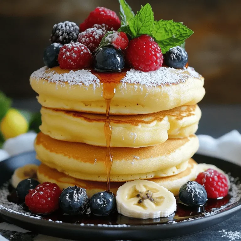 To make fluffy Japanese souffle pancakes, you will need the following ingredients: - 2 large eggs, separated - 2 tablespoons granulated sugar - 1 tablespoon milk - 1/2 teaspoon vanilla extract - 1/4 cup all-purpose flour - 1/2 teaspoon baking powder - Pinch of salt - Butter for cooking - Maple syrup and fresh fruit (for serving) These ingredients work together to create the airy texture and sweet flavor. The egg whites and yolks play a big role in fluffiness. You can customize your pancakes with some fun add-ins. Consider these options: - Lemon zest for a fresh taste - Matcha powder for a unique flavor - Cocoa powder for a chocolate twist - Cinnamon for warmth These add-ins can elevate the taste and make your pancakes even more special. You can mix them into the batter for a delightful surprise. To prepare your souffle pancakes, gather these essential tools: - Mixing bowls - Electric mixer (or whisk) - Non-stick skillet or griddle - Ring molds (for thicker pancakes) - Spatula Having the right tools makes cooking easier and helps you achieve the best results. With these ingredients and tools, you’re ready to make fluffy Japanese souffle pancakes that will impress everyone! Before you start, gather your tools. You need a non-stick skillet or griddle. Preheat it over low heat. If you have a ring mold, prepare that too. This helps the pancakes hold their shape. If not, large cookie cutters work. You can also form the pancakes with a spoon. In a bowl, separate the egg yolks from the whites. Whisk the yolks with milk and vanilla extract. Mix until smooth. In another bowl, sift the flour, baking powder, and salt together. Gradually add this dry mix to the egg yolk mix. Stir gently until just combined. Set this mixture aside for later. In a clean bowl, beat the egg whites with an electric mixer. Start at medium speed. When soft peaks form, add the sugar slowly. Keep mixing until you see stiff peaks. The whites should look glossy. This step is key for fluffy pancakes. Lightly grease your skillet with butter. If using a ring mold, place it on the skillet. Pour in about 1/4 of the batter. If you aren't using a mold, scoop the batter directly onto the skillet. Cover it with a lid. Cook for 4-5 minutes until the bottom turns golden brown. Then, carefully flip the pancake. If using a mold, keep it on while flipping. Cook the other side for another 4-5 minutes. Your pancakes should be fluffy and fully cooked. Enjoy your Fluffy Japanese Souffle Pancakes! For detailed steps, check the Full Recipe. To get the perfect fluffy texture, focus on your egg whites. Whip them until they form stiff peaks. This airiness is key! Gently fold the whites into the yolk mixture. Be careful not to deflate them. The batter should look light and airy. Also, use a low heat setting when cooking. This allows the pancakes to rise slowly and evenly. One common mistake is overmixing the batter. This can make your pancakes dense. Remember, mix until just combined. Another mistake is cooking on too high heat. This can cause the outside to burn while the inside remains raw. Also, avoid flipping too early. Wait until the edges look firm and the bottom is golden brown. When cooking, always preheat your skillet over low heat. Use a non-stick pan or add a little butter to prevent sticking. If you have a ring mold, use it! This helps the pancakes hold their shape. Cover the skillet with a lid while cooking. This traps heat and helps the pancakes rise. Check the pancakes after 4-5 minutes, then flip carefully. Cook the other side until golden. {{image_2}} You can switch up the flavor of your souffle pancakes easily. Here are some fun ideas: - Matcha: Add 1-2 teaspoons of matcha powder to your dry mix. - Cocoa: Mix in 1-2 tablespoons of cocoa powder for a chocolate twist. - Citrus: Add a bit of lemon or orange zest for a fresh taste. - Chocolate Chips: Fold in a handful of mini chocolate chips before cooking. - Fruit Purees: Swirl in some fruit puree like strawberry or mango to your batter. These variations keep your pancakes exciting and tasty. You can match them to your mood or season. How you serve your souffle pancakes makes a big difference. Here are some ideas: - Classic: Stack them high and drizzle with maple syrup. - Fruits: Top with fresh berries, bananas, or peaches for added flavor. - Whipped Cream: A dollop of whipped cream gives a nice touch. - Ice Cream: For a treat, serve with a scoop of vanilla or green tea ice cream. - Nuts: Sprinkle with chopped nuts for a crunchy twist. These serving ideas can transform a simple pancake into a lovely dish. If you have dietary needs, you can still enjoy these pancakes. Here are some alternatives: - Gluten-Free: Use almond flour or a gluten-free flour blend. - Dairy-Free: Substitute milk with almond or oat milk. - Sugar-Free: Replace granulated sugar with a sugar alternative like agave syrup. - Vegan: Use flax eggs instead of egg yolks and egg whites. These changes help everyone enjoy fluffy pancakes without worry. Just remember to adjust cooking times as needed. For the complete recipe, check the Full Recipe section. After enjoying your pancakes, let them cool. Place the pancakes in an airtight container. If you have multiple layers, add parchment paper between them. This keeps them from sticking together. Store the container in the fridge for up to three days. To reheat, use the stovetop for the best taste. Heat a non-stick skillet over low heat. Add a bit of butter to the pan. Place the pancakes in the skillet and cover with a lid. Heat for about two to three minutes on each side. This warms them through and keeps them fluffy. You can also use a microwave, but they may lose some fluffiness. Heat in 15-second bursts, checking often. For longer storage, you can freeze the pancakes. First, let them cool completely. Wrap each pancake in plastic wrap. Then, place them in a freezer-safe bag. Be sure to remove as much air as possible. These pancakes can last up to two months in the freezer. To enjoy, thaw in the fridge overnight before reheating. For quick thawing, you can use the microwave on low power. For more details, check out the Full Recipe for Fluffy Japanese Souffle Pancakes. Japanese souffle pancakes get their fluffiness from whipped egg whites. When you beat egg whites, they trap air. This air creates bubbles in the batter, which expands while cooking, making the pancakes rise. The key is to fold the egg whites gently into the yolk mixture. This helps keep the air inside. Using whole eggs gives you a denser pancake. The egg whites add air, while the yolks provide richness. If you want fluffy pancakes, stick with separated eggs. The texture will be much lighter and more souffle-like. Look for a golden brown color on both sides. You can gently press the pancake with a spatula. If it springs back, it's done. If it leaves an indent, it needs more time. Cooking with a lid helps steam the pancakes, making them fluffy. You can top your pancakes with many delicious things. Here are some ideas: - Maple syrup - Fresh berries - Sliced bananas - Whipped cream - Honey - Chocolate sauce Experiment with these toppings to find your favorite! These pancakes began in Japan. They gained fame in cafes and became popular on social media. Their fluffy texture and cute appearance caught people's attention. Now, they are loved worldwide for their unique style. For the full recipe, check out Fluffy Japanese Souffle Pancakes. It includes all the steps and tips you need to make these delightful treats! Fluffy souffle pancakes need the right ingredients and tools. We covered how to prepare and cook them step by step. Remember to avoid common mistakes for the best texture. Don't hesitate to try different flavors and serving ideas. Proper storage keeps leftovers fresh, so you can enjoy them later. I hope these tips help you create delicious pancakes every time. Happy cooking!