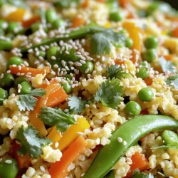 - 1 medium head of cauliflower - 1 cup snap peas - 1 bell pepper (red or yellow) - 1 carrot - 2 green onions - 2 cloves garlic - 1 tablespoon fresh ginger - 2 tablespoons soy sauce or tamari - 1 tablespoon sesame oil - 1 tablespoon vegetable oil - Salt and pepper - Sesame seeds - Fresh cilantro Cauliflower rice stir fry comes together quickly with fresh ingredients. Use a medium head of cauliflower for the base. Grate it into rice-sized pieces. This makes it light and fluffy. Add 1 cup of snap peas for a nice crunch. A bell pepper, either red or yellow, brings sweetness and color. Don't forget the carrot! Julienned, it adds both texture and a bit of earthiness. For aromatics, use 2 cloves of garlic and 1 tablespoon of fresh ginger. They give a warm and spicy kick. For taste, 2 tablespoons of soy sauce or tamari enhance the flavor. Add 1 tablespoon each of sesame oil and vegetable oil to help everything cook smoothly. Finally, season with salt and pepper to your liking. To make your dish pop, garnish with sesame seeds and fresh cilantro. These add a lovely finish and aroma. You can find the full recipe to help you create this colorful dish. - Remove leaves and quarter the cauliflower. - Grate or process until rice-sized. First, take your cauliflower and remove the leaves. This step makes it easier to handle. Next, cut the cauliflower into quarters. Using a box grater or a food processor, grate the cauliflower until it looks like rice. This makes an excellent base for your stir fry. - Heat vegetable oil in a wok or skillet. - Add garlic and ginger, sauté for fragrance. Now, grab your wok or skillet and heat some vegetable oil over medium-high heat. Once the oil is hot, toss in minced garlic and ginger. Sauté for about 30 seconds until they smell great. This step adds a rich aroma to your dish that you will love. - Add bell pepper and carrots, stir-fry for 2-3 minutes. - Include snap peas, stir-fry until tender-crisp. Next, add diced bell pepper and julienned carrots to the pan. Stir-fry them for 2-3 minutes until they start to soften. After that, add snap peas and keep stirring until they are tender-crisp. This keeps them crunchy and full of flavor. - Stir in cauliflower rice and cook, stirring frequently. - Pour in soy sauce and sesame oil, mix thoroughly. Now it's time to add the cauliflower rice. Stir it into the pan and cook for about 3-4 minutes, stirring often. This keeps the rice from getting mushy. After that, pour in soy sauce and sesame oil. Mix everything well to coat the rice and vegetables. - Season with salt and pepper to taste. - Add green onions, mix, and serve with garnishes. Finally, season your stir fry with salt and pepper to taste. Then, add sliced green onions for a fresh touch. Mix them in well. Now, it's ready to serve! You can garnish it with sesame seeds and fresh cilantro for extra flavor. Enjoy this quick and tasty meal! For the complete preparation guide, refer to the Full Recipe. To pick the best cauliflower, look for heads that are firm and compact. The leaves should be fresh and green. Avoid cauliflower with brown spots or soft areas. Store it in the fridge in a plastic bag. This keeps it fresh for about a week. If you want a vegan dish, you can swap soy sauce with tamari or coconut aminos. These options taste great and are also gluten-free. For a gluten-free meal, make sure to use tamari instead of regular soy sauce. Cooking time is key for perfect cauliflower rice. You want it tender but not mushy. Cook it for about 3 to 4 minutes. Stir it often to keep it from getting too soft. If you overcook it, it will lose its nice texture. Follow these tips for a delicious meal that satisfies! {{image_2}} You can make your cauliflower rice stir fry even better by adding protein. Chicken, shrimp, and tofu all work great. For chicken, cut it into small pieces. Cook it for about 5-7 minutes until it's no longer pink. Shrimp cooks quickly, needing just 2-3 minutes until it turns pink. For tofu, cube it and fry it for 4-5 minutes until golden. Each protein adds its own tasty twist! Want to turn up the heat? Add chili flakes or sriracha! Start with a pinch and taste as you go. If you like fresh flavors, try adding herbs like basil or cilantro. These herbs will brighten your dish and make it pop. You’ll enjoy a fun mix of flavors that keeps you coming back for more. Feel free to mix in more veggies! Zucchini and broccoli are great choices. Chop zucchini into small pieces and stir-fry for about 3-4 minutes. Broccoli florets need a little more time, about 5 minutes, to become tender. Adding different vegetables not only boosts nutrition but also adds color and texture to your meal. Explore and find your favorite combinations! To store leftovers, let your stir fry cool first. Place it in a clean, airtight container. This keeps moisture in and flavors fresh. I recommend using glass containers. They are easy to clean and safe for reheating. If you want to save your stir fry for later, freezing is a great option. Spread the stir fry in a single layer on a baking sheet. Freeze for about an hour, then transfer to a freezer-safe bag. Remove as much air as you can before sealing. To reheat, simply microwave or sauté in a pan until hot. In the fridge, your cauliflower rice stir fry lasts about 3 to 4 days. In the freezer, it can stay good for up to 3 months. Always check for signs of spoilage before eating. If it smells off or looks discolored, it’s best to toss it. You can find the Full Recipe for a delicious meal that is quick and easy! Yes, you can use frozen cauliflower rice. It cooks quickly and saves time. Here are some tips: - Thaw before using: This helps it cook evenly. - Skip the rinsing: Rinsing can make it too watery. - Adjust cooking time: Cook for about 5-7 minutes. Frozen cauliflower rice is a quick option. It has a longer shelf life and is often pre-chopped. This makes meal prep easier. Cauliflower rice is a great choice for health. It has fewer calories than regular rice. Here are some nutritional benefits: - Low in carbs: Great for low-carb diets. - Rich in vitamins: Good source of vitamin C and K. - High in fiber: Helps with digestion and fullness. Replacing rice with cauliflower rice can boost your veggie intake. It keeps meals light and nutritious. Cooking cauliflower rice takes about 8-10 minutes. Here’s how to do it: - Heat oil in a pan: Use medium-high heat. - Sauté for 3-4 minutes: Stir frequently until tender. - Add seasonings: Mix in soy sauce and stir for another minute. Cooking it too long makes it mushy. Keep an eye on it for the best texture. You can pair many side dishes with cauliflower rice stir fry. Here are some ideas: - Grilled chicken: Adds protein and flavor. - Shrimp: A quick and tasty addition. - Steamed vegetables: Enhance the veggie goodness. These sides make your meal more balanced and filling. You can mix and match based on your taste. For the full recipe, check the earlier section! This post covered how to make a tasty cauliflower rice stir fry. We discussed key ingredients, step-by-step cooking methods, and helpful tips for the best results. You can easily customize your dish with proteins and vegetables to match your taste. Remember, fresh ingredients make a big difference in flavor. Store leftovers properly to enjoy later. Now, you have the skills to create a healthy meal anytime. Enjoy your cooking journey!