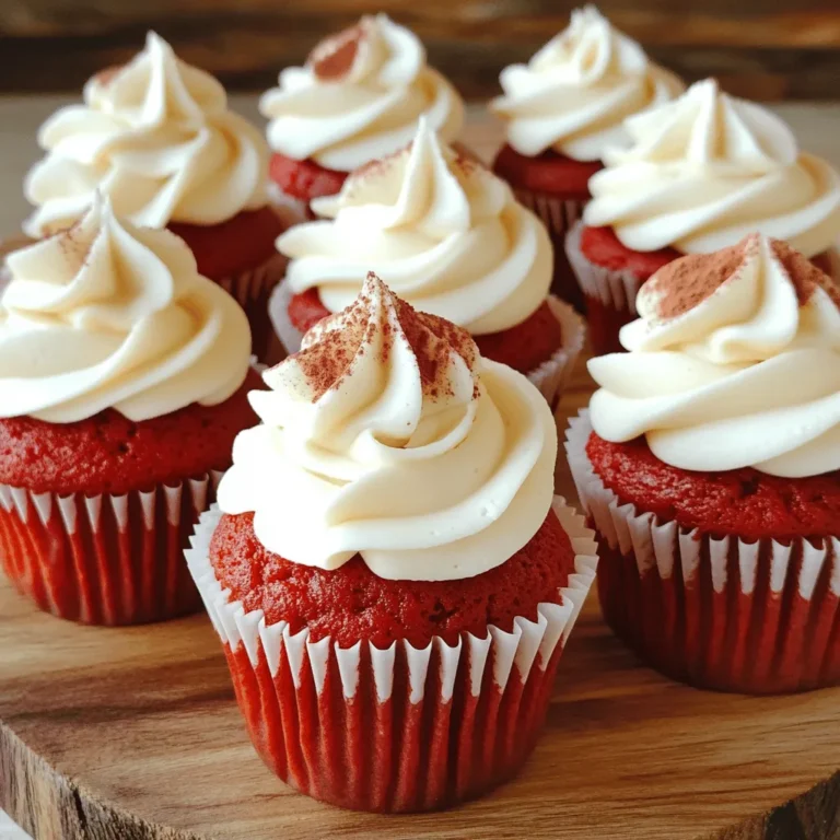 To make classic red velvet cupcakes, gather these key ingredients: - 1 ½ cups all-purpose flour - 1 cup granulated sugar - 1 tsp baking soda - 1 tsp cocoa powder - 1 tsp salt - 1 cup vegetable oil - 1 cup buttermilk, room temperature - 2 large eggs, room temperature - 2 tbsp red food coloring - 1 tsp vanilla extract - 1 tsp white vinegar For the cream cheese frosting, you'll need: - 8 oz cream cheese, softened - ½ cup unsalted butter, softened - 4 cups powdered sugar - 1 tsp vanilla extract The quality of your ingredients matters. Use fresh, high-quality items for the best taste. For flour, choose unbleached all-purpose flour. This gives a nice texture. Use real butter for the cream cheese frosting to enhance the flavor. Fresh buttermilk is key to a moist cupcake. Check that your eggs are room temperature for better mixing. If you don’t have buttermilk, mix 1 cup of milk with 1 tbsp lemon juice or vinegar. Let it sit for five minutes. For the red food coloring, you can use beet juice for a more natural option. If you need a dairy-free option, try almond milk or coconut milk with vinegar. For the frosting, a non-dairy cream cheese works well too. You can even use Greek yogurt for a tangy twist. For the full recipe, check out the detailed steps to create these delightful treats. Start by preheating your oven to 350°F (175°C). This step is key for even baking. Line a muffin pan with cupcake liners. Use colorful liners to make your cupcakes pop! In a large mixing bowl, sift together the dry ingredients. Add 1 ½ cups of all-purpose flour, 1 cup of granulated sugar, 1 tsp of baking soda, 1 tsp of cocoa powder, and 1 tsp of salt. Mixing these well helps ensure that each cupcake is fluffy and sweet. In another bowl, whisk together the wet ingredients. Combine 1 cup of vegetable oil, 1 cup of buttermilk, and 2 large eggs. Then, add 2 tbsp of red food coloring, 1 tsp of vanilla extract, and 1 tsp of white vinegar. This mixture gives the cupcakes their rich color and flavor. Gradually add the wet mixture to the dry ingredients. Stir gently until just combined. Be careful not to overmix; a few lumps are fine. Overmixing can make your cupcakes tough. Carefully divide the batter into the cupcake liners, filling each about 2/3 full. Bake for 18-20 minutes. A toothpick should come out clean when inserted in the center. After baking, let the cupcakes cool in the pan for 5 minutes. Then, transfer them to a wire rack to cool completely. To make the cream cheese frosting, beat together 8 oz of softened cream cheese and ½ cup of softened butter until smooth. Gradually add 4 cups of powdered sugar and mix until fluffy. Once the cupcakes have cooled, frost them generously. Use a piping bag for a fun design or a knife for a rustic look. Enjoy these delightful treats! For the complete recipe, check the [Full Recipe]. To get that bright red color, use high-quality red food coloring. The right brand makes a big difference. I recommend using gel food coloring instead of liquid. Gel gives a deeper, richer hue. Always add it to your wet ingredients for even mixing. If your batter looks more brown than red, just add a bit more coloring until you reach your desired shade. Keep your cupcakes fresh by storing them in an airtight container. Place a piece of parchment paper between layers to avoid sticking. They stay good for up to three days at room temperature. If you want to keep them longer, freeze them. Just wrap each cupcake in plastic wrap and place them in a freezer bag. They can last up to three months in the freezer. One common mistake is overmixing the batter. This can make your cupcakes tough. Mix just until combined, and it's okay if there are a few lumps. Another mistake is not measuring ingredients properly. Make sure you use the right tools for measuring flour and sugar. Too much of either can change the texture. Lastly, don’t skip the cooling step. Frosting warm cupcakes can lead to a melty mess! For the best results, let them cool completely before frosting. {{image_2}} You can make gluten-free red velvet cupcakes easily. Just swap regular flour for gluten-free flour. Use a blend that works for baking. Make sure it has xanthan gum; this helps with texture. The taste will stay rich and delicious. Cream cheese frosting is classic, but you can try more. A chocolate ganache adds a rich twist. For a lighter taste, use whipped cream or vanilla buttercream. You can even add a hint of peppermint or almond extract. Each choice gives a new flavor to your cupcakes. Get creative with your cupcakes by adding special items. Chopped nuts, like pecans or walnuts, add a nice crunch. You can also mix in chocolate chips for a sweet surprise. For toppings, consider sprinkles or edible glitter for fun. Fresh berries on top can bring a fruity touch. These options make your cupcakes unique and fun! To keep your red velvet cupcakes fresh, store them in an airtight container. This will help them maintain moisture and flavor. Place a piece of wax paper under the lid to absorb any excess moisture. Keep the container at room temperature for up to three days. If you need to store them longer, consider refrigeration. Freezing is a great way to save cupcakes for later. First, let the cupcakes cool completely. Wrap each cupcake in plastic wrap, then place them in a freezer-safe bag. Label the bag with the date. You can freeze them for up to three months. When you're ready to enjoy, just thaw them in the fridge overnight. To reheat leftover cupcakes, set your oven to 350°F (175°C). Unwrap the cupcakes and place them on a baking sheet. Heat for about 5-7 minutes, just until warm. If you want to refresh the frosting, add a dollop of cream cheese frosting on top after reheating. Enjoy your delicious cupcakes warm! For the full recipe, check out the Classic Red Velvet Cupcakes with Cream Cheese Frosting. Red velvet cupcakes stand out due to their vibrant red color and subtle cocoa flavor. They have a soft, moist crumb that sets them apart from regular chocolate cupcakes. The combination of buttermilk and vinegar creates a unique tangy taste that complements the sweetness well. Their rich, velvety texture is perfect for pairing with cream cheese frosting, which adds another layer of flavor. Yes, you can use different food coloring. However, red food coloring is traditional for red velvet cupcakes. If you want to experiment, try using natural colors like beet juice for a more organic option. Just remember, the final color will change the look, but the taste remains delicious. The key is to maintain the right balance in your batter for the perfect cupcake. If you overmix your cupcake batter, the texture may become dense. To fix this, you can try adding a small amount of milk or buttermilk to loosen it up. Stir gently to blend. If you have not baked the batter yet, you can also start over with fresh ingredients. Remember, mix just until combined for the best results. Absolutely! Mini cupcakes are a fun twist on the classic recipe. Just fill mini cupcake liners about halfway with batter. Bake them for about 10 to 12 minutes. Check with a toothpick to see if they are done. The smaller size makes them perfect for parties or a sweet treat without guilt. These cupcakes stay fresh for about three days at room temperature. Store them in an airtight container to keep them moist. If you want to keep them longer, you can freeze them for up to three months. Just make sure to frost them after thawing for the best flavor. Enjoy these delightful treats anytime! Don't forget to check the Full Recipe for all the details. You now have all the details to make great red velvet cupcakes. We covered the ingredients and their quality. Plus, you learned how to prep and bake them. Remember to avoid common mistakes to get the best results. Explore variations like gluten-free options and different frostings to keep snacks exciting. Don’t forget how to store and freeze your cupcakes for later. Now, go ahead and create that perfect treat for yourself or friends!