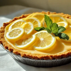 - 1 ½ cups graham cracker crumbs - ½ cup unsalted butter, melted - ⅓ cup granulated sugar - 1 can (14 oz) sweetened condensed milk - ½ cup fresh lemon juice (about 3-4 lemons) - Zest of 1 lemon - 1 cup heavy whipping cream - 2 tablespoons powdered sugar - Lemon slices and mint leaves for garnish When choosing graham cracker crumbs, pick a brand without added sugar. This helps balance the pie’s sweetness. For the butter, unsalted is key. This way, you control the saltiness of the crust. Fresh lemons are best for flavor. They make the pie taste bright and zesty. Zest adds an extra punch, so don’t skip that! If you need a gluten-free pie, use gluten-free graham crackers. You can also swap sweetened condensed milk with coconut milk for a dairy-free option. For the cream, try using coconut cream for a lighter twist. If you like less sweet, reduce the sugar in the filling or crust. Each swap can change the taste, so feel free to experiment! For the full recipe, check out the instructions provided. Start by mixing graham cracker crumbs, melted butter, and granulated sugar in a bowl. Use your hands or a fork to blend them until it looks like wet sand. This step is key for a tasty base. Next, press the mixture into a 9-inch pie dish. Make sure to cover the bottom and sides evenly. You can use your fingers or a measuring cup to pack it down. Once done, chill the crust in the fridge while you make the filling. In a large bowl, whisk together sweetened condensed milk, fresh lemon juice, and lemon zest. This mix brings bright flavors to the pie. Whisk until the mixture is smooth. In another bowl, whip the heavy cream with an electric mixer. Beat it until you see soft peaks. Then, add powdered sugar and keep beating until stiff peaks form. Now, gently fold the whipped cream into the lemon mixture. This folding is important; it keeps the filling light and airy. Once your filling is ready, it's time to fill the crust. Pour the lemon filling into your graham cracker crust. Spread it out evenly with a spatula. After that, cover the pie with plastic wrap. Place it in the fridge for at least 4 hours. For the best taste, let it chill overnight. When you're ready to serve, slice the pie and add lemon slices and mint leaves on top for garnish. This adds a fresh touch and makes it look beautiful. Enjoy your No Bake Lemon Icebox Pie, a perfect dessert for any occasion! For the complete process, check the Full Recipe. To make the best No Bake Lemon Icebox Pie, start with fresh lemons. Fresh juice gives a bright taste. Use a fine grater for the zest. This adds a lovely aroma. Make sure your heavy cream is cold before whipping. Cold cream whips better and faster. When you fold the cream into the lemon mix, be gentle. This keeps the filling light and fluffy. One mistake is not chilling the crust. A warm crust can make the pie soggy. Another issue is over-mixing the filling. This can make it dense. Always check the cream's peaks. Soft peaks are great for folding. If you beat it too long, it turns into butter. Lastly, use a sharp knife to slice the pie. A dull knife can squish the filling. Serve the pie cold for the best flavor. Add lemon slices and mint leaves on top for color. You can also serve it with a dollop of extra whipped cream. Pair it with a light tea or sparkling water. This enhances the citrus taste. For a fun twist, try a scoop of lemon sorbet on the side. Enjoy your dessert with friends and family for a refreshing treat! For the complete recipe, check out the Full Recipe. {{image_2}} Want to change up the taste? You can easily add flavors to your lemon pie. Try mixing in lime juice for a twist. It adds a zesty punch. You can also use orange juice for a sweeter, citrus flavor. For a berry twist, add pureed strawberries or blueberries into the filling. Just fold them in gently. This keeps the filling nice and fluffy. If you want a different crust, try these ideas. Use crushed vanilla wafers instead of graham crackers. This gives a sweet and creamy base. You can also use a chocolate cookie crust for a rich flavor. If you're looking for a gluten-free option, use almond flour mixed with coconut oil. Just press it into the pie dish like you would with graham crackers. Garnishing adds beauty to your pie. You can use lemon slices for a fresh look. Place them on top just before serving. Fresh mint leaves add a nice pop of color and flavor. For a fun touch, sprinkle some crushed cookies on top. It gives a nice crunch. You can also drizzle some lemon glaze on top for extra sweetness. These small touches make your pie stand out. For the complete recipe, check the Full Recipe above. To keep your No Bake Lemon Icebox Pie fresh, cover it with plastic wrap. Place the pie in the fridge. It can stay fresh for up to three days. If you want to keep it longer, freezing is a great option. To freeze the pie, slice it into pieces first. Wrap each slice in plastic wrap. Then, place the slices in a freezer bag. Seal the bag well to prevent freezer burn. The pie can stay frozen for up to two months. When ready to eat, thaw it in the fridge overnight before serving. Always store the pie in an airtight container to keep it tasting great. Avoid cutting into the pie until you are ready to serve. This helps maintain its texture and flavor. If you notice any leftover slices, use them within a few days for the best taste. Enjoy every bite of this refreshing dessert! To make No Bake Lemon Icebox Pie from scratch, you will need a few simple steps. First, prepare the crust by mixing graham cracker crumbs, melted butter, and sugar until it looks like wet sand. Press this mixture into a pie dish and chill it. Next, whip the heavy cream until it forms soft peaks. In another bowl, mix sweetened condensed milk, fresh lemon juice, and lemon zest together until smooth. Fold the whipped cream into this lemon mixture. Pour it into your chilled crust and let it set in the fridge for a few hours. For the full recipe, check the details above. Yes, you can use bottled lemon juice if you want. However, fresh lemon juice gives the pie a brighter taste. Bottled juice may contain preservatives that can change the flavor slightly. If you are in a hurry, using bottled juice can save time, but I always prefer the fresh taste. No Bake Lemon Icebox Pie lasts about 3 to 4 days in the fridge. Make sure to cover it well with plastic wrap or foil. This keeps the pie fresh and safe from other odors in the fridge. After 4 days, the pie may start to lose its taste and texture. Enjoy it while it’s fresh for the best flavor! We explored the key ingredients for a delicious No Bake Lemon Icebox Pie. You learned how to prepare the crust, make the filling, and assemble your pie. I shared tips to perfect your pie, avoid common mistakes, and storage instructions to keep it fresh. Plus, we discussed unique variations and serving ideas to delight your guests. Remember, pie-making is simple and fun. With these steps, you’ll create a treat everyone loves. Enjoy your baking!