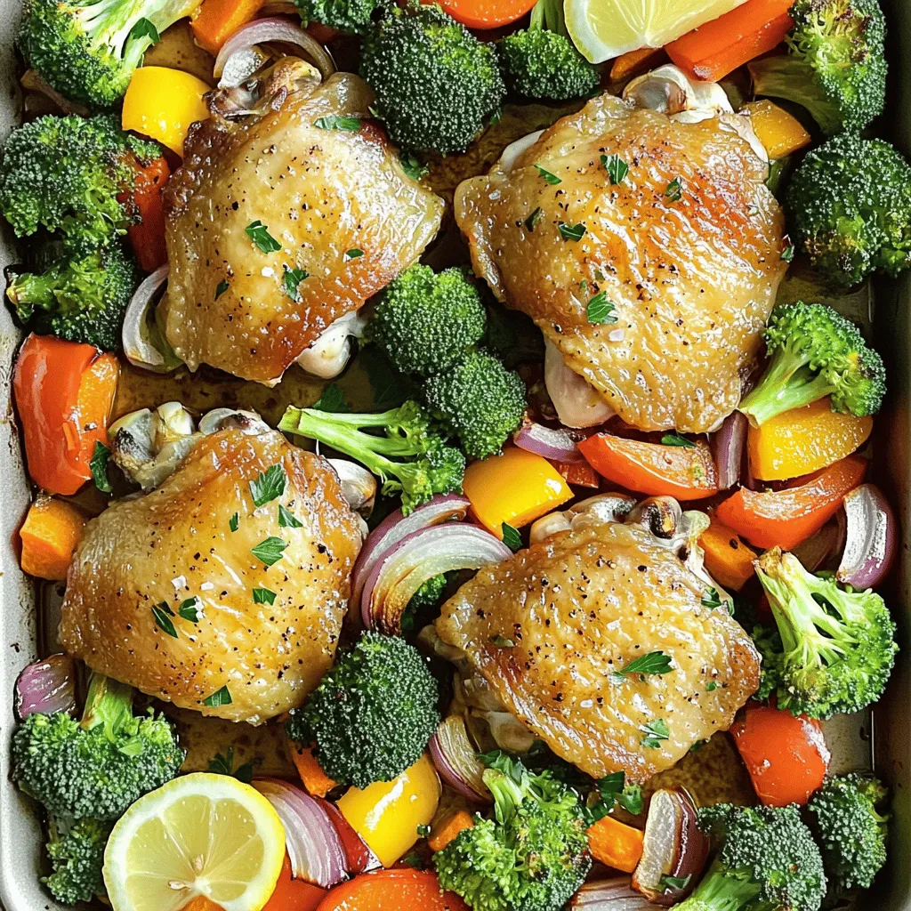- 4 chicken thighs (bone-in, skin-on for more flavor) - 2 cups broccoli florets - 2 cups bell peppers (mixed colors), sliced - 1 cup carrots, sliced - 1 large red onion, cut into wedges - 4 cloves garlic, minced - 4 tablespoons olive oil - 1 teaspoon smoked paprika - 1 teaspoon dried Italian herbs (oregano, basil, thyme) - Salt and pepper to taste - Juice of 1 lemon - Fresh parsley, chopped (for garnish) The main ingredients create a hearty, balanced meal. Chicken thighs offer rich flavor and juicy meat. The veggies add color, crunch, and nutrients. - Other veggie suggestions: zucchini, asparagus, or cherry tomatoes. - Protein alternatives: chicken breasts, shrimp, or tofu for a vegetarian option. Feel free to swap in your favorite veggies or proteins. This dish is flexible and easy to customize. - Sheet pan - Parchment paper - Mixing bowls Using a sheet pan makes cooking and cleanup simple. Parchment paper helps prevent sticking and saves time. Mixing bowls help you combine all the ingredients well. For the full recipe, check [Full Recipe]. This meal is quick, fun, and perfect for family nights. 1. Preheat oven and prepare the pan Start by preheating your oven to 425°F (220°C). Line a large sheet pan with parchment paper. This makes cleanup easy and helps the food not stick. 2. Seasoning the chicken In a large bowl, mix the chicken thighs with half of the olive oil, smoked paprika, Italian herbs, salt, and pepper. Use your hands to coat the chicken evenly. This step adds great flavor. 3. Tossing the vegetables In another bowl, combine the broccoli, bell peppers, carrots, and red onion. Add the remaining olive oil, minced garlic, lemon juice, and a pinch of salt and pepper. Toss everything well until the veggies are coated. 1. Arrange chicken and veggies on the sheet pan Place the seasoned chicken thighs on one side of the sheet pan. Spread the veggies out on the other side. Make sure they have space. This helps them roast well. 2. Roasting time and temperature Put the sheet pan in the preheated oven. Roast everything for 25-30 minutes. The chicken should reach an internal temperature of 165°F (75°C). The veggies should be tender and lightly browned. 3. Ensuring proper doneness Check the chicken with a meat thermometer. If it’s not done, return it to the oven for a few more minutes. The veggies should be soft but not mushy. 1. Resting time Once done, take the sheet pan out of the oven. Let it rest for a few minutes. This helps the juices settle in the chicken. 2. Garnishing before serving Before you serve, sprinkle fresh chopped parsley on top. This adds a lovely color and fresh taste. You can serve directly from the pan or transfer to a platter for a nicer look. For the full recipe, check out the details above! - Avoiding overcrowding the pan: Make sure to space the chicken and veggies apart. Crowding can lead to steaming instead of roasting. This means less crispiness and flavor. Always use a large enough sheet pan for even cooking. - Adjusting cooking time based on thickness: Chicken thighs take longer than chicken breasts. If you use different cuts, check them often. A meat thermometer helps ensure chicken reaches 165°F. This keeps everything juicy and safe to eat. - Experimenting with other herbs and spices: Don't be afraid to mix it up! Try using rosemary, cumin, or even a bit of chili powder. Each herb brings its own taste. This makes your dish exciting and new each time. - Marinating chicken ahead for extra flavor: Marinating chicken for a few hours or overnight adds depth to the taste. Use olive oil, vinegar, and your favorite spices. The longer you marinate, the better it gets! - Pairing ideas (sides and sauces): Serve with rice, quinoa, or a simple green salad. A tasty sauce, like a yogurt sauce or chimichurri, brightens the meal. It adds moisture and flavor, making every bite enjoyable. - Presentation tips: A great way to serve is directly from the sheet pan. This gives a rustic feel. For a fancier touch, transfer everything to a large platter. Drizzle more lemon juice and sprinkle fresh parsley. This adds color and freshness to the meal. For the full recipe, check out the Sheet Pan Chicken and Veggies Delight. {{image_2}} You can use different chicken cuts in this recipe. Chicken breasts are leaner than thighs. They cook quickly and stay juicy when roasted right. Thighs have more fat, which adds rich flavor and moisture. If you want a healthier option, try skinless chicken. Skinless cuts reduce fat while still giving good taste. Change the veggies based on the season. In spring, use asparagus and snap peas. Summer is great for zucchini and cherry tomatoes. Fall brings squash and Brussels sprouts. Winter is perfect for root veggies like carrots and parsnips. You can also add starches like potatoes or sweet potatoes. They give a hearty feel and bake well with chicken. Make this dish gluten-free by checking the spice labels. Most spices are safe, but some may have gluten. For a low-carb version, skip starchy veggies. Use more non-starchy options like green beans or cauliflower. This keeps the meal light and healthy, perfect for various diets. For the full recipe, check the details above. To store leftovers, let the dish cool completely. Place chicken and veggies in an airtight container. This keeps them fresh and prevents odors. In the fridge, your meal lasts about 3 to 4 days. Always check for any signs of spoilage before eating. To freeze for later use, portion out the chicken and veggies. Use freezer-safe bags or containers. Squeeze out excess air to prevent freezer burn. They can stay good for up to 3 months. When you’re ready to eat, thaw in the fridge overnight. For reheating, the oven is best. It keeps the chicken crispy and veggies tender. Preheat the oven to 350°F (175°C). Place the meal in a dish, cover it with foil, and heat for about 15-20 minutes. If you use a microwave, heat in short bursts to avoid sogginess. This way, you maintain texture and flavor. If the chicken is undercooked, check its internal temperature. Use a meat thermometer to ensure it reaches 165°F (75°C). If it’s below this, return it to the oven. Cook for an extra 5 to 10 minutes. Check the temperature again to be sure. Yes, you can use frozen veggies. However, you will need to adjust the cooking time. Frozen veggies often need a few extra minutes to cook. They may also release more water, which can change the texture. If you want crispy veggies, consider roasting them separately. You can easily make this recipe healthier. Start by reducing the oil and salt. Try using half the amount of oil. You can also add more vegetables like spinach or zucchini. This boosts fiber and nutrients without adding many calories. In this post, I covered the key ingredients and steps for a delicious roasted chicken meal. You learned about main ingredients, optional add-ins, and the needed equipment. I also shared cooking tips, variations for dietary needs, and proper storage techniques. Remember, creating this dish lets you experiment and enjoy meals that fit your taste. Embrace these ideas to make your cooking fun and tasty. Happy cooking!