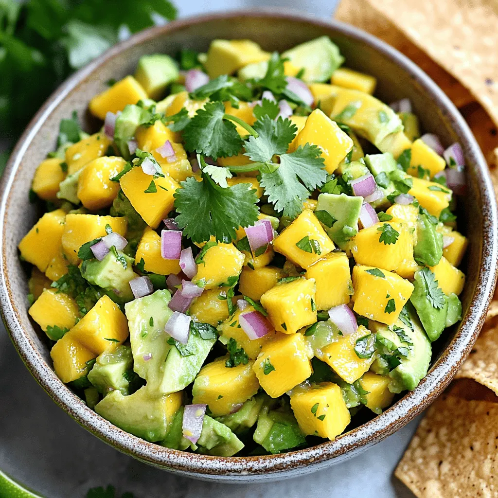 - Ripe mango - 2 avocados - 1 small red onion - 1 jalapeño - 1/4 cup fresh cilantro - 2 tablespoons lime juice - Zest of 1 lime - Salt and pepper The key to great Mango Avocado Salsa is the freshness of the ingredients. Each one brings unique flavors and textures. Ripe mango adds sweetness and a bright color. Choose a mango that feels slightly soft when you press it. Avocados provide a creamy base. Look for avocados that yield to gentle pressure. Red onion gives a nice crunch and a mild bite. Finely chop it for the best results. Jalapeño adds heat. Take out the seeds if you prefer less spice. Fresh cilantro brings a burst of flavor. Make sure to chop it finely so it mixes well. Lime juice and zest provide acidity. This balances the sweetness of the mango and richness of the avocado. Salt and pepper enhance all the flavors. Adjust to your taste. - Calories per serving: Approximately 120 - Macronutrients breakdown: - Carbohydrates: 15g - Protein: 2g - Fat: 6g Each ingredient offers health benefits. Mango is rich in vitamins A and C. It helps with immune function and skin health. Avocado is full of healthy fats. These fats support heart health and improve nutrient absorption. Red onion has antioxidants. These can help reduce inflammation in the body. Jalapeño may boost metabolism. It can also help with digestion. Cilantro is full of vitamins K and A. It may also help detoxify the body. Lime juice is a great source of vitamin C. It helps with iron absorption and skin health. Using fresh, wholesome ingredients makes this salsa not just tasty but healthy too! If you're eager to try making it, check out the Full Recipe for all the steps. How to dice a mango and avocado First, grab a ripe mango. Cut off the sides, avoiding the pit. Then, make small cuts in the flesh to create cubes. Use a spoon to scoop them out. For the avocado, cut it in half and remove the pit. Use a spoon to scoop the flesh, then dice it into small pieces. Chopping tips for onion and jalapeño For the red onion, peel away the outer layer. Cut it in half, then slice it thinly. Aim for small pieces to mix well. For the jalapeño, slice it in half and remove the seeds. Mince it finely if you want more heat. Use gloves if you prefer to avoid the spice on your hands. Mixing and seasoning the salsa In a large bowl, combine the diced mango and avocado. Add the chopped onion and minced jalapeño. Toss in the fresh cilantro. Squeeze lime juice over everything, and add lime zest. Gently mix to combine, taking care not to mash the avocado. Finally, season with salt and pepper to your taste. Best ways to serve Mango Avocado Salsa Serve the salsa in a colorful bowl. This makes it look fresh and inviting. Garnish with extra cilantro leaves on top for a pop of color. Pairing ideas with chips, chicken, or fish This salsa shines with tortilla chips as a tasty snack. You can also spoon it over grilled chicken or fish for a bright, fresh flavor. It adds a wonderful twist to any meal. Preparation time Getting everything ready takes about 15 minutes. You will enjoy the quick and easy prep. Total time for making the salsa From start to finish, making this salsa takes around 25 minutes. It's fast, fresh, and full of flavor. To boost the flavor of your mango avocado salsa, try adding fresh herbs. You can use basil or mint for a new twist. They add a bright taste that pairs well with mango. Adjust the heat by adding jalapeño. If you want milder salsa, remove the seeds. For more spice, keep some seeds in. This simple change can make a big difference. Prevent avocado browning by using lime juice right away. The acid in lime helps keep avocados green and fresh. Another trick is to store them in water until you are ready to mix. To keep your mango fresh longer, store it at room temperature until ripe. Once ripe, you can refrigerate it. This slows down the oxidation process and keeps it sweet. Store leftover salsa in an airtight container. This helps keep the flavors intact. If you have a lot left, divide it into smaller portions. Use glass containers for storing salsa. They help keep flavors fresh and do not absorb odors. Plus, they are easy to clean and reuse. For the full recipe, check the section above. Enjoy making and sharing your mango avocado salsa! {{image_2}} You can make Mango Avocado Salsa your own. Try adding other fruits like pineapple or peach. These fruits add sweetness and a fun twist. You can also mix in different herbs, like mint or parsley. Each herb brings a new flavor. Don’t be afraid to experiment with what you like. This salsa fits many diets. It is vegan, so anyone can enjoy it. You can also make low-carb versions. Use less mango or skip it to cut carbs. This way, you still get great taste without the extra sugars. Using seasonal ingredients keeps salsa fresh and bright. In summer, add fresh tomatoes or bell peppers. In the fall, try using diced apples for crunch. Adjust flavors to fit the season. For a winter touch, use pomegranate seeds for color and sweetness. Each season offers new tastes to explore. For the full recipe, check out the detailed instructions above! Can I make Mango Avocado Salsa ahead of time? Yes, you can make this salsa ahead of time. It tastes great when chilled. However, the avocados may brown. To slow this, add lime juice and store in an airtight container. How long does Mango Avocado Salsa last in the fridge? This salsa lasts about 2 days in the fridge. After that, the flavors may fade. If you notice browning, just mix it up again to refresh the look. What can I substitute for lime juice? You can use lemon juice if you don’t have lime juice. It gives a similar tangy taste. Another option is vinegar, like apple cider vinegar, but use less. Alternatives for avocado or mango? If you can’t find avocados, try using diced cucumbers. They add crunch. For mango, use diced peaches or nectarines. They offer a sweet, juicy flavor. What dishes pair well with this salsa? This salsa is perfect with tortilla chips. It also goes well on grilled chicken or fish. You can even use it as a topping for tacos or burritos. How spicy is this salsa, and can I adjust it? The spice level depends on the jalapeño used. If you prefer less heat, remove the seeds. For more spice, add a pinch of crushed red pepper or use a spicier pepper. - Ingredients list recap: - 1 ripe mango, diced - 2 avocados, diced - 1 small red onion, finely chopped - 1 jalapeño, deseeded and minced - 1/4 cup fresh cilantro, chopped - 2 tablespoons lime juice - Zest of 1 lime - Salt and pepper to taste To make Mango Avocado Salsa, start by gathering all the fresh ingredients. Each one plays a key role. The ripe mango gives sweetness, while the avocado adds creaminess. The red onion brings a nice crunch and bite. The jalapeño adds heat, but you can adjust it to your taste. Fresh cilantro provides a bright flavor. Lime juice and zest add citrus notes, tying everything together. - Step-by-step instructions summary: 1. Begin by dicing the ripe mango and avocados into small, even pieces. Place them in a large mixing bowl. 2. Finely chop the red onion and add it to the mixing bowl with the mango and avocado. 3. Carefully deseed and mince the jalapeño. Adjust the amount based on how spicy you like it, then add it. 4. Chop the fresh cilantro and mix it in for a burst of flavor. 5. Squeeze lime juice over the mixture and add the lime zest for a fresh kick. 6. Gently toss all the ingredients together. Be careful not to mash the avocados. 7. Season with salt and pepper to taste. Mix again lightly to combine everything evenly. 8. Let the salsa sit for at least 10 minutes. This allows the flavors to meld beautifully. This recipe takes only about 15 minutes to prep. The total time is around 25 minutes. You’ll have a fresh and colorful dish ready to enjoy. Serve it in a lovely bowl with extra cilantro on top. Pair it with tortilla chips or use it as a topping for grilled chicken or fish. This salsa is a fresh delight! You can find the Full Recipe for more detailed steps. Mango Avocado Salsa is fresh, tasty, and easy to make. We explored ingredients, preparation, and serving suggestions. You can add your twist with different fruits or herbs. This salsa suits various diets and is perfect for any season. Remember to store leftovers properly to keep them fresh. Enjoy this vibrant dish with chips or as a topping on your meals. Your friends and family will love it. Dive into making this salsa today!