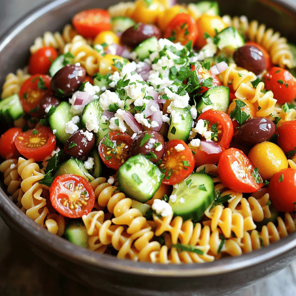 - 8 oz (230g) whole grain pasta (fusilli or penne) - 1 cup cherry tomatoes, halved - 1 cucumber, diced - 1/2 red onion, finely chopped - 1/2 cup Kalamata olives, pitted and halved - 1/2 cup crumbled feta cheese - 1/4 cup fresh parsley, chopped - 1/4 cup olive oil - 2 tablespoons red wine vinegar - 1 clove garlic, minced - 1 teaspoon dried oregano - Salt and pepper to taste Each ingredient plays a key role in the taste of Greek pasta salad. The whole grain pasta gives a hearty base. I love using fusilli or penne because they hold the dressing well. Cherry tomatoes add a burst of color and sweetness. Cucumbers bring a refreshing crunch that balances the flavors. Red onion adds a sharp bite. Kalamata olives give a briny taste and depth. Feta cheese adds creaminess and saltiness. Fresh parsley provides a bright note and a pop of green. Olive oil acts as the main dressing, while red wine vinegar adds tang. Garlic and oregano bring aromatic qualities, making every bite delicious. Calories per serving: Approximately 250 Macronutrients breakdown: - Carbohydrates: 35g - Protein: 8g - Fat: 10g Knowing the nutritional facts helps you enjoy this dish guilt-free. It’s packed with flavor and nutrients. The balance of carbs, protein, and healthy fats makes it a great meal option. You can swap whole grain pasta for gluten-free pasta. If you can’t find Kalamata olives, green olives work too. For a creamier texture, try goat cheese instead of feta. In summer, add bell peppers or zucchini for extra veggies. In fall, consider roasted butternut squash for a seasonal twist. Being flexible with ingredients keeps the salad fresh and fun! To cook pasta until al dente, bring a pot of water to a boil. Add a pinch of salt to the water. Then, add the whole grain pasta. Cook it according to the package instructions. This usually takes about 8 to 10 minutes. You want it firm but not hard. After cooking, drain the pasta in a colander. Rinse it with cold water right away. This stops the cooking and keeps the pasta from getting mushy. It also cools the pasta down for your salad. Now, it’s time to mix all the tasty ingredients. Start by placing the cooled pasta in a large mixing bowl. Next, add the halved cherry tomatoes, diced cucumber, finely chopped red onion, Kalamata olives, and crumbled feta cheese. To ensure even distribution, gently fold the ingredients together. You want every bite to have a mix of flavors. Be careful not to mash the tomatoes or cheese. Just a gentle toss will do. For the dressing, grab a small bowl. Whisk together the olive oil, red wine vinegar, minced garlic, dried oregano, salt, and pepper. Make sure everything blends well. Tasting the dressing is crucial. Adjust the salt and pepper as needed. A good dressing brings all the flavors together, so don’t skip this step. Now pour the dressing over the pasta and vegetable mix. Toss gently again until everything is well-coated. This is where the magic happens! If you want the full recipe, check out the Mediterranean Delight Pasta Salad. To make your Greek pasta salad pop, try adding herbs and spices. Fresh herbs like basil and mint can brighten the dish. You can also use dried herbs, such as oregano or thyme, for a stronger flavor. Fresh ingredients often taste better, but dried ones can work well too. If you have fresh tomatoes, use them instead of canned for a juicier bite. A squeeze of lemon juice can also add a nice zing. Serving style matters! Use a large bowl for a family-style meal or individual plates for a fancy touch. For a pop of color, sprinkle extra olives and parsley on top. You might even add a few slices of lemon or cucumber to the edge of the bowl. This makes the dish look fresh and inviting. Remember, we eat with our eyes first! To save time, prepare your ingredients ahead of time. Chop your veggies and herbs the night before. Store them in airtight containers to keep them fresh. If you have leftovers, store them in a sealed container in the fridge. This way, you can enjoy your salad later without fuss. Just give it a quick toss before serving to mix everything again. {{image_2}} You can change your Greek pasta salad with regional flavors. For an Italian twist, try adding sun-dried tomatoes and mozzarella. These ingredients add depth and richness. You can also mix in some basil for a fresh touch. If you want a Middle Eastern flair, add spices like cumin and sumac. These spices bring warmth and boldness. You can also include roasted vegetables for extra texture and taste. If you follow a vegan diet, swap feta cheese for a plant-based option. Nutritional yeast can provide a cheesy flavor without dairy. You can also add chickpeas for extra protein and fiber. For gluten-free options, choose gluten-free pasta made from rice or quinoa. These options are just as tasty and allow everyone to enjoy this dish. Seasonal ingredients can change your pasta salad. In summer, use bright cherry tomatoes and cucumbers. They are fresh and hydrating. In fall, consider roasted butternut squash and kale for a heartier dish. You can also add nuts or seeds for crunch. For festive presentations, serve in hollowed-out vegetables like bell peppers. This makes your dish visually appealing and fun to eat. Try out these variations to keep your Greek pasta salad exciting and fresh! For the full recipe, check out the Mediterranean Delight Pasta Salad. To keep your Greek pasta salad fresh, use an airtight container. Glass or plastic containers work well. If you have a lot of salad, divide it into smaller portions. This makes it easy to grab a quick meal. Before storing, let the salad cool to room temperature. This step helps avoid moisture buildup. When you're ready to eat, just take out what you need. To reheat, use a microwave for a quick warm-up. Stir it gently to heat evenly. In the fridge, your Greek pasta salad lasts about 3 to 5 days. Make sure to check for signs of spoilage. If the pasta looks mushy or the vegetables get slimy, it's time to toss it. A sour smell is also a clear sign that the salad has gone bad. Always trust your senses to keep food safe. Can you freeze Greek pasta salad? Yes, but it can change the texture. If you freeze it, use a freezer-safe container. Keep it sealed tightly to avoid freezer burn. When you're ready to eat, thaw it in the fridge overnight. This method helps maintain flavor. Avoid thawing at room temperature, as it can lead to spoilage. If you plan to freeze, consider leaving out the dressing. Add it after thawing for the best taste. To make Greek Pasta Salad vegetarian, simply skip any meat. Many flavors come from veggies and cheese. You can use more olives or add artichoke hearts. Toss in some roasted red peppers for a nice touch. The key is to keep the taste bold, so don’t hold back on herbs and spices. You can use many pasta types, but some work better. Whole grain pasta gives a nice nutty flavor. Fusilli or penne helps the dressing cling. If you prefer gluten-free, try brown rice pasta or quinoa pasta. Just cook it as directed and rinse with cold water. Greek Pasta Salad stays fresh for about three days in the fridge. To keep the flavors strong, cover it tightly. If you see any water pooling, just drain it before serving. The salad tastes even better after chilling, so let it rest for at least 30 minutes. For toppings, think about adding more texture and flavor. Chopped fresh dill or mint can brighten the dish. Toasted pine nuts add a nice crunch. You can also sprinkle more feta cheese or add sliced radishes for a peppery kick. These toppings enhance both taste and look. This blog post covered the delicious Greek pasta salad recipe, from ingredients to storage. You learned how to mix flavors, make a tasty dressing, and present the dish nicely. Don't forget the tips for storing or freezing your salad. Remember, this recipe is flexible. Try seasonal ingredients or dietary swaps to fit your needs. Enjoy making this salad, and share it with friends for a fresh, tasty meal!