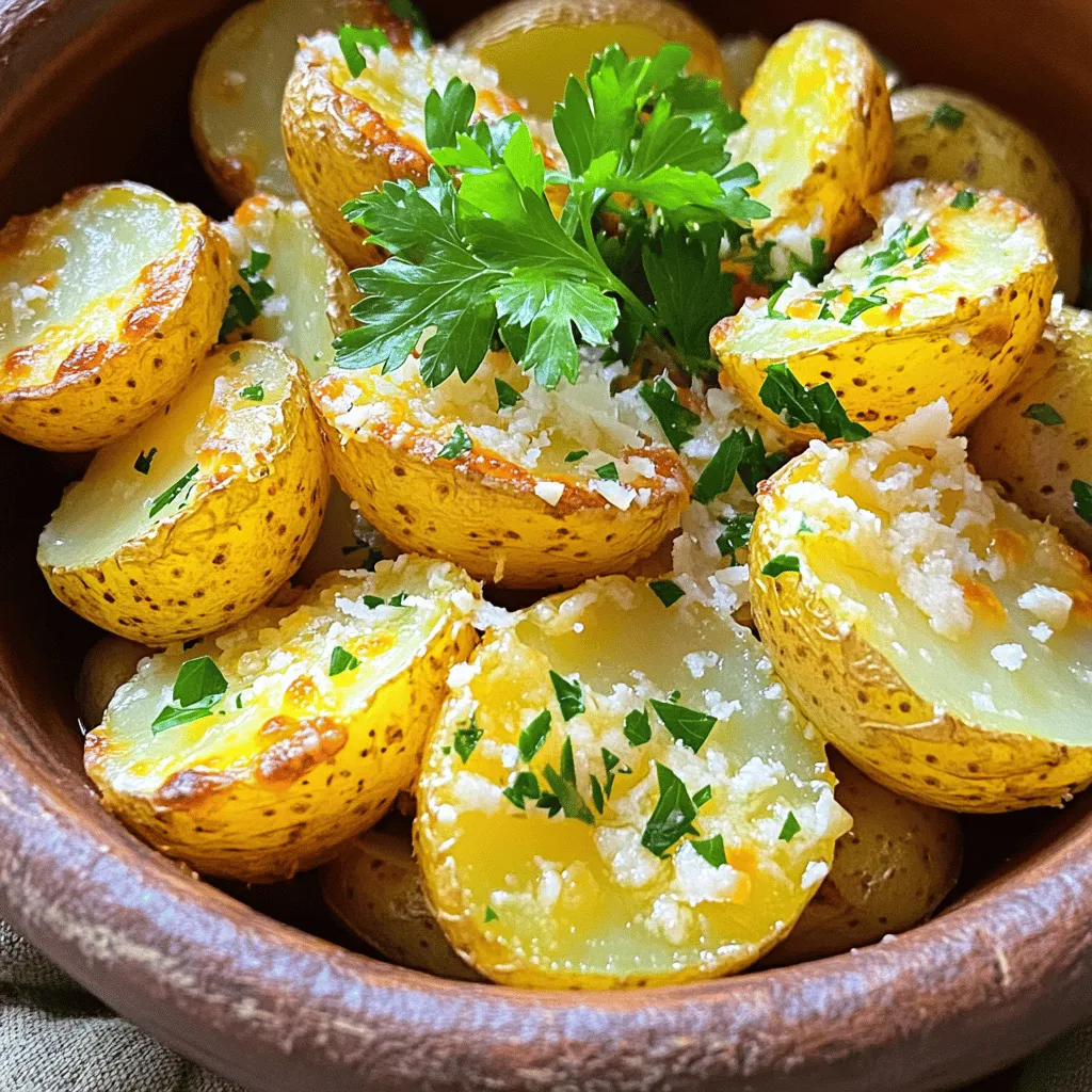 - 2 pounds baby potatoes, halved - 3 tablespoons olive oil - 4 cloves garlic, minced - 1 teaspoon dried rosemary - 1 teaspoon dried thyme - ½ cup grated Parmesan cheese - Salt and pepper to taste - Fresh parsley, chopped (for garnish) When I make Garlic Parmesan Roasted Potatoes, I love the simple, fresh ingredients. First, baby potatoes are perfect. Their small size lets them cook quickly and get crispy. Halving them helps with even cooking. Next, I use olive oil for richness. It helps the potatoes brown well. The garlic adds a strong flavor that makes this dish special. I always use fresh garlic, minced finely. It gives a punch that pairs well with the cheese. I add dried rosemary and thyme for a cozy taste. These herbs mix nicely and add depth. Salt and pepper are key to bring all the flavors together. Finally, the Parmesan cheese makes it all better. It melts and gets golden, adding a nice crunch. I like to garnish with fresh parsley. It adds color and a fresh taste. For the full recipe, check out the details above. Enjoy your cooking! - Preheat oven to 400°F (200°C). - In a large bowl, mix halved potatoes with olive oil, garlic, rosemary, thyme, salt, and pepper. Toss until the potatoes are coated well. This step is key. The olive oil helps the potatoes crisp up in the oven. The garlic and herbs add great flavor. Make sure every piece is covered. - Spread the potatoes evenly on a baking sheet lined with parchment paper. - Roast for 25 minutes, turning halfway through. Even heat is important. Spreading the potatoes out helps them cook evenly. Turning them halfway ensures they get crispy on all sides. You want that golden brown look! - After 25 minutes, take the baking sheet out. Sprinkle the grated Parmesan cheese evenly over the potatoes. - Roast for an additional 5-10 minutes until the cheese melts and turns slightly golden. The cheese adds a rich flavor and a nice crunch. Keep an eye on them so they don’t burn. When they come out, let them cool for a few minutes. Then, garnish with fresh parsley before serving. This process makes Garlic Parmesan Roasted Potatoes a crispy and tasty dish you’ll love. For the full recipe, check out the source. To get those golden, crispy potatoes, spread them out in a single layer on your baking sheet. When they touch, they steam instead of roast. This steaming keeps them soft, but we want crunch! Set your oven to 400°F (200°C). This heat works best to brown the potatoes. If you cook them at too low a temperature, they will not crisp up well. Want to kick up the flavor? Try adding herbs like oregano or basil. They work well with garlic and Parmesan. A pinch of smoked paprika adds a nice touch too. To really boost the garlic flavor, use fresh garlic instead of powdered. You can also roast the garlic beforehand. This will sweeten it and give it a deep flavor. You can prep the potatoes the night before. Just cut them and toss them in olive oil and seasoning. Keep them in the fridge until you are ready to roast. If you have leftovers, store them in an airtight container. When you reheat, use the oven for best results. Just place them on a baking sheet and heat at 350°F (175°C) until hot. {{image_2}} You can change the cheese to fit your taste. Instead of Parmesan, try Gruyère or cheddar. Both add a rich flavor. For potatoes, baby potatoes work great, but you can use Yukon Gold or red potatoes too. Each type gives a different texture. Yukon Golds are creamy, while reds are firmer. Want to spice things up? Make Mediterranean-style roasted potatoes. Add olives and feta cheese. The salty olives and creamy feta mix well with garlic and herbs. Or try a Southwest version. Add spices like cumin and chili powder. Toss in some jalapeños for heat. This twist gives the dish a fun kick. These Garlic Parmesan Roasted Potatoes pair well with many main dishes. Serve them with grilled chicken or steak. They also go great with fish. For dips, try ranch or a spicy aioli. A tangy yogurt sauce is another good choice. These dips add extra flavor and fun to your meal. For the full recipe, check out the details on how to make these amazing potatoes. To keep your Garlic Parmesan Roasted Potatoes fresh, place them in an airtight container. This helps prevent them from drying out. Store them in the fridge for up to four days. Make sure they are fully cooled before sealing. You can freeze your roasted potatoes if you want to save some for later. Let them cool completely first. Then, place them in a freezer-safe bag or container. They can stay frozen for up to three months. When you're ready to eat, reheat them in the oven at 400°F (200°C) for about 15-20 minutes. This keeps them crispy and tasty. Transforming your leftovers into new meals is easy! Try adding them to a salad for extra texture and flavor. You can also use them in casseroles or frittatas. Mixing them with eggs creates a hearty breakfast dish. The options are endless! For more ways to enjoy your Garlic Parmesan Roasted Potatoes, check out the Full Recipe. To make your roasted potatoes crispy, follow these tips: - Use small, even-sized baby potatoes. This helps them cook evenly. - Dry the potatoes well before seasoning. Moisture can make them soggy. - Toss them in olive oil and seasonings. This adds flavor and crunch. - Spread the potatoes out on the baking sheet. Give them space to brown. - Turn them halfway through cooking. This ensures all sides get crispy. - Add the Parmesan cheese at the end. This keeps it from burning. These steps will give you the best texture and flavor. Yes, you can prepare Garlic Parmesan Roasted Potatoes ahead of time. - Cut and season the potatoes, then store them in the fridge for a day. - You can also roast them fully and store leftovers. Just cool them first. - To reheat, place them in a hot oven for about 10-15 minutes. This helps them regain their crispiness. Plan ahead for easy meal prep or gatherings! Garlic Parmesan Roasted Potatoes pair well with many dishes. - Serve them with grilled chicken or steak for a hearty meal. - They complement fresh salads, like a Caesar or mixed greens. - Try them with roasted vegetables for a colorful plate. - They also go great with a dipping sauce, like ranch or aioli. These ideas will make your meals more enjoyable and balanced. For the complete recipe, check out the Full Recipe section. To sum up, we explored the tasty Garlic Parmesan Roasted Potatoes. You learned the key ingredients, like baby potatoes and garlic, along with cooking steps. I shared tips for crispiness and flavor boosts, plus fun variations. Remember to store leftovers well or turn them into new meals. These potatoes can pair with many dishes to please every palate. Enjoy making them and sharing the joy of cooking with others.