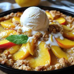 - 4 large ripe peaches, peeled and sliced - 1 tablespoon lemon juice - 1/4 cup brown sugar - 1 teaspoon vanilla extract - 1 cup rolled oats - 1/2 cup all-purpose flour - 1/3 cup granulated sugar - 1 teaspoon ground cinnamon - 1/4 teaspoon salt - 1/2 cup cold unsalted butter, cubed Gathering these ingredients is the first step to making a peach crumble dessert. Start with ripe peaches. They should be soft and fragrant. The lemon juice keeps the peaches fresh and bright. Brown sugar adds sweetness and depth. Vanilla extract enhances all the flavors. For the crumble, rolled oats give it a nice texture. All-purpose flour binds everything together. Granulated sugar adds sweetness, while ground cinnamon brings warmth. A little salt balances the flavors. The cold butter is key. It creates a flaky topping that contrasts with the juicy peaches. This simple list helps you prepare for a tasty treat. For the full recipe, follow the steps that come next. - Step 1: Preheat the oven and prepare your baking dish First, set your oven to 350°F (175°C). This is the perfect temperature for baking your crumble. Next, take a 9x9 inch baking dish and grease it lightly with butter or cooking spray. This will help the crumble not stick. - Step 2: Combine the peach filling ingredients In a large bowl, add the sliced peaches. Pour in the lemon juice, brown sugar, and vanilla extract. You want to mix this gently. Make sure the peaches are coated well. Once mixed, pour the peach filling into your greased baking dish. - Step 3: Prepare the crumble topping In another bowl, combine the rolled oats, all-purpose flour, granulated sugar, ground cinnamon, and salt. Mix these dry ingredients well. Then, take the cold, cubed butter and add it to the bowl. You can use a pastry cutter or your fingers. Mix until the mixture looks like coarse crumbs. - Step 4: Bake and let cool Now, sprinkle the crumble topping evenly over the peach filling in the baking dish. Place it in your preheated oven. Bake for 25-30 minutes. You know it’s done when the topping is golden brown and the peaches are bubbly. Once baked, take it out and let it cool slightly before serving. For the full recipe, check out the details above. Enjoy your peach crumble dessert warm, maybe with a scoop of ice cream! - Choosing the best peaches: Look for ripe, firm peaches. They should smell sweet. Use yellow or white peaches for great flavor. Avoid any bruised or soft spots. - How to achieve a crispy crumble topping: Mix the butter into the dry ingredients well. Use cold butter for a flaky texture. Don’t over-mix; it should look like coarse crumbs. Bake until golden for the best crunch. - Serving suggestions for enhanced flavor: Serve the crumble warm with vanilla ice cream. A scoop adds creaminess and balance. You can also top it with fresh mint leaves for a pop of color. A drizzle of caramel sauce makes it even better. For a twist, try it with yogurt instead of ice cream. For the full recipe, check out the details in the earlier section. Enjoy your cooking! {{image_2}} You can make your peach crumble even more fun with a few easy twists. First, consider adding nuts. Chopped pecans or walnuts add great crunch and flavor. You can mix them into the topping or sprinkle them on top of the peach layer. Another way to change it up is by using other fruits. Berries, like blueberries or raspberries, work well with peaches. They add a tartness that balances the sweetness. You can also try mixing in apples or plums for a unique taste. If you want a healthier version, think about using alternative sweeteners. Honey or maple syrup can replace sugar. These options give a different flavor and are often less processed. You could also use coconut sugar for a richer taste. For those needing gluten-free options, swap all-purpose flour for almond flour or oat flour. Both work nicely in the crumble topping. You can also use gluten-free oats to keep the recipe safe for everyone. Don't forget to check out the Full Recipe for more details! After enjoying your peach crumble, you may have some leftovers. Storing them properly keeps them fresh and tasty. - Storing leftovers in the fridge: Place the crumble in an airtight container. This helps keep it moist. Store it in the fridge for up to three days. Make sure to cover it well to avoid drying out. - Freezing peach crumble dessert: If you want to save it for a later date, freezing works great. First, let the crumble cool completely. Then, wrap it tightly in plastic wrap. After that, place it in a freezer-safe container or bag. It can last up to three months in the freezer. - Best methods for reheating: For the best taste, reheat in the oven. Preheat your oven to 350°F (175°C). Place the crumble in an oven-safe dish. Heat for about 15-20 minutes until warm. You can also use the microwave. Heat individual servings for about one minute, checking if it’s hot enough. These storage tips will help keep your peach crumble dessert ready for your next sweet craving. For a full recipe, check out the details above. Can I use frozen peaches? Yes, you can use frozen peaches. Just thaw them first. Drain any excess juice to avoid a soggy crumble. This keeps the dessert tasty and helps it bake well. How do I know when the crumble is done? You can tell the crumble is done when it turns golden brown. The peaches should also bubble up around the edges. Keep an eye on it during the last few minutes to avoid burning. Is it necessary to peel the peaches? Peeling the peaches is not a must, but it helps the texture. The skin can add a slight bitterness. If you prefer a smooth bite, go ahead and peel them. For added fiber, you can leave the skin on. For the complete recipe, check the Full Recipe section. Peach crumble is a simple yet delicious dessert. We covered key ingredients and easy steps to prepare it. I shared tips for picking the best peaches and how to get a crisp topping. Variations can make this dish even better. You can add nuts or use healthier sweeteners. Remember to store leftovers well to keep them fresh. This dessert is sure to please at any gathering. Enjoy the process and the tasty result of your hard work.