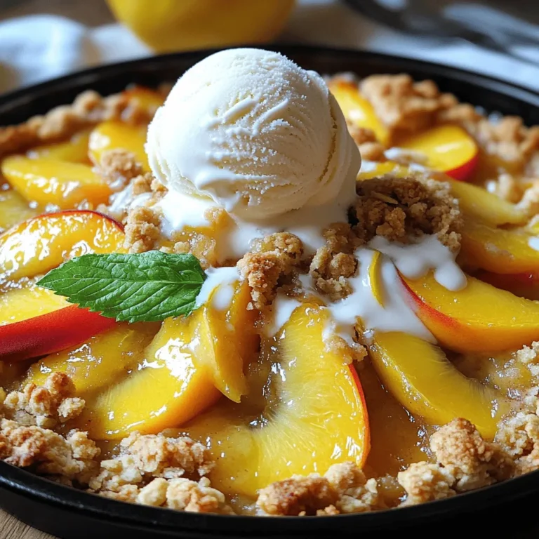 - 4 large ripe peaches, peeled and sliced - 1 tablespoon lemon juice - 1/4 cup brown sugar - 1 teaspoon vanilla extract - 1 cup rolled oats - 1/2 cup all-purpose flour - 1/3 cup granulated sugar - 1 teaspoon ground cinnamon - 1/4 teaspoon salt - 1/2 cup cold unsalted butter, cubed Gathering these ingredients is the first step to making a peach crumble dessert. Start with ripe peaches. They should be soft and fragrant. The lemon juice keeps the peaches fresh and bright. Brown sugar adds sweetness and depth. Vanilla extract enhances all the flavors. For the crumble, rolled oats give it a nice texture. All-purpose flour binds everything together. Granulated sugar adds sweetness, while ground cinnamon brings warmth. A little salt balances the flavors. The cold butter is key. It creates a flaky topping that contrasts with the juicy peaches. This simple list helps you prepare for a tasty treat. For the full recipe, follow the steps that come next. - Step 1: Preheat the oven and prepare your baking dish First, set your oven to 350°F (175°C). This is the perfect temperature for baking your crumble. Next, take a 9x9 inch baking dish and grease it lightly with butter or cooking spray. This will help the crumble not stick. - Step 2: Combine the peach filling ingredients In a large bowl, add the sliced peaches. Pour in the lemon juice, brown sugar, and vanilla extract. You want to mix this gently. Make sure the peaches are coated well. Once mixed, pour the peach filling into your greased baking dish. - Step 3: Prepare the crumble topping In another bowl, combine the rolled oats, all-purpose flour, granulated sugar, ground cinnamon, and salt. Mix these dry ingredients well. Then, take the cold, cubed butter and add it to the bowl. You can use a pastry cutter or your fingers. Mix until the mixture looks like coarse crumbs. - Step 4: Bake and let cool Now, sprinkle the crumble topping evenly over the peach filling in the baking dish. Place it in your preheated oven. Bake for 25-30 minutes. You know it’s done when the topping is golden brown and the peaches are bubbly. Once baked, take it out and let it cool slightly before serving. For the full recipe, check out the details above. Enjoy your peach crumble dessert warm, maybe with a scoop of ice cream! - Choosing the best peaches: Look for ripe, firm peaches. They should smell sweet. Use yellow or white peaches for great flavor. Avoid any bruised or soft spots. - How to achieve a crispy crumble topping: Mix the butter into the dry ingredients well. Use cold butter for a flaky texture. Don’t over-mix; it should look like coarse crumbs. Bake until golden for the best crunch. - Serving suggestions for enhanced flavor: Serve the crumble warm with vanilla ice cream. A scoop adds creaminess and balance. You can also top it with fresh mint leaves for a pop of color. A drizzle of caramel sauce makes it even better. For a twist, try it with yogurt instead of ice cream. For the full recipe, check out the details in the earlier section. Enjoy your cooking! {{image_2}} You can make your peach crumble even more fun with a few easy twists. First, consider adding nuts. Chopped pecans or walnuts add great crunch and flavor. You can mix them into the topping or sprinkle them on top of the peach layer. Another way to change it up is by using other fruits. Berries, like blueberries or raspberries, work well with peaches. They add a tartness that balances the sweetness. You can also try mixing in apples or plums for a unique taste. If you want a healthier version, think about using alternative sweeteners. Honey or maple syrup can replace sugar. These options give a different flavor and are often less processed. You could also use coconut sugar for a richer taste. For those needing gluten-free options, swap all-purpose flour for almond flour or oat flour. Both work nicely in the crumble topping. You can also use gluten-free oats to keep the recipe safe for everyone. Don't forget to check out the Full Recipe for more details! After enjoying your peach crumble, you may have some leftovers. Storing them properly keeps them fresh and tasty. - Storing leftovers in the fridge: Place the crumble in an airtight container. This helps keep it moist. Store it in the fridge for up to three days. Make sure to cover it well to avoid drying out. - Freezing peach crumble dessert: If you want to save it for a later date, freezing works great. First, let the crumble cool completely. Then, wrap it tightly in plastic wrap. After that, place it in a freezer-safe container or bag. It can last up to three months in the freezer. - Best methods for reheating: For the best taste, reheat in the oven. Preheat your oven to 350°F (175°C). Place the crumble in an oven-safe dish. Heat for about 15-20 minutes until warm. You can also use the microwave. Heat individual servings for about one minute, checking if it’s hot enough. These storage tips will help keep your peach crumble dessert ready for your next sweet craving. For a full recipe, check out the details above. Can I use frozen peaches? Yes, you can use frozen peaches. Just thaw them first. Drain any excess juice to avoid a soggy crumble. This keeps the dessert tasty and helps it bake well. How do I know when the crumble is done? You can tell the crumble is done when it turns golden brown. The peaches should also bubble up around the edges. Keep an eye on it during the last few minutes to avoid burning. Is it necessary to peel the peaches? Peeling the peaches is not a must, but it helps the texture. The skin can add a slight bitterness. If you prefer a smooth bite, go ahead and peel them. For added fiber, you can leave the skin on. For the complete recipe, check the Full Recipe section. Peach crumble is a simple yet delicious dessert. We covered key ingredients and easy steps to prepare it. I shared tips for picking the best peaches and how to get a crisp topping. Variations can make this dish even better. You can add nuts or use healthier sweeteners. Remember to store leftovers well to keep them fresh. This dessert is sure to please at any gathering. Enjoy the process and the tasty result of your hard work.