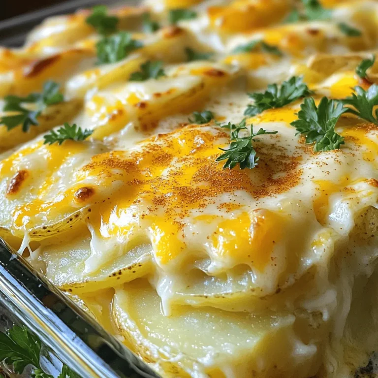 To make cheesy scalloped potatoes, you will need: - 4 large russet potatoes, thinly sliced - 2 cups sharp cheddar cheese, shredded - 1 cup whole milk - 1 cup heavy cream - 1 medium onion, finely chopped - 3 cloves garlic, minced - 3 tablespoons butter - 1 teaspoon dried thyme - 1 teaspoon smoked paprika - Salt and pepper to taste - Fresh parsley, chopped (for garnish) These ingredients create the rich and creamy flavors that make this dish so comforting. The key to cheesy scalloped potatoes lies in the cheese. I use sharp cheddar for its bold taste. The creamy mixture of milk and heavy cream adds richness. The butter, onion, and garlic give depth. Thyme and smoked paprika add layers of flavor. Each bite should be a balance of creaminess and cheesy goodness. You can easily make this dish vegan. Use plant-based cheese and cream. Almond or oat milk works well instead of dairy milk. For butter, use vegan butter or coconut oil. These swaps keep the dish creamy while meeting dietary needs. The flavors may differ slightly, but the dish remains delicious. Feel free to experiment until you find your perfect blend. To make your cheesy scalloped potatoes shine, start with fresh and firm russet potatoes. Thinly slice them. A sharp knife or mandoline works best. For even cooking, try to keep all slices the same thickness. Gather your ingredients ahead of time. This way, you can work smoothly and efficiently. 1. First, preheat your oven to 375°F (190°C). Grease a 9x13 inch baking dish with butter. 2. Next, melt the butter in a saucepan over medium heat. Add the chopped onion and minced garlic. Sauté them until the onion turns translucent, which takes about five minutes. 3. Pour in the whole milk and heavy cream. Stir to mix well. Add the dried thyme, smoked paprika, salt, and pepper. Heat this mixture until it is just warm. 4. Now, start layering your potatoes. Place them in the greased baking dish, overlapping slightly. Pour a thin layer of the cream mixture over the potatoes. Then, sprinkle some shredded cheddar cheese on top. 5. Repeat this process with the remaining potatoes, cream mixture, and cheese. Finish off with a generous layer of cheese on top. 6. Cover the baking dish with aluminum foil. Bake it in the preheated oven for 40 minutes. 7. After 40 minutes, remove the foil. Continue baking for another 20-30 minutes. You want the potatoes to be tender and the cheese to be bubbling and golden brown. 8. Once done, let the dish cool for 10 minutes before serving. Garnish it with fresh parsley for added color and flavor. Serve cheesy scalloped potatoes hot. They pair well with roasted meats or a fresh salad. You can also enjoy them on their own as a hearty side dish. If you want to impress, sprinkle extra cheese or herbs on top right before serving. For the full recipe, check out the details above. To get creamy potatoes, slice them thin. Use a sharp knife or a mandolin. Thin slices cook evenly. Soak the potatoes in water for a bit to remove starch. This helps with creaminess. When you layer them, pour the cream mixture slowly. Let it seep in. Cover the dish with foil at first, so the steam helps cook the potatoes. Remove the foil later to brown the cheese. Sharp cheddar is the star of cheesy scalloped potatoes. It melts well and has a strong taste. You can mix in Gruyère for a nutty flavor. Fontina adds creaminess, while mozzarella gives a gooey texture. Try using a mix of these cheeses for depth. Just make sure to use about 2 cups of cheese total. Always shred your cheese fresh for the best melt. One big mistake is not seasoning enough. Always add salt and pepper to the cream mix. Another error is overcooking the potatoes. They should be tender but not mushy. Lastly, avoid skipping the resting time. Let the dish cool for 10 minutes before serving. This helps the layers set and makes it easier to cut. For the full recipe, check the details above. {{image_2}} You can make cheesy scalloped potatoes even tastier by adding bacon or ham. Cook about 6 slices of bacon until crispy. Chop it into small pieces. If you prefer ham, use about 1 cup of diced ham. Layer these meaty bits between the potatoes and cheese. This addition brings a smoky flavor that pairs well with the creamy sauce. Fresh herbs can brighten up your cheesy scalloped potatoes. Try adding fresh rosemary or basil. Chop about 1 tablespoon of either herb and mix it into the cream sauce. You can also sprinkle some on the top before baking. This adds a pop of color and fresh taste. Other good options include parsley or chives, which give a mild flavor. If you want to make your dish vegetarian, consider adding spinach or mushrooms. For spinach, use about 2 cups of fresh leaves. Sauté them briefly until they wilt, then layer them between the potatoes. For mushrooms, slice about 8 ounces and cook until soft. This will add a rich, earthy flavor that works well with the cheese. You can find these ideas in the Full Recipe, which has more ways to customize your dish. After enjoying your cheesy scalloped potatoes, let them cool down. Place leftovers in an airtight container. Store them in the fridge. They will stay fresh for about three to four days. Make sure to cover the dish tightly to keep moisture in. When you're ready to enjoy the leftovers, preheat your oven to 350°F (175°C). Place the potatoes in an oven-safe dish. Add a splash of milk or cream to keep them moist. Cover the dish with foil to prevent drying out. Heat for about 20 minutes, or until warmed through. You can also microwave them for faster results, but the oven gives a better texture. You can freeze cheesy scalloped potatoes for longer storage. First, let them cool completely. Then, portion them into freezer-safe containers or bags. Remove as much air as possible. They can last up to two months in the freezer. To reheat, thaw them in the fridge overnight and then bake as directed. This helps maintain the creamy texture. For the full recipe, check out the [Full Recipe]. I prefer using russet potatoes for scalloped potatoes. They have a high starch content. This gives the dish a creamy texture. You can also use Yukon Gold potatoes. They add a buttery flavor and hold up well. Avoid waxy potatoes like red or new potatoes. They won’t soften as nicely in the oven. Yes, you can prepare cheesy scalloped potatoes ahead of time. Assemble the dish up to the baking step. Cover it tightly with plastic wrap and store it in the fridge. It can stay fresh for up to 24 hours. When you're ready to bake, remove the wrap and bake as directed. You may need to add a few extra minutes to the baking time. To make cheesy scalloped potatoes gluten-free, simply replace the flour with cornstarch. You can also use gluten-free cream. Most heavy creams are naturally gluten-free. Always check the labels to be sure. This way, you can enjoy a delicious dish without any gluten concerns. In this article, we covered key ingredients for cheesy scalloped potatoes. You learned about essential ingredients, vegan options, and detailed cooking tips. I shared ways to make your dish creamy and the best cheese blends for taste. Remember, adding bacon or fresh herbs can enhance flavor, while proper storage keeps leftovers tasty. Embrace these ideas, avoid common mistakes, and enjoy your cheesy creation!