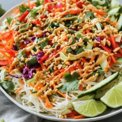 To create a tasty Thai peanut noodle salad, you need fresh and vibrant ingredients. Here’s what you'll need: - 8 oz rice noodles - 1 cup shredded carrots - 1 red bell pepper, julienned - 1 cup cucumber, thinly sliced - 1/2 cup red cabbage, shredded - 1/4 cup scallions, chopped - 1/4 cup fresh cilantro, chopped - 1/3 cup unsweetened peanut butter - 3 tablespoons soy sauce (or tamari for gluten-free) - 2 tablespoons honey or maple syrup - 2 tablespoons lime juice - 1 tablespoon sesame oil - 1 teaspoon sriracha (adjust for spice preference) - Crushed peanuts for garnish - Lime wedges for serving Each ingredient adds flavor, color, and texture to your dish. Rice noodles provide a soft base. Fresh veggies like carrots and bell peppers add crunch. The peanut dressing brings everything together with a rich, nutty taste. You can find the full recipe [here]. Enjoy the process of preparing this salad! It’s simple and healthy, making it a great choice for lunch or dinner. Start by boiling water in a large pot. Use enough water to cover the noodles. Once it boils, add the rice noodles. Cook them for about 6 to 8 minutes, or until they are just tender. Stir them a few times to keep them from sticking. After cooking, drain the noodles. Rinse them under cold water to stop the cooking process and to cool them down. Set them aside for later. While the noodles cook, chop your vegetables. For carrots, use a grater for thin shreds. Cut the red bell pepper into thin strips, called julienne. Slice the cucumber into thin rounds. Shred the red cabbage using a sharp knife or mandoline. Chop the scallions into small pieces. Finally, roughly chop the cilantro. Place all the chopped vegetables into a large mixing bowl and mix them well. In a separate bowl, make the peanut dressing. Add the peanut butter, soy sauce, honey (or maple syrup), lime juice, sesame oil, and sriracha. Whisk these ingredients together until they become smooth. If the dressing is too thick, you can add a tablespoon of warm water to thin it out. Taste the dressing and adjust it to your liking. Now it’s time to combine everything. Add the cooled noodles to the bowl of mixed vegetables. Pour the peanut dressing over the top. Gently toss the noodles and vegetables together. Make sure every piece is coated in the dressing. This step is key for great flavor! To serve, divide the salad into bowls. Top with crushed peanuts for a nice crunch. Add lime wedges on the side for extra zest. For a great presentation, serve the salad on a large, shallow platter. Arrange the noodles and vegetables in a circle. Sprinkle with crushed peanuts and fresh cilantro on top for a pop of color. Enjoy your meal warm or cold! For the full recipe, refer back to the earlier section. To make the best Thai peanut noodle salad, cook the rice noodles just right. Follow the package instructions closely. I suggest cooking them until they are al dente, not mushy. When done, drain and rinse the noodles with cold water. This stops the cooking and keeps them firm. Using fresh ingredients is key. Crisp vegetables add great flavor and texture. Choose vibrant carrots, bright bell peppers, and crunchy cucumbers. Freshness makes your salad pop! You can mix things up with the dressing. If you don’t have peanut butter, try almond or sunflower seed butter. Both work well and taste great! Adjust the spice level to fit your taste. Add more sriracha if you like heat. For less spice, use just a dash or skip it. You can also add a bit of ginger for extra flavor. Garnishing is an easy way to make your dish shine. Top the salad with crushed peanuts. This adds a crunchy texture. Sprinkle fresh cilantro on top for color. Choose the right serving dish for a nice look. A large, shallow platter works best. Arrange the noodles and veggies in a circular pattern. Place lime wedges around the edge for a bright touch. For the full recipe, check it out [here](Full Recipe). {{image_2}} You can easily turn this dish into a vegetarian delight. Adding tofu or tempeh gives protein and texture. Both options soak up the dressing well. For extra crunch, try adding roasted chickpeas. You can also swap in vegetables like zucchini or bell peppers instead of the usual ones. This keeps the salad fresh and exciting. If you want more protein, chicken or shrimp works great. Cooked chicken adds a savory flavor. Shrimp cooks quickly and brings a sweet taste. For a vegan option, consider edamame or seitan. These choices keep your meal filling and nutritious. For gluten-free eaters, choose rice noodles. They are easy to find and taste great. If you use soy sauce, opt for tamari instead. This keeps your dressing gluten-free too. Many brands offer gluten-free versions, so check labels. These swaps ensure everyone can enjoy this tasty salad. To keep your Thai Peanut Noodle Salad fresh, refrigerate it right away. Place leftovers in an airtight container. This helps keep the flavors and textures intact. You can store it in the fridge for up to three days. Recommended storage containers: - Glass containers with lids - BPA-free plastic containers - Mason jars for individual servings If you want to save your salad for later, freezing is a great option. However, keep in mind that fresh veggies may lose some crunch. You can freeze the noodles and the dressing separately for the best results. Freezing options: tips and techniques: - Portion the salad into freezer-safe bags. - Remove as much air as possible before sealing. - Label the bags with the date for easy tracking. Thawing and reheating instructions: - To thaw, place the bag in the fridge overnight. - Reheat the noodles in a pan with a splash of water, stirring gently. - Add fresh veggies after reheating to maintain their crispness. For the best eating experience, enjoy your Thai Peanut Noodle Salad fresh. But these storage tips will help you make the most of your delicious meal! For the complete recipe, check out the Full Recipe. To make this salad vegan, swap the honey with maple syrup. You will keep the other ingredients the same. The peanut butter, soy sauce, and fresh veggies are all vegan-friendly. This simple swap keeps the salad sweet and tasty. Yes, you can use other noodles! Rice noodles are great, but you can try: - Soba noodles - Udon noodles - Zucchini noodles for a low-carb option These alternatives add different textures and flavors. This salad pairs well with many dishes. Here are some options: - Grilled chicken or shrimp for added protein - Spring rolls for a fun appetizer - A light soup, like miso or vegetable soup These side dishes enhance your meal and make it more filling. The salad lasts about three days in the fridge. Store it in an airtight container. If you add the dressing, it may get soggy over time. To keep it fresh, store the dressing separately and mix it in before serving. Yes, you can make the dressing ahead of time! Store it in a jar with a lid. It will stay fresh for about one week in the fridge. Just give it a good shake before using it again. This way, you save time when preparing the salad. For the full recipe, check out the complete guide! This blog post covered how to make a tasty Thai Peanut Noodle Salad. You learned about the right ingredients, like rice noodles and fresh veggies. I shared simple steps for cooking and combining everything, plus tips for perfecting your dish. In conclusion, this salad is flexible and easy to customize. Enjoy experimenting with flavors and ingredients that suit your taste. Whether you choose chicken, tofu, or just veggies, you'll create a fun and healthy meal. Get ready to delight your friends and family with this delicious dish!