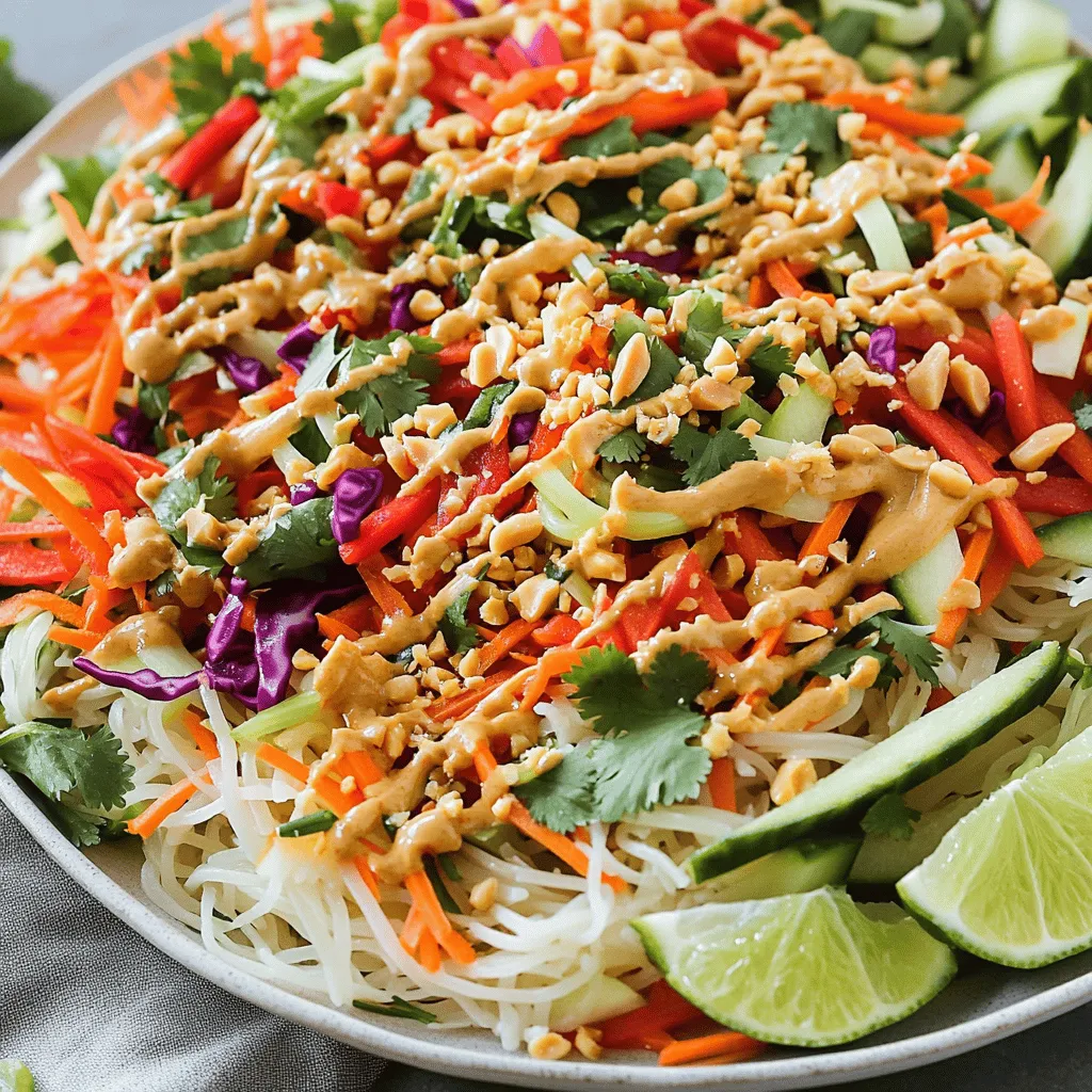 To create a tasty Thai peanut noodle salad, you need fresh and vibrant ingredients. Here’s what you'll need: - 8 oz rice noodles - 1 cup shredded carrots - 1 red bell pepper, julienned - 1 cup cucumber, thinly sliced - 1/2 cup red cabbage, shredded - 1/4 cup scallions, chopped - 1/4 cup fresh cilantro, chopped - 1/3 cup unsweetened peanut butter - 3 tablespoons soy sauce (or tamari for gluten-free) - 2 tablespoons honey or maple syrup - 2 tablespoons lime juice - 1 tablespoon sesame oil - 1 teaspoon sriracha (adjust for spice preference) - Crushed peanuts for garnish - Lime wedges for serving Each ingredient adds flavor, color, and texture to your dish. Rice noodles provide a soft base. Fresh veggies like carrots and bell peppers add crunch. The peanut dressing brings everything together with a rich, nutty taste. You can find the full recipe [here]. Enjoy the process of preparing this salad! It’s simple and healthy, making it a great choice for lunch or dinner. Start by boiling water in a large pot. Use enough water to cover the noodles. Once it boils, add the rice noodles. Cook them for about 6 to 8 minutes, or until they are just tender. Stir them a few times to keep them from sticking. After cooking, drain the noodles. Rinse them under cold water to stop the cooking process and to cool them down. Set them aside for later. While the noodles cook, chop your vegetables. For carrots, use a grater for thin shreds. Cut the red bell pepper into thin strips, called julienne. Slice the cucumber into thin rounds. Shred the red cabbage using a sharp knife or mandoline. Chop the scallions into small pieces. Finally, roughly chop the cilantro. Place all the chopped vegetables into a large mixing bowl and mix them well. In a separate bowl, make the peanut dressing. Add the peanut butter, soy sauce, honey (or maple syrup), lime juice, sesame oil, and sriracha. Whisk these ingredients together until they become smooth. If the dressing is too thick, you can add a tablespoon of warm water to thin it out. Taste the dressing and adjust it to your liking. Now it’s time to combine everything. Add the cooled noodles to the bowl of mixed vegetables. Pour the peanut dressing over the top. Gently toss the noodles and vegetables together. Make sure every piece is coated in the dressing. This step is key for great flavor! To serve, divide the salad into bowls. Top with crushed peanuts for a nice crunch. Add lime wedges on the side for extra zest. For a great presentation, serve the salad on a large, shallow platter. Arrange the noodles and vegetables in a circle. Sprinkle with crushed peanuts and fresh cilantro on top for a pop of color. Enjoy your meal warm or cold! For the full recipe, refer back to the earlier section. To make the best Thai peanut noodle salad, cook the rice noodles just right. Follow the package instructions closely. I suggest cooking them until they are al dente, not mushy. When done, drain and rinse the noodles with cold water. This stops the cooking and keeps them firm. Using fresh ingredients is key. Crisp vegetables add great flavor and texture. Choose vibrant carrots, bright bell peppers, and crunchy cucumbers. Freshness makes your salad pop! You can mix things up with the dressing. If you don’t have peanut butter, try almond or sunflower seed butter. Both work well and taste great! Adjust the spice level to fit your taste. Add more sriracha if you like heat. For less spice, use just a dash or skip it. You can also add a bit of ginger for extra flavor. Garnishing is an easy way to make your dish shine. Top the salad with crushed peanuts. This adds a crunchy texture. Sprinkle fresh cilantro on top for color. Choose the right serving dish for a nice look. A large, shallow platter works best. Arrange the noodles and veggies in a circular pattern. Place lime wedges around the edge for a bright touch. For the full recipe, check it out [here](Full Recipe). {{image_2}} You can easily turn this dish into a vegetarian delight. Adding tofu or tempeh gives protein and texture. Both options soak up the dressing well. For extra crunch, try adding roasted chickpeas. You can also swap in vegetables like zucchini or bell peppers instead of the usual ones. This keeps the salad fresh and exciting. If you want more protein, chicken or shrimp works great. Cooked chicken adds a savory flavor. Shrimp cooks quickly and brings a sweet taste. For a vegan option, consider edamame or seitan. These choices keep your meal filling and nutritious. For gluten-free eaters, choose rice noodles. They are easy to find and taste great. If you use soy sauce, opt for tamari instead. This keeps your dressing gluten-free too. Many brands offer gluten-free versions, so check labels. These swaps ensure everyone can enjoy this tasty salad. To keep your Thai Peanut Noodle Salad fresh, refrigerate it right away. Place leftovers in an airtight container. This helps keep the flavors and textures intact. You can store it in the fridge for up to three days. Recommended storage containers: - Glass containers with lids - BPA-free plastic containers - Mason jars for individual servings If you want to save your salad for later, freezing is a great option. However, keep in mind that fresh veggies may lose some crunch. You can freeze the noodles and the dressing separately for the best results. Freezing options: tips and techniques: - Portion the salad into freezer-safe bags. - Remove as much air as possible before sealing. - Label the bags with the date for easy tracking. Thawing and reheating instructions: - To thaw, place the bag in the fridge overnight. - Reheat the noodles in a pan with a splash of water, stirring gently. - Add fresh veggies after reheating to maintain their crispness. For the best eating experience, enjoy your Thai Peanut Noodle Salad fresh. But these storage tips will help you make the most of your delicious meal! For the complete recipe, check out the Full Recipe. To make this salad vegan, swap the honey with maple syrup. You will keep the other ingredients the same. The peanut butter, soy sauce, and fresh veggies are all vegan-friendly. This simple swap keeps the salad sweet and tasty. Yes, you can use other noodles! Rice noodles are great, but you can try: - Soba noodles - Udon noodles - Zucchini noodles for a low-carb option These alternatives add different textures and flavors. This salad pairs well with many dishes. Here are some options: - Grilled chicken or shrimp for added protein - Spring rolls for a fun appetizer - A light soup, like miso or vegetable soup These side dishes enhance your meal and make it more filling. The salad lasts about three days in the fridge. Store it in an airtight container. If you add the dressing, it may get soggy over time. To keep it fresh, store the dressing separately and mix it in before serving. Yes, you can make the dressing ahead of time! Store it in a jar with a lid. It will stay fresh for about one week in the fridge. Just give it a good shake before using it again. This way, you save time when preparing the salad. For the full recipe, check out the complete guide! This blog post covered how to make a tasty Thai Peanut Noodle Salad. You learned about the right ingredients, like rice noodles and fresh veggies. I shared simple steps for cooking and combining everything, plus tips for perfecting your dish. In conclusion, this salad is flexible and easy to customize. Enjoy experimenting with flavors and ingredients that suit your taste. Whether you choose chicken, tofu, or just veggies, you'll create a fun and healthy meal. Get ready to delight your friends and family with this delicious dish!