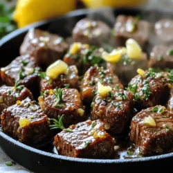 - 1 lb sirloin steak, cut into bite-sized cubes - 4 tablespoons unsalted butter - 5 cloves garlic, minced - 1 tablespoon fresh rosemary, chopped (or 1 teaspoon dried) - 1 tablespoon fresh thyme, chopped (or 1 teaspoon dried) - Salt and pepper to taste - 1 tablespoon olive oil - 1 tablespoon fresh parsley, chopped (for garnish) - Lemon wedges (for serving) When I make garlic butter steak bites, I love using fresh ingredients. The sirloin steak is key. It stays juicy and tender. For the butter, I prefer unsalted. This way, I control the salt. The minced garlic adds great flavor. Fresh herbs like rosemary and thyme elevate the dish. They bring out the steak's natural taste. If you don't have fresh herbs, dried ones work too. Just remember to use less. The olive oil is essential for cooking. It helps to sear the steak perfectly. The fresh parsley makes a lovely garnish. It adds a pop of color to the plate. Finally, serving lemon wedges gives a nice zing. The acidity cuts through the richness of the butter. This balance makes every bite enjoyable. For the full recipe, check the details above. First, you want to pat the steak cubes dry. This step helps achieve a great crust when cooking. Use paper towels to soak up any moisture. Next, season the steak cubes with salt and pepper. This simple seasoning enhances the meat's natural flavor. Start by heating your skillet. Add one tablespoon of olive oil and let it get hot. The oil should shimmer, showing it is ready. Cook the steak bites in batches. Place them in a single layer to avoid steaming. Sear for 2-3 minutes before flipping. Cook for another 2 minutes to reach medium-rare. Adjust the time for your preferred doneness. Once cooked, set the steak bites aside on a plate. In the same skillet, reduce the heat to medium. Add the butter and let it melt. Once melted, stir in the minced garlic, rosemary, and thyme. Cook for 1-2 minutes until fragrant. Be careful not to burn the garlic. After that, toss the steak bites in the garlic butter mixture. Coat them well for a delicious finish. Enjoy your Garlic Butter Steak Bites! For the complete preparation process, check the Full Recipe. To get steak bites just right, timing is key. Here are some tips for cooking: - Medium-Rare: Cook for 2-3 minutes on each side. - Medium: Cook for about 3-4 minutes on each side. - Well-Done: Cook for 4-5 minutes on each side. Make sure not to overcrowd the skillet. If you add too many steak bites at once, they will steam instead of sear. This will ruin that nice crust you want. Cook them in batches for the best result. To make your steak bites even tastier, try adding different herbs. Here are some great options: - Fresh basil - Oregano - A pinch of smoked paprika Be careful with the garlic. It burns easily. When you add it to the melted butter, keep an eye on it. Cook for just 1-2 minutes until fragrant. This adds a rich, savory flavor without the bitter taste of burnt garlic. How you serve your steak bites can impress your guests. Here are some ideas for stylish plating: - Use a large white plate for contrast. - Stack the steak bites for height. - Add a sprinkle of fresh parsley on top for color. For side dishes, consider these: - Creamy mashed potatoes - Roasted vegetables - A fresh green salad These sides balance the richness of the steak bites. They also add more color to your plate. Enjoy the full recipe to create a meal that looks as good as it tastes! {{image_2}} You can use different cuts of steak for this dish. Try ribeye or filet mignon. These cuts add rich flavor and tenderness. If you want to explore beyond beef, consider pork tenderloin. Chicken breast also works well. Just cut it into bite-sized pieces. Each meat brings its own taste and texture, making this dish versatile. To make your steak bites even better, add extra ingredients. Sautéed mushrooms add earthiness. Bell peppers bring a sweet crunch. Both pair well with garlic butter. You can also marinate the meat. Use soy sauce, Worcestershire sauce, or balsamic vinegar for a twist. Marinades add depth and can change the vibe of the dish. You can modify this recipe to fit your diet. For low-carb eaters, skip the bread and serve with salad. If you need gluten-free options, check sauces carefully. Many brands offer gluten-free soy sauce. For a vegan twist, use plant-based proteins like tempeh or mushrooms. The garlic butter can be replaced with vegan butter for a similar taste. To keep your garlic butter steak bites fresh, store them right after cooling. Place them in an airtight container. This helps lock in moisture and flavor. You can refrigerate them for up to three days. If you want to keep them longer, freezing is a great option. Use a freezer bag or airtight container for better protection. Label it with the date for easy tracking. Reheating steak bites can be tricky. You want them warm without overcooking. The best way is to use a skillet. Heat it on low and add a little butter or oil. Then, add the steak bites. Stir gently until they are warm. Avoid using the microwave, as it can dry them out. If you must use it, heat in short bursts. Check every 30 seconds to avoid cooking them further. Freezing garlic butter steak bites is simple. First, let them cool completely. Then, pack them in a freezer bag, removing as much air as you can. They can stay in the freezer for up to three months. To thaw, place them in the fridge overnight. For quick thawing, use the microwave on low. After thawing, you can reheat them in a skillet as mentioned above. This keeps the flavor and texture intact. For the full recipe, check out Sizzling Garlic Butter Steak Bites. Enjoy cooking! You can store garlic butter steak bites in the fridge for up to three days. To keep them fresh, place them in an airtight container. Make sure they cool down before sealing. When ready to eat, just reheat them gently. This helps keep their flavor and texture. Yes, you can use frozen steak! Just thaw it first in the fridge for at least 24 hours. When it's thawed, pat it dry before cooking. This helps get a good sear. If you cook it from frozen, the steak may not brown as well, and the cooking time will be longer. Garlic butter steak bites are great on their own, but you can serve them with sides. Try them with mashed potatoes or a fresh salad. You can also add a dipping sauce, like chimichurri or a garlic aioli. For a fun touch, serve them with lemon wedges for extra zest. For the full recipe, check out my detailed guide. Garlic butter steak bites are tasty and fun to make. We covered the key ingredients, cooking steps, and helpful tips. Remember to personalize the dish with your favorite herbs or sides. Don't shy away from experimenting with different meats or flavors. Store any leftovers correctly and enjoy them later. By following these steps, your steak bites will impress everyone. Now, roll up your sleeves and get cooking! Enjoy your delicious meal and the smiles it brings.