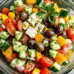 A classic Greek salad shines with fresh, vibrant ingredients. Here’s a closer look: - Fresh vegetables: Use ripe tomatoes, crisp cucumbers, sweet bell peppers, and sharp red onions. These add crunch and color to your salad. Freshness is key for the best flavor. - Importance of high-quality feta: Feta cheese gives the salad its signature taste. Choose a creamy, tangy feta for the best flavor. Look for cheese made from sheep's milk for authenticity. - Choosing the right olives: Kalamata olives are the traditional choice. They add a rich, briny flavor. Look for olives that are plump and firm for the best texture. Adding a few more ingredients can enhance your Greek salad: - Extra vegetables: Try adding thinly sliced radishes or shredded carrots. These add more crunch and a hint of sweetness. - Alternative cheese options: If you want to switch it up, consider using goat cheese or a mild mozzarella. These can give your salad a unique twist. A simple dressing can make or break your salad: - Basic vinaigrette recipe: Mix together extra virgin olive oil, red wine vinegar, and dried oregano. This dressing is light but flavorful. It complements the veggies well. - The role of oregano and herbs: Oregano is a must in Greek salads. It adds a warm, earthy flavor. Fresh herbs like parsley can also brighten the dish and add freshness. This classic Greek salad combines simple ingredients to create a delightful and colorful dish. For the full recipe, check out the Mediterranean Bliss Greek Salad. This Greek salad takes just 15 minutes to prep. You will need a large salad bowl, a small bowl for the dressing, and a whisk. Fresh ingredients matter. The better your veggies and cheese, the tastier your salad will be. 1. First, combine the diced tomatoes, cucumber, bell pepper, and red onion in the large bowl. 2. Gently toss these vegetables to mix them well. 3. Then, add the crumbled feta cheese and Kalamata olives on top of the veggies. 4. In the small bowl, whisk together olive oil, red wine vinegar, dried oregano, salt, and pepper. This is your dressing. 5. Pour the dressing over the salad, coating all the ingredients lightly. 6. Now, using gentle tosses, combine everything. Be careful not to mash the feta cheese. 7. Taste your salad. Adjust seasoning with more salt or pepper if needed. 8. Finally, garnish with fresh parsley leaves for an extra burst of flavor and color. Make your salad pop with color. Use a large, shallow bowl for a beautiful presentation. Pair it with grilled chicken or fish for a complete meal. This salad shines next to pita bread and hummus too. Enjoy your Mediterranean bliss! Check out the Full Recipe for more details. To make your Greek salad shine, use seasonal vegetables. Fresh produce adds bright flavors and textures. Look for ripe tomatoes and crisp cucumbers. They make a big difference in taste. Serve your salad chilled for the best experience. Cold ingredients keep everything fresh and crunchy. Don't overmix your salad. Toss gently to keep the feta intact. Overmixing can turn your salad into a mushy mess. Also, don't skimp on seasoning. A little salt and pepper can elevate the overall flavor. Taste as you go to find the perfect balance. Adjust the salad for dietary needs. Add grilled chicken for protein or chickpeas for a vegetarian twist. You can also swap feta with avocado or a dairy-free cheese. Feel free to get creative! Try adding fruits like watermelon or berries for a sweet touch. Explore different herbs, like basil or mint, to change the flavor profile. For the full recipe, check out the Mediterranean Bliss Greek Salad. {{image_2}} You can make Greek salad even better by adding proteins. Grilled chicken or shrimp gives it a boost of flavor and makes it heartier. If you want a vegetarian or vegan salad, swap out the feta for tofu or avocado. Both options keep the salad fresh and tasty. Each area of Greece has its own style of Greek salad. In Crete, they might add barley or use different local herbs. The islands often include capers or seaweed. Each twist brings new flavors, so don’t hesitate to use what you find in your local market. Combining Greek salad with dishes from nearby cultures can create fun new tastes. For example, adding roasted red peppers or artichokes gives a Mediterranean flair. You can even use different dressings, like tahini or lemon-based ones, to change the taste. Simple swaps can make your Greek salad unique and exciting. For the full recipe of a Classic Greek Salad, check out the Mediterranean Bliss Greek Salad! To keep your Greek salad fresh, follow these steps: - Place leftovers in an airtight container. - Store in the refrigerator for up to three days. - Avoid mixing in dressing until you serve. This keeps the veggies crisp. Watch for signs of spoilage. If the salad smells sour or looks slimy, it's best to toss it out. Fresh salads lose their crunch over time. Generally, you should not heat Greek salad. Heating changes the texture and taste. However, if you have leftover ingredients, try these ideas: - Make a pasta salad by mixing with cooked pasta. - Add to an omelet for a fresh twist. - Toss with roasted vegetables for a warm dish. These options keep the flavors bright without losing the salad’s charm. If you want to make Greek salad ahead of time, here’s how: - Chop vegetables and store them separately from the dressing. - Use small containers for easy portioning. - Glass containers work best, as they don’t absorb odors. Preparing in bulk saves time during busy weeks. Just mix and dress when you’re ready to eat. You can find the full recipe to guide you in your meal prep! A Classic Greek Salad is fresh and colorful. It typically includes: - 4 large ripe tomatoes, diced - 1 cucumber, peeled and diced - 1 bell pepper (red or yellow), diced - 1 red onion, thinly sliced - 200g feta cheese, crumbled - A handful of Kalamata olives - 1/4 cup extra virgin olive oil - 2 tablespoons red wine vinegar - 1 teaspoon dried oregano - Salt and pepper to taste - Fresh parsley leaves for garnish These ingredients work together to create a bright, tasty dish. The tomatoes and cucumbers give it crunch, while feta adds creaminess. The olives provide a salty note that perfectly balances the flavors. Yes, you can make Greek Salad in advance. However, it is best to store the dressing separately. This keeps the vegetables crisp. You can mix the salad and dressing when ready to serve. For storage, use an airtight container. The salad can last in the fridge for up to two days. Just check for freshness before eating. If you see any slimy vegetables, it is best to toss them. Greek Salad pairs well with many dishes. Here are some great options: - Grilled chicken or fish - Pita bread with hummus - Roasted vegetables - Quinoa or couscous These sides add protein and fiber. They also help create a balanced meal. I love serving Greek Salad with grilled meats for a satisfying dinner. For a lighter option, enjoy it with pita and hummus for a quick lunch. For the full recipe, check out the Mediterranean Bliss Greek Salad! This blog post took you through the key ingredients of a classic Greek salad. We discussed the importance of using fresh vegetables, quality feta, and the right olives. You learned about optional add-ins, dressings, and expert tips for perfecting your salad. Variations allow for exciting twists, and we covered proper storage, reheating, and meal prep. Now, you can create a delicious, vibrant Greek salad that reflects your taste. Enjoy experimenting with flavors and ingredients, and make this dish your own!