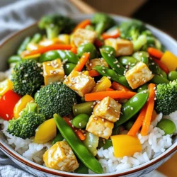 - Firm tofu - Fresh vegetables: - Broccoli - Bell peppers - Snap peas - Carrot - Red onion - Garlic - Ginger To start, you need firm tofu. This type holds its shape well when cooked. Next, gather fresh vegetables. I love using broccoli, colorful bell peppers, snap peas, carrot, and red onion. These add great taste and crunch. Garlic and ginger boost the flavor too. They make your dish smell amazing! - Sesame oil - Soy sauce or tamari - Sesame seeds - Salt - Pepper For cooking, sesame oil gives a nice nutty taste. You can use soy sauce or tamari for seasoning. This adds a savory touch to your stir fry. Don’t forget sesame seeds! They add crunch and look great on top. Lastly, season with salt and pepper to make the flavors pop. - Cooked rice - Quinoa - Optional garnishes: fresh herbs Serve your stir fry over cooked rice or quinoa. This makes a filling meal. You can add fresh herbs as garnishes. Cilantro or green onions add a fresh note. For the full recipe, check the details above. Enjoy your colorful and tasty vegetable stir fry with tofu! To start, press the tofu. This step helps remove excess moisture. Wrap the block of firm tofu in a clean kitchen towel. Place a weight on top. Let it sit for about 15-20 minutes. After pressing, cut the tofu into bite-sized cubes. This helps it cook evenly. Next, heat 1 tablespoon of sesame oil in a large non-stick skillet or wok over medium-high heat. Add the cubed tofu to the pan. Sauté the tofu for 5-7 minutes. You want it to be golden brown on all sides. Once cooked, remove the tofu from the skillet and set it aside. This gives the tofu a nice texture. In the same skillet, add the other tablespoon of sesame oil. Next, toss in the sliced red onion, minced garlic, and grated ginger. Stir-fry these for about 2 minutes. You want the onion to become translucent. Then, add the broccoli florets, bell peppers, snap peas, and julienned carrot. Stir-fry these vegetables for about 5-7 minutes. You should aim for tender-crisp veggies that keep their bright color. After the veggies are ready, return the cooked tofu to the skillet. Drizzle soy sauce over your stir-fry. Toss everything gently to mix it well. Cook for an extra 1-2 minutes to heat through. Finally, season with salt and pepper to taste. For a delightful crunch, sprinkle sesame seeds on top. Serve the stir-fry over bowls of cooked rice or quinoa. This makes for a hearty and satisfying meal. For more detailed instructions, check the Full Recipe. To get the best texture in your tofu, start by pressing it. Pressing removes moisture, which helps the tofu crisp up. Wrap the tofu in a clean kitchen towel and place a weight on top. Let it sit for about 15-20 minutes. After pressing, cut it into small cubes. Sauté the tofu in sesame oil over medium-high heat. Cook until golden brown on all sides. This simple technique gives you a crispy outside and a soft inside. To keep your veggies bright and crunchy, cook them quickly. Stir-frying is the best method. Heat your oil in a hot skillet. Add the hardest vegetables first, like carrots and broccoli. Cook for a few minutes before adding softer ones, like bell peppers and snap peas. Stir-fry for about 5-7 minutes. This helps retain their color and keeps them crisp. Always keep an eye on them to avoid overcooking. You can boost the flavor of your stir fry in many ways. Add fresh herbs, like basil or cilantro, at the end. They add a burst of freshness. You can also try different sauces. Instead of just soy sauce, add a splash of chili sauce for heat. A drizzle of rice vinegar adds tang. Experiment with these flavors to find what you love. {{image_2}} You can mix and match your veggies. Use what you like or what’s fresh. - Zucchini adds a nice crunch. - Mushrooms bring a rich flavor. - Baby corn adds fun texture. - Spinach or kale gives extra nutrients. Try seasonal veggies too! In spring, use asparagus. In fall, add squash. Each choice makes your stir fry special. If you want to switch up the protein, don’t worry! Tofu is great, but there are other options. - Tempeh offers a nutty taste and firm texture. - Chicken is a classic choice for meat lovers. - Shrimp cooks quickly and adds a seafood twist. - Chickpeas make it hearty and filling for vegans. Feel free to experiment with these proteins. They can change the whole dish. If you need gluten-free, tamari is your friend! It’s a tasty substitute for soy sauce. - Tamari has a similar flavor without the gluten. - Always check labels to avoid hidden gluten. This way, everyone can enjoy your delicious stir fry. Make it work for you and your friends! To keep your vegetable stir fry fresh, store leftovers in an airtight container. Place it in the fridge within two hours of cooking. This helps keep the flavors bright and the texture good. Use the leftovers within three to four days for the best taste. If you want to keep it longer, freezing is a great option. When you want to reheat your stir fry, use a skillet over medium heat. This method helps keep the tofu and veggies crisp. Add a splash of water or broth to the pan to create steam. Stir it often for about five minutes until everything is hot. This keeps your meal tasty and prevents it from drying out. Yes, you can freeze vegetable stir fry with tofu! First, let it cool completely. Then, pack it in a freezer-safe container or bag. Remove as much air as possible. You can freeze it for up to three months. When ready to eat, thaw in the fridge overnight. Reheat on the stove or microwave for a quick meal. Enjoy your delicious stir fry again! This vegetable stir fry with tofu lasts about 3 to 5 days in the fridge. Store it in an airtight container. Make sure it cools down before sealing. This way, the tofu keeps its texture and flavor. Yes, you can make this dish ahead of time. Cook the stir fry, let it cool, and store it in the fridge. You can prep the tofu and vegetables a day before. Just keep them separate until you're ready to cook. This helps keep everything fresh. You can mix and match the vegetables. Try adding zucchini, mushrooms, or spinach. You can also switch the tofu for tempeh or chicken for a different taste. For a spicy kick, add sliced jalapeños or chili flakes. The options are endless! Yes, this recipe is fully vegan. It uses tofu, fresh veggies, and plant-based sauces. You can enjoy it without worrying about animal products. It's a great choice for anyone looking to eat more plant-based meals. You can find the full recipe for the vegetable stir fry with tofu within this article. It includes all the steps and tips to make your cooking easy and fun. This post outlined how to make a delicious tofu stir-fry. I covered the key ingredients and how to prepare them. You learned tips for cooking tofu and vegetables perfectly. I shared variations to suit your taste and dietary needs. In conclusion, this stir-fry is tasty, easy, and versatile. Use this guide to create your own version. Enjoy cooking and experimenting with flavors!