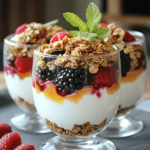 To make a healthy Greek yogurt parfait, you need simple, fresh items. Here are the key ingredients: - 2 cups Greek yogurt (plain, low-fat or non-fat) - 1 cup granola (choose a low-sugar variety) - 1 cup mixed berries (strawberries, blueberries, raspberries) - 2 tablespoons honey or maple syrup (optional, adjust to taste) - A pinch of cinnamon - Fresh mint leaves for garnish These ingredients work well together. The yogurt gives creaminess, while the granola adds crunch. Berries bring brightness and natural sweetness. You can add your own twist with these optional ingredients: - Nuts (like almonds or walnuts) - Seeds (like chia or flaxseed) - Coconut flakes - Other fruits (like bananas or peaches) - Yogurt flavors (like vanilla or berry) Feel free to mix and match. Don’t be afraid to try new things. Each ingredient can change the taste and look of your parfait. Each ingredient in your parfait comes with health benefits: - Greek yogurt is high in protein. It helps keep you full and supports muscle health. - Granola provides fiber. It helps with digestion and keeps your gut happy. - Mixed berries are rich in vitamins and antioxidants. They support your immune system and are great for skin health. - Honey or maple syrup can add sweetness. Use sparingly for a little energy boost. - Cinnamon may help lower blood sugar levels. It also adds a warm flavor. - Mint leaves are refreshing and can aid digestion. Incorporating these ingredients makes your parfait both tasty and healthy. Enjoy the creamy, crunchy, and fruity layers in every bite! For the full recipe, check the details above. To start, grab a medium bowl. Add 2 cups of Greek yogurt. I prefer plain, low-fat yogurt for its rich taste. Next, mix in a pinch of cinnamon. If you want some sweetness, add 2 tablespoons of honey or maple syrup. Stir well until combined. Make sure to taste it. Adjust the sweetness if needed. This mixture will be the creamy base of your parfait. Now, it's time to build your parfait. Take serving glasses or bowls. Start by adding a layer of the yogurt mixture at the bottom. Use about a quarter of the yogurt mix for each glass. Then, sprinkle a layer of granola on top. I suggest using a low-sugar granola for a healthier option. Next, add a layer of mixed berries. You can use strawberries, blueberries, and raspberries. Repeat these layers until the glasses are almost full. Finish with a final layer of yogurt on top. Presentation is key for a parfait. To make it look pretty, add a few extra berries on top. A fresh mint leaf adds a nice touch too. Serve these parfaits chilled for the best taste. They are perfect for breakfast or a healthy snack. You can find the full recipe in the link above for more details. Enjoy your tasty treat! When picking Greek yogurt, look for a few key things. First, choose plain yogurt. This has no added sugars. Check the label for live cultures; these are good for your gut. I prefer low-fat or non-fat options for fewer calories. Lastly, find a brand with a thick texture. This gives a creamy feel in your parfait. Layering is fun and makes your parfait look great. Start with yogurt at the bottom. Use a spoon for even layers. Next, add granola. It gives a nice crunch. Then, pile on the berries. Mix different colors for a pretty look. Repeat these layers until your cup is full. Finish with yogurt on top and a berry or mint leaf for flair. Spices can make your parfait pop! I love adding a pinch of cinnamon. It brings warmth and sweetness. You can also try a dash of nutmeg for a different taste. If you want a sweet kick, drizzle honey or maple syrup on each layer. These small touches can transform your parfait into a tasty treat. For the full recipe, check the section above. {{image_2}} You can change the fruit in your parfait with the seasons. In spring, use fresh strawberries. Summer brings ripe peaches and juicy cherries. In fall, try sliced apples or pears. Winter is perfect for citrus fruits like oranges and grapefruits. Each fruit adds a new taste and color to your parfait. Plus, they boost your vitamins and minerals. Adding nuts and seeds gives your parfait a nice crunch. Almonds, walnuts, or pecans work well. You can also try chia seeds or flaxseeds for extra fiber. These additions not only add texture but also provide healthy fats. Just a handful goes a long way in making your parfait more filling. If you want a dairy-free or vegan option, use coconut yogurt or almond yogurt. These substitutes keep the creamy texture and taste great. You can also use maple syrup instead of honey. This way, you can enjoy a tasty treat that fits your diet. With these swaps, everyone can enjoy a delicious parfait. For a full recipe, check out the details above. To keep your parfait fresh, cover it tightly. You can use plastic wrap or a lid. This helps keep air out and prevents drying. Store it in the fridge. Eat it within a few days for the best taste. Choose glass jars or plastic containers with secure lids. Glass jars help you see the layers, which is fun! Look for containers that are easy to open. This makes serving simple and quick. Leftover parfaits last about 3 days in the fridge. After that, the yogurt can get watery, and the granola may become soggy. Check for any off smells or changes in texture. If it looks or smells strange, toss it out for safety. Enjoy your Healthy Greek Yogurt Parfait fresh for the best flavor! You can find the full recipe above. Greek yogurt is a great source of protein. It helps build muscle and keeps you full. It also has probiotics that support gut health. These friendly bacteria can aid digestion and boost your immune system. Plus, Greek yogurt is lower in sugar than regular yogurt. This makes it a healthier choice for snacks and meals. Yes, you can make this parfait ahead of time! Just layer the yogurt, granola, and berries. Store it in the fridge for up to a day. This keeps the parfait fresh and tasty. If you want the granola crunchy, add it just before serving. This way, it won't get soggy. To cut sugar, use unsweetened Greek yogurt. You can skip the honey or maple syrup, too. Fresh fruits add natural sweetness, so load up on berries. Choose a low-sugar granola for your parfait. This helps keep the treat healthy and delicious. You can always add a pinch of cinnamon for flavor without extra sugar. For the full recipe, check the section above. Enjoy your healthy Greek yogurt parfait! Making a parfait is easy and fun. We covered key ingredients, optional tweaks, and the health benefits. I shared simple steps to prepare and serve your parfait. Tips on yogurt choice and perfect layering help improve your dish. You also learned variations with seasonal fruits and vegan options. In conclusion, this parfait is not just tasty; it's also good for you. Enjoy experimenting with flavors to make it your own. Happy layering!