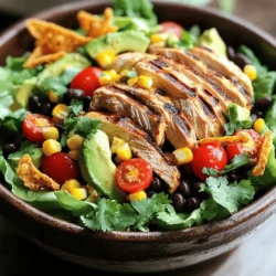 For my Southwest Chicken Salad, I love using fresh and vibrant ingredients. Here’s what you need: - 2 grilled chicken breasts, sliced - 1 can (15 oz) black beans, rinsed and drained - 1 cup sweet corn, fresh or canned - 1 red bell pepper, diced - 1 avocado, diced - 1 cup cherry tomatoes, halved - 1/2 red onion, thinly sliced - 1 cup romaine lettuce, chopped - 1/4 cup fresh cilantro, chopped - Juice of 2 limes - 3 tablespoons olive oil - 1 teaspoon cumin - 1 teaspoon chili powder - Salt and pepper to taste - Tortilla strips, for garnish Choosing the right produce makes a big difference. Here are my tips: - Fruits and Vegetables: Look for ripe avocados and firm tomatoes. This ensures great taste. - Herbs: Fresh cilantro adds a burst of flavor. Always choose vibrant green leaves. - Chicken: Use quality chicken breasts. Grilling them gives a nice smoky flavor. Some ingredients may cause allergies for some people. Here are common allergens and alternatives: - Chicken: For a vegetarian option, use grilled tofu or chickpeas. - Beans: If you have a bean allergy, skip them and add more veggies. - Corn: If you can't eat corn, replace it with diced zucchini for crunch. For the full recipe, check out the details above and get ready to enjoy this delicious salad! First, grill the chicken breasts. I like to season them simply with salt and pepper. Grill them over medium heat for about 6-7 minutes per side. This gives you juicy and flavorful chicken. While the chicken cooks, prepare your vegetables. Dice the red bell pepper and avocado. Halve the cherry tomatoes. Slice the red onion thinly. Rinse and drain the black beans. If you use fresh corn, you can cook it quickly in boiling water. In a large mixing bowl, combine the grilled chicken, black beans, corn, diced red bell pepper, avocado, cherry tomatoes, sliced red onion, and chopped romaine lettuce. This mix offers great texture and flavor. Make sure to cut the chicken into bite-sized pieces. Toss the ingredients gently to avoid squishing the avocado. For the dressing, grab a small bowl. Whisk together the lime juice, olive oil, cumin, chili powder, salt, and pepper. The lime juice adds a nice zing. The spices give it that Southwest flair. Keep whisking until it looks smooth and well-mixed. It should smell fresh and vibrant. Now, pour the dressing over the salad mix. Toss everything gently to coat all the ingredients evenly. Add the chopped cilantro and mix again. Let the salad sit for about 5-10 minutes. This allows the flavors to blend. Serve the salad in bowls and top with crispy tortilla strips for a crunchy finish. Enjoy your Southwest Chicken Salad! For the full recipe, check the section above. To make your Southwest Chicken Salad shine, focus on ingredient balance. Use two grilled chicken breasts for a hearty base. Add one can of black beans for protein and fiber. A cup of sweet corn gives it a sweet crunch. Dice one red bell pepper for color and taste. Don’t forget one avocado for creaminess. Halve one cup of cherry tomatoes for freshness. Thinly slice half a red onion for zest. Finally, chop one cup of romaine lettuce for crunch. The lime juice and olive oil dressing ties it all together. You can make this salad ahead of time. Start by grilling the chicken and chopping the veggies. Mix everything in a large bowl but keep the dressing separate. Store the salad in the fridge for up to two days. When you’re ready to eat, pour the dressing over the salad and toss. This keeps the lettuce crisp and fresh. Serving your salad nicely makes it even more appealing. Use a large bowl for a family-style meal or individual bowls for guests. Top each serving with crispy tortilla strips for a fun crunch. Sprinkle fresh cilantro on top for a burst of color. The bright colors of the salad will invite everyone to dig in! For the full recipe, check out the details above. {{image_2}} Want to turn up the heat? Adding jalapeños is an easy way to spice things up. You can use fresh, sliced jalapeños for a crisp bite. If you prefer a sauce, try a spicy dressing. Look for chipotle ranch or a zesty lime vinaigrette. Both will add that extra kick, making your salad even more exciting. Not a meat lover? You can easily make this salad vegetarian or vegan. Swap out the chicken for grilled tofu or chickpeas. Both options give you protein and a nice texture. For the dressing, make sure to use a vegan-friendly version. You can mix lime juice with olive oil and your favorite spices for a tasty vegan dressing. Presentation matters! Serve this salad in a large bowl for family style. You can also create individual servings in mason jars. This keeps everything fresh and looks great at gatherings. For a fun twist, pair it with tortilla chips on the side. You could even serve it in a crispy taco shell for a delightful crunch. For more details, check the Full Recipe. To store leftovers in the fridge, place the salad in a sealed container. This keeps the salad fresh for up to three days. Keep the dressing separate if you can. This helps prevent soggy ingredients. When ready to eat, mix the dressing back in for the best taste. For long-term storage, freeze components separately. You can freeze grilled chicken and beans. Put them in airtight bags or containers. You can also freeze corn and diced peppers. Avoid freezing lettuce, avocado, and dressing, as they do not freeze well. When you want to enjoy the salad later, thaw the items in the fridge overnight. To reheat chicken, use a microwave or skillet. Heat it until warm but not dry. For beans and corn, you can heat them on the stove with a splash of water. If the salad looks wilted, add fresh greens or a squeeze of lime juice. This will bring back some of its bright flavor. Enjoy your delicious Southwest Chicken Salad again! Southwest Chicken Salad brings together fresh and bold flavors. You will usually find grilled chicken, black beans, and sweet corn in this dish. Other common ingredients include diced red bell pepper, avocado, cherry tomatoes, and red onion. Fresh romaine lettuce adds a crisp texture. For dressing, lime juice, olive oil, cumin, and chili powder create a zesty kick. Each ingredient works together to give you a bright and tasty salad. If you want some heat in your salad, try adding sliced jalapeños. You can also use a spicy dressing, like chipotle ranch. Another option is to sprinkle in some cayenne pepper. Adding hot sauce is an easy way to boost the spice too. Just remember, start small and taste as you go. You can always add more heat, but it’s hard to take it away! Yes, using rotisserie chicken is a great time-saver. It makes your salad quick and easy to prepare. Just shred or dice the chicken before adding it to the salad. This way, you still get that savory flavor without the extra cooking time. Plus, it adds a nice, smoky taste that matches well with the other ingredients. Many restaurants serve a tasty Southwest Chicken Salad. Look for places that focus on fresh, local ingredients. Chains like Chipotle and Panera Bread often have great options. Local diners and cafes may offer unique takes on this salad too. Check online reviews or ask friends for their favorites. You might discover a hidden gem nearby! This blog post covered making a delicious Southwest Chicken Salad. We talked about choosing fresh ingredients and how to mix them well. You learned the steps to prepare and assemble the salad, plus tips for storage. I shared fun variations for spicing things up or making it vegan. Enjoy getting creative with your salads! Try different mixes and flavors to find your favorite. Remember, the best meals come from fresh ingredients and your own creativity. Happy cooking!