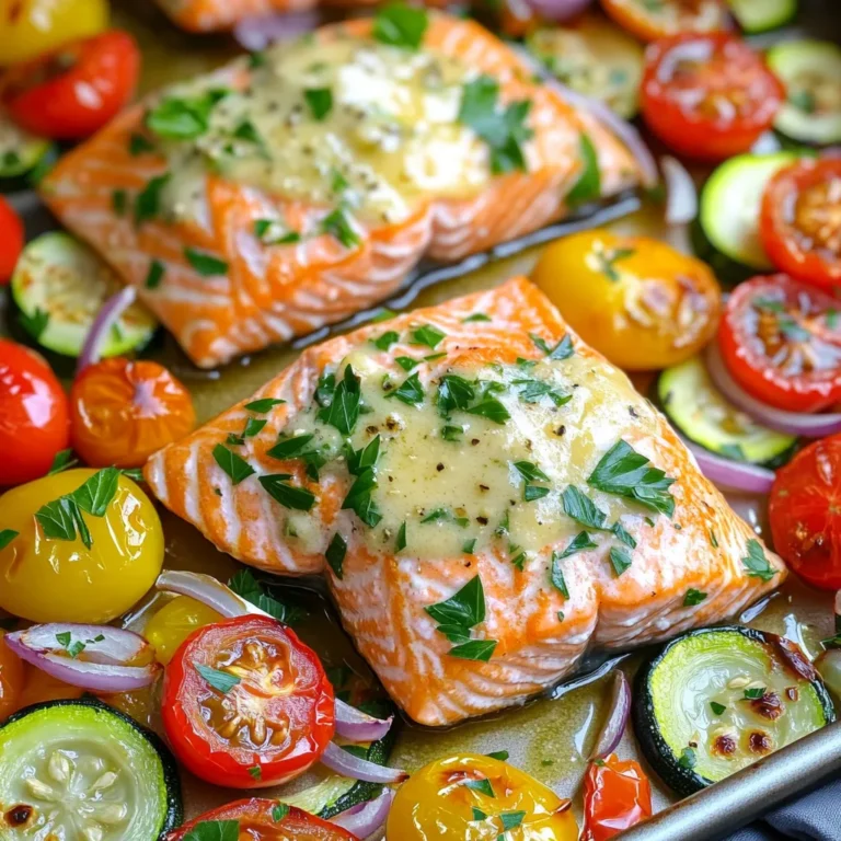 For this tasty dish, gather these main items: - 4 salmon fillets - 3 tablespoons unsalted butter, melted - 4 cloves garlic, minced - 1 teaspoon lemon zest - 1 tablespoon fresh lemon juice - 1 teaspoon dried dill - Salt and pepper, to taste - 1 cup cherry tomatoes, halved - 1 zucchini, sliced into half-moons - 1 bell pepper, sliced - 1 red onion, sliced These ingredients make the salmon rich and flavorful. The garlic butter adds a nice touch. You can dress up your dish with: - Fresh parsley - Additional seasonings Adding fresh parsley boosts flavor and color. You can also sprinkle on some extra spices for more zest. For this recipe, you will need: - Sheet pan - Parchment paper - Mixing bowls Using parchment paper helps with easy cleanup. A sheet pan fits everything nicely. Mixing bowls let you combine flavors well for a perfect meal. For the full recipe, check out [Full Recipe]. First, you need to preheat your oven to 400°F (200°C). This step warms up the kitchen and helps cook the salmon evenly. While the oven heats, grab a large sheet pan. Line the pan with parchment paper. This makes cleanup simple and keeps your fish from sticking. In a small bowl, combine three tablespoons of melted butter with four minced garlic cloves. Add one teaspoon of lemon zest and one tablespoon of fresh lemon juice. Mix in one teaspoon of dried dill, plus salt and pepper to taste. Use a whisk to blend it all well. Whisking helps the flavors mix together smoothly. Now, place the salmon fillets on one side of the sheet pan. Brush each fillet with the garlic butter mixture. Make sure to coat them well. Next, in a big bowl, toss together the cherry tomatoes, zucchini, bell pepper, and red onion. Drizzle the remaining garlic butter over the veggies and toss again. Spread the veggie mix on the other side of the sheet pan. Keep everything in a single layer for even cooking. Set your timer for 15 to 20 minutes. The salmon should flake easily when done. Check the veggies, too; they should be tender and a bit caramelized. If you're unsure, you can use a fork to test the salmon. It should break apart easily. Enjoy this simple and quick dish, and don’t forget to check out the Full Recipe for more details! When picking salmon, look for bright color and firm texture. The fish should smell fresh, not fishy. Clear eyes and shiny skin show good quality. You can choose skin-on or skinless salmon. Skin-on keeps the fish moist while cooking. It also adds flavor. Skinless salmon cooks faster and is easier to eat. Both options are great, but your choice may depend on your taste. Cooking time can change based on the thickness of the salmon. Thicker fillets may need a few extra minutes. Always check for doneness by looking for flakiness. Use a fork to gently press the salmon. If it flakes easily, it is done. If not, give it a couple more minutes in the oven. You can also use a meat thermometer. Salmon is done at 145°F (63°C). To make your sheet pan garlic butter salmon even tastier, add herbs and spices. Fresh dill, thyme, or basil work well. You can also try smoked paprika for a nice kick. For butter, switch it up with flavored options. Garlic herb butter or lemon butter can add a new twist. Experiment with your favorite flavors to find what you love! {{image_2}} What veggies work best? I love using colorful vegetables. Cherry tomatoes, zucchini, bell peppers, and red onions work great in this dish. They add flavor and texture. For summer, try asparagus or fresh green beans. These veggies roast well and stay crisp. In winter, opt for root vegetables like carrots or sweet potatoes. They bring warmth and sweetness to the meal. Want to switch things up? Lemon herb marinade is a fresh choice. Mix olive oil, lemon juice, and chopped herbs like parsley or basil. This adds a bright taste. Teriyaki garlic sauce is another fun option. It gives a sweet and savory twist. Just mix soy sauce, garlic, and honey. Brush it on the salmon for a tasty change. Not a salmon fan? Swap it for chicken or tofu. Chicken fillets work well and cook similarly. Just keep an eye on the cooking time. It may need a few extra minutes. For tofu, use firm blocks. Cut them into slices and bake until golden. Adjust cooking time to ensure everything cooks perfectly. You can enjoy this dish with different proteins while keeping the same great flavors. To keep your salmon fresh, use proper containers. Glass or plastic containers with tight lids work best. Store your leftover salmon and veggies in these containers. In the fridge, they last about three days. After that, the flavor and texture may change. When reheating salmon, aim to keep it moist. The best methods include using an oven or a skillet. Preheat the oven to 350°F (175°C). Place the salmon on a baking sheet, cover it with foil, and heat for about 10 minutes. If using a skillet, add a bit of water and cover it. This helps avoid dryness, making your salmon taste fresh again. You can freeze leftover salmon for later use. First, let it cool completely. Then, wrap each piece in plastic wrap. Place the wrapped salmon in a freezer bag. Remove as much air as possible to prevent freezer burn. To thaw, move the salmon to the fridge overnight. This keeps it safe and helps retain its taste. For quick thawing, you can submerge the sealed bag in cold water for about an hour. It takes about 15-20 minutes to cook salmon in the oven at 400°F (200°C). Salmon is done when it flakes easily with a fork. Thicker fillets may need a few extra minutes. Keep an eye on it to avoid overcooking. Using a timer helps ensure perfect results every time. Yes, you can use frozen salmon for this recipe! Just make sure to thaw it first. Place the frozen salmon in the fridge overnight or run it under cold water for quicker thawing. Pat the salmon dry before cooking. This helps the garlic butter stick well and ensures even cooking. I love to pair sheet pan garlic butter salmon with a variety of sides. Here are some great ideas: - Rice: A fluffy bed of jasmine or brown rice works well. - Quinoa: This nutty grain adds a healthy touch. - Salad: A crisp green salad with a light vinaigrette is refreshing. - Roasted Potatoes: Crispy potatoes complement the salmon perfectly. - Steamed Veggies: Broccoli or asparagus add color and nutrition. These sides balance the rich flavors of the salmon and enhance your meal. Check out the Full Recipe for more details! This post walked you through making a great sheet pan garlic butter salmon. You learned about key ingredients, necessary kitchen tools, and step-by-step cooking tips. Don’t forget to explore variations and storage options too. Cooking salmon can be easy and fun! With the right tips and tricks, your meals will be tasty and satisfying. Try this recipe out and enjoy your delicious creation. Your kitchen can become a place for great meals and happy moments!