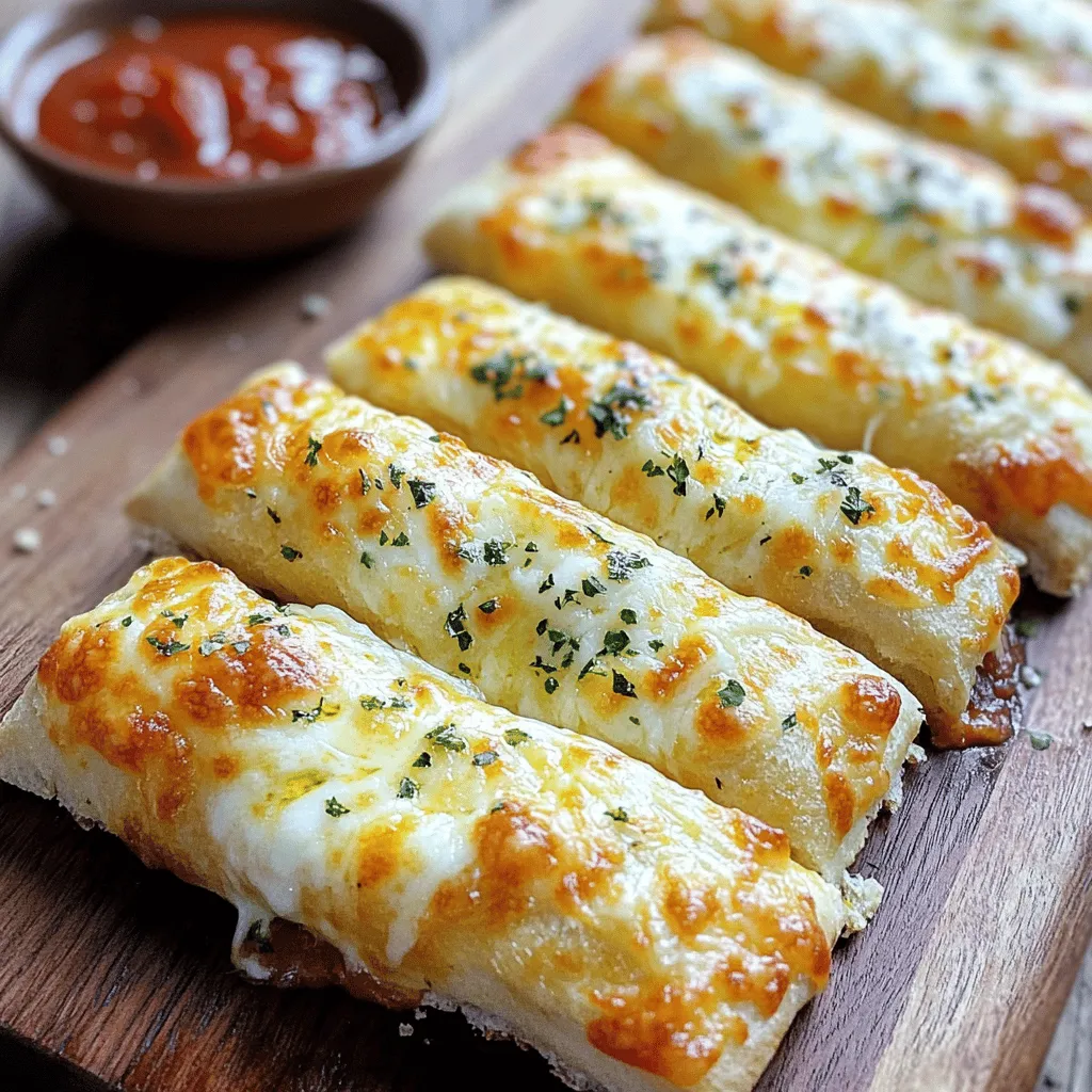 To make cheesy garlic breadsticks, you need simple ingredients that pack a lot of flavor. Here’s what you’ll need: - 2 cups all-purpose flour - 1 packet (2 ¼ teaspoons) instant yeast - 1 teaspoon sugar - 1 teaspoon salt - ¾ cup warm water (110°F) - 2 tablespoons olive oil - 3 cloves garlic, minced - 1 teaspoon dried oregano - 1 teaspoon dried parsley - 1 cup shredded mozzarella cheese - ¼ cup grated Parmesan cheese - Extra olive oil for brushing - Marinara sauce for dipping These ingredients come together to create soft, warm sticks that are cheesy and garlicky. Each bite is a treat! Using fresh garlic and good cheese makes a big difference. The warm water helps the yeast activate, making the dough rise nicely. Olive oil adds richness and flavor. When you mix the flour, yeast, sugar, and salt, you set the stage for great breadsticks. The herbs add a lovely aroma and taste. I love using mozzarella for its stretch and Parmesan for its sharpness. Don’t forget the marinara sauce! It’s the perfect dip to enjoy with your cheesy garlic breadsticks. For the full recipe, check out the instructions later. Enjoy gathering these ingredients. They are the first step to a delicious snack! - In a large mixing bowl, combine the flour, instant yeast, sugar, and salt. - Slowly add the warm water and olive oil to create the dough. Stir until it comes together. - Knead the dough on a floured surface for about 5-7 minutes, until smooth and elastic. - Place the kneaded dough in a lightly greased bowl. Cover it and let it rise until it doubles in size, about 30 minutes. - Preheat your oven to 425°F (220°C). - Once risen, punch down the dough and roll it out on a floured surface into a rectangle about ½ inch thick. - Brush olive oil over the dough. Sprinkle minced garlic, oregano, and parsley evenly on top. Add mozzarella and Parmesan cheese. - Cut the dough into 1-inch strips using a sharp knife or pizza cutter. - Transfer the breadsticks to a baking sheet lined with parchment paper, leaving space between them. - Bake for 12-15 minutes or until golden brown and bubbly. - Remove from the oven, let cool slightly, and brush with more olive oil if desired. Enjoy with marinara sauce for dipping! For the full recipe, check the earlier section. To get the best dough, you need the right feel. The dough should be soft but not sticky. If it feels too wet, add a little more flour. When you knead, work it for about five to seven minutes. This makes it smooth and elastic. For even baking, preheat your oven to 425°F (220°C). This step is key for a golden finish. When you place your breadsticks in the oven, make sure they are spaced out. This gives them room to puff up and bake evenly. You can make these breadsticks even better with extra flavors. Try adding crushed red pepper for spice or mixing in Italian herbs. Some people love adding a bit of garlic powder for an extra kick. For toppings, think outside the box! Sliced olives, sun-dried tomatoes, or even chopped fresh basil can add a tasty twist. If you want a cheesy bite, consider using different cheeses like cheddar or gouda. Don’t forget, the full recipe is right here for you to explore more tips and tricks! {{image_2}} You can switch up the cheese in your breadsticks for fun flavors. Try using cheddar for a sharp bite or gouda for a creamy touch. Mixing cheeses can create a unique taste. For stuffed cheesy garlic breadsticks, roll out your dough and place cheese in the center. Fold the dough over and seal it well. This gives you a gooey, cheesy surprise in every bite. If you need a gluten-free option, you can use gluten-free flour. Look for a blend that has a good rise. This flour can change the texture a bit, so be ready for a softer bite. You might need to add more liquid to keep the dough from being too dry. This way, you can still enjoy cheesy garlic breadsticks without gluten. To keep your cheesy garlic breadsticks fresh, let them cool completely. Place them in an airtight container. You can also wrap them tightly in plastic wrap. This will help keep them from drying out. Store the container in the fridge. The breadsticks stay good for about 3 to 4 days. For longer storage, consider freezing them. Use a freezer-safe bag and remove as much air as possible. When you're ready to enjoy leftover breadsticks, reheating is key. For the best texture, use the oven. Preheat it to 350°F (175°C). Place the breadsticks on a baking sheet. Heat them for about 10 minutes. This will make them crispy again. If you choose the microwave, wrap the breadsticks in a damp paper towel. Heat them in short bursts of 15-20 seconds. This helps avoid sogginess. Enjoy your cheesy garlic breadsticks just like fresh! You can find the full recipe in the earlier sections. How long do homemade cheesy garlic breadsticks last? Homemade cheesy garlic breadsticks last about 2-3 days in the fridge. Store them in an airtight container. They taste best fresh, but you can still enjoy them later. Can I freeze cheesy garlic breadsticks? Yes, you can freeze cheesy garlic breadsticks. Wrap them tightly in plastic wrap and then in foil. They stay good for up to 3 months. Just thaw and reheat when you're ready to enjoy. What is the best way to serve cheesy garlic breadsticks? Serve cheesy garlic breadsticks warm for the best taste. Pair them with marinara sauce for dipping. You can also sprinkle extra herbs on top for added flavor. Where can I find the full recipe for cheesy garlic breadsticks? You can find the full recipe for cheesy garlic breadsticks in the earlier section of this article. It guides you through the process step by step. What dipping sauces pair well with cheesy garlic breadsticks? Marinara sauce is a classic choice. You can also try ranch or garlic butter. For a twist, use a spicy salsa or a creamy Alfredo sauce. Each adds a fun flavor to your breadsticks. You now know how to make delicious cheesy garlic breadsticks. We covered the ingredients, step-by-step instructions, and helpful tips. You can enhance the flavor and try different cheese options. There are easy ways to store leftovers, so you enjoy them later. This recipe is fun and perfect for gatherings or snacks. Enjoy making your breadsticks and impressing friends and family. Simple, tasty, and a treat sure to please!