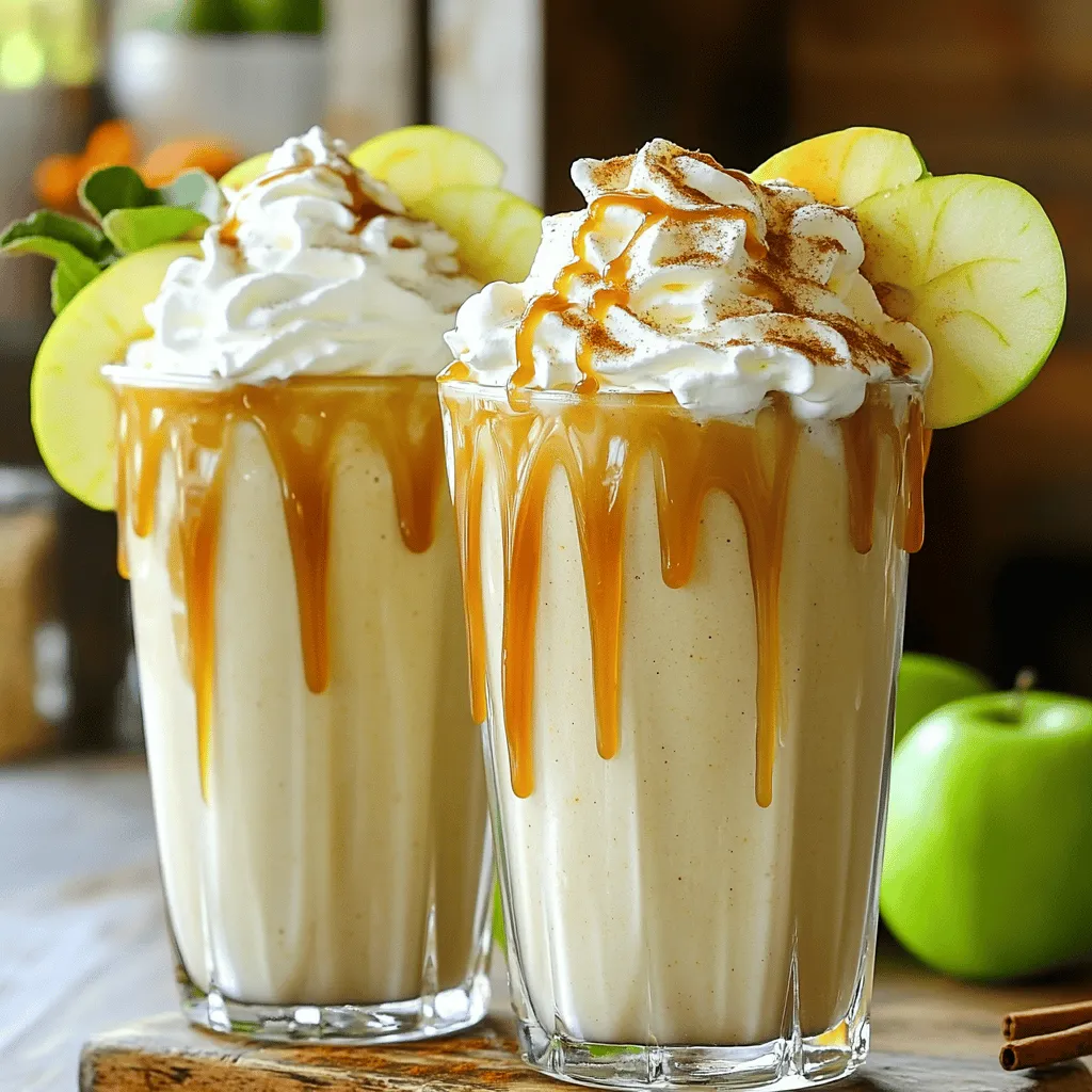 - 2 medium apples (preferably Granny Smith) - 1 banana (frozen) - 1 cup vanilla yogurt - 1 cup milk (dairy or plant-based) - 2 tablespoons caramel sauce (plus extra for drizzling) - Whipped cream (optional) - Apple slices and cinnamon for garnish The key to a great Caramel Apple Pie Smoothie starts with fresh ingredients. I love using Granny Smith apples. Their tartness balances the sweetness of the banana and caramel. You will need two medium apples. Peel and chop them before blending. A frozen banana adds a creamy base. It also gives your smoothie a nice chill. For a rich texture, use one cup of vanilla yogurt. This ingredient adds creaminess and flavor. You can choose dairy or plant-based yogurt based on your preference. Next, you’ll need one cup of milk. Almond, oat, or cow's milk all work well here. The milk helps blend everything smoothly. Now, let’s talk about toppings. I recommend two tablespoons of caramel sauce. Drizzle some on top for extra sweetness. Whipped cream is optional but adds a lovely finish. Don't forget the apple slices and a sprinkle of cinnamon. They not only taste great but also make your smoothie look stunning. For the full recipe, check out the complete instructions. Enjoy creating this delicious fall treat! - Combine chopped apples, frozen banana, yogurt, and milk in a blender. - Blend until smooth. Start by peeling and chopping your apples. I love using Granny Smith apples for their tartness. Next, take a frozen banana. It adds creaminess and sweetness to your smoothie. Add these to your blender along with yogurt and milk. Blend everything until it turns smooth. You want a nice, creamy base for your smoothie. - Mix in caramel sauce, cinnamon, nutmeg, and ice cubes. - Blend until creamy and fully integrated. Now comes the fun part—adding flavors! Pour in the caramel sauce for that sweet touch. Sprinkle in cinnamon and nutmeg for warmth. Toss in ice cubes for a chill. Blend again until everything is creamy and well mixed. Those spices will make your kitchen smell like fall! - Adjust sweetness with more caramel sauce if desired. - Pour into glasses and top with whipped cream and a drizzle of caramel. After blending, taste your smoothie. If you want it sweeter, add a bit more caramel sauce. Once you're happy, pour it into glasses. For a special touch, top each glass with whipped cream and a drizzle of caramel. You can also garnish with apple slices and a sprinkle of cinnamon. This makes your smoothie not just tasty, but beautiful too! For the full recipe, check out the details above. To make your Caramel Apple Pie Smoothie shine, choose the right apples. I suggest using Granny Smith apples. They bring a nice tartness that balances well with sweetness. Look for apples that are firm and free from bruises. They should smell fresh and fruity. For yogurt, you can use vanilla yogurt for creaminess. If you're dairy-free, try coconut or almond yogurt. Milk is another key player. Dairy milk works well, but almond, oat, or cashew milk are great options too. These choices add their unique flavors while keeping it smooth. To get the best texture, add your ingredients in the right order. Start with the soft items like yogurt and milk. Then, add the harder items like apples and frozen banana. This helps the blender work better. Blend until smooth, but don’t rush it. Using frozen fruit makes your smoothie creamier. A frozen banana is perfect for this. You can freeze apple chunks too. This trick helps keep your smoothie cold without diluting it. Garnishing your smoothie makes it look special. Top it with whipped cream for a treat. Drizzle extra caramel sauce on top for a sweet touch. Sprinkle some cinnamon for an extra kick. For serving, glassware can make a difference. Use tall glasses to show off those layers. You can also add apple slices on the rim for a cute look. This adds a fresh touch and makes it fun to drink. {{image_2}} You can make your Caramel Apple Pie Smoothie even better. Try adding a scoop of protein powder. This gives you extra nutrition and makes it filling. You can also mix in other fruits. Pears and peaches work well and add new flavors. Want to make this recipe vegan? Use plant-based yogurt and milk. You can also skip the caramel sauce for a dairy-free option. For a healthier version, try reducing sugar. Use natural sweeteners like honey or maple syrup instead. Do you prefer a thicker smoothie? Add more frozen banana or ice cubes. If you want a thinner smoothie, just add more milk. You can also switch up the milk type. Almond milk or oat milk can change the flavor and texture, too. To store leftover smoothie in the fridge, pour it into a tight container. Make sure to seal it well. It stays fresh for about one day. When you are ready to drink, shake or stir it well. If you want to freeze smoothie portions, use ice cube trays. Pour the smoothie into the trays and freeze until solid. Once frozen, pop the cubes into a bag. They can last for up to three months in the freezer. To refresh a previously frozen smoothie, let it sit in the fridge overnight. You can also blend it again with a splash of milk. This helps bring back its creamy taste. You can get creative with leftover smoothie. Try pouring it over oatmeal for breakfast. It adds flavor and nutrients. You can also mix it into pancake batter. It gives your pancakes a tasty twist. For a fun treat, freeze small portions in popsicle molds. Enjoy your smoothie in a new way! Can I use frozen apples in this smoothie recipe? Yes, you can use frozen apples! They make the smoothie cold and thick. Just peel and chop them first for a smoother blend. How can I make this smoothie ahead of time? You can prep this smoothie in advance! Blend all the ingredients, then store it in the fridge for up to a day. Just give it a quick stir before drinking. Is it possible to make this without yogurt? Yes, you can skip the yogurt. Use extra banana or a plant-based milk instead. This will still give your smoothie a creamy texture. What is the calorie count per serving? This smoothie has about 300 calories per serving. The apples and banana add natural sweetness and nutrition. Is this smoothie a good source of fiber? Yes, it is! The apples and banana provide a good amount of fiber. This helps with digestion and keeps you full longer. What can I substitute for caramel sauce? If you want a different flavor, try maple syrup or honey. These options still give a sweet touch to your smoothie. Can I use other sweeteners instead of sugar? Absolutely! You can use agave syrup or stevia as a sweetener. Adjust the amount to fit your taste. For the full recipe, check out the detailed instructions above. This blog post shared a fun smoothie recipe using apples, bananas, yogurt, and milk. I detailed steps for blending, added tips on ingredient choices, and offered variations. You can create a tasty drink that's healthy and easy to make. Whether you're garnishing for a party or adjusting for dietary needs, these tips ensure success. Enjoy crafting your smoothie and don't hesitate to experiment. Each blend can be your new favorite drink!