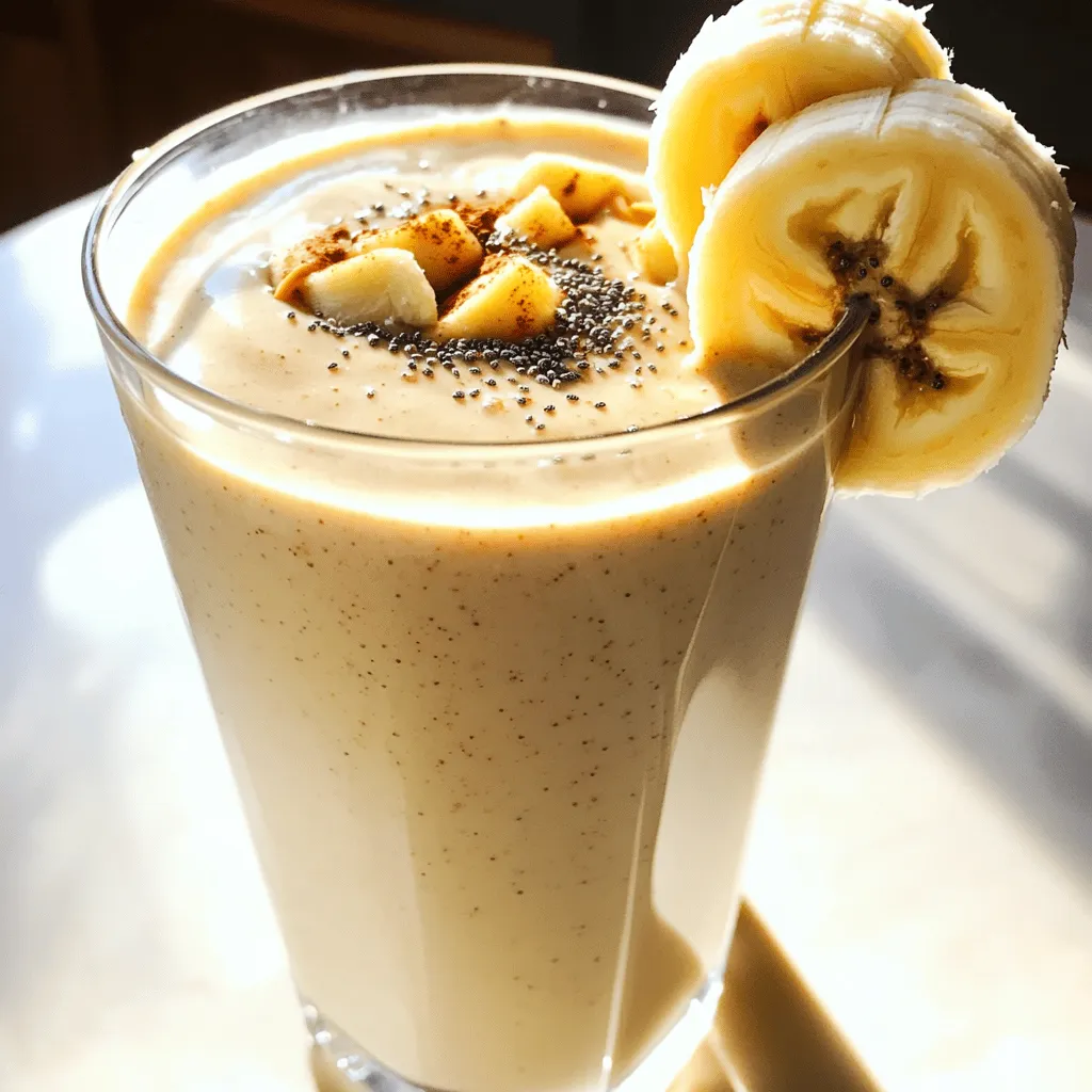 - 2 ripe bananas - 1/4 cup natural peanut butter - 1 cup unsweetened almond milk - 1 tablespoon honey or maple syrup (optional) - 1 tablespoon chia seeds - 1/2 teaspoon ground cinnamon - A handful of ice cubes To make a great Peanut Butter Banana Smoothie, you need simple yet tasty ingredients. Start with ripe bananas. They add natural sweetness and creaminess. Choose natural peanut butter for rich flavor and healthy fats. Unsweetened almond milk keeps it light but creamy. If you like a little sweetness, add honey or maple syrup. Chia seeds boost nutrients and add texture. Ground cinnamon gives warmth and spice to the mix. Finally, ice cubes chill and thicken your smoothie. - Calories per serving: About 300 - Protein: 10g - Carbohydrates: 35g - Fats: 12g Now, let’s talk numbers. Each serving has around 300 calories, making it a filling snack. You get about 10 grams of protein, which helps you feel full. The smoothie has 35 grams of carbs, mostly from bananas. These carbs give you quick energy. The healthy fats from peanut butter support heart health. Ripe bananas are high in potassium, which is good for your heart too. Chia seeds add fiber, keeping your digestive system happy. This smoothie is not just tasty; it’s also good for you. For the full recipe, check out Peanut Butter Banana Bliss Smoothie. To start, you need to prepare the bananas. - How to prepare the bananas: Peel two ripe bananas. Break them into chunks. Place the chunks into your blender. This step helps the bananas blend smoothly. - Blending procedure: Next, add the natural peanut butter and almond milk. If you want it sweeter, add honey or maple syrup. Include chia seeds and ground cinnamon. Top it off with ice cubes. Blend on high speed for 1-2 minutes. Check for smoothness. - Adjusting consistency and sweetness: If your smoothie is thick, add more almond milk. Taste it. If you want more sweetness, add honey or maple syrup. Blend again until smooth. - Best practices for serving: Pour your smoothie into glasses. Serve it right away for the best taste. - Presentation tips: To make it look great, sprinkle extra chia seeds on top. You can also add a pinch of cinnamon. For a fun touch, add banana slices to the rim of each glass. This makes it look yummy and inviting. For the full recipe, you can check the Peanut Butter Banana Bliss Smoothie section. Enjoy making this delicious drink! To get the perfect texture for your smoothie, start with ripe bananas. They blend smoothly and add natural sweetness. If your smoothie is too thick, simply add a splash of almond milk. Blend again until smooth. For a fun twist, try adding a scoop of cocoa powder or a splash of vanilla extract. This will enhance the flavor and make your smoothie even more enjoyable. You can also experiment with spices like nutmeg or ginger for an extra kick. A good blender is key for making smoothies. I recommend a high-speed blender. Brands like Vitamix or Ninja work great. They blend everything smoothly and quickly. You might also want a measuring cup for your liquids and a spoon for scooping peanut butter. A good cutting board and knife will help you slice the bananas with ease. With these tools, you will make smoothie prep quick and fun! {{image_2}} You can change the taste of your smoothie easily. Here are some fun ideas: - Chocolate peanut butter banana smoothie: Add 2 tablespoons of cocoa powder. This mix gives a rich, chocolatey flavor. - Adding greens: Toss in a handful of spinach or kale. This boosts vitamins without changing the taste much. - Protein-packed variations: Mix in a scoop of protein powder. This helps keep you full longer and adds extra nutrition. Many people have different diets. Here are some swaps you can make: - Dairy-free alternatives: Use coconut milk or oat milk instead of almond milk. These options still taste great and are creamy. - Low-carb or keto adjustments: Skip the banana and use avocado for creaminess. You can also add unsweetened almond milk and a low-carb sweetener. This keeps the flavor while lowering carbs. These variations and substitutions let you enjoy this smoothie in many ways. You can find a blend that fits your taste and diet. For the full recipe, check out Peanut Butter Banana Bliss Smoothie. To keep your smoothie fresh, use an airtight container. Glass jars work great. They keep the taste and texture nice. Store your smoothie in the fridge right after making it. It will stay good for up to 24 hours. After this time, the smoothie may separate and lose its creaminess. If you want to save your smoothie for later, freezing is a great choice. Pour the smoothie into ice cube trays or freezer-safe bags. This way, you can grab just what you need. When you are ready to enjoy it, take out the cubes or bag and thaw them. The best way to thaw is in the fridge overnight. You can also use a blender to mix it back up if it separates. With these simple storage tips, you can enjoy your Peanut Butter Banana Bliss Smoothie anytime! For the full recipe, check back to the main section. Can I use other types of nut butter? Yes, you can. Almond butter, cashew butter, or sunflower seed butter work well. Each nut butter adds its unique taste and texture. Feel free to experiment! What can I substitute for almond milk? You have many options! Use regular milk, soy milk, or oat milk. Each choice changes the flavor slightly, so pick what you love. Is it possible to make this smoothie vegan? Absolutely! Just use plant-based milk and maple syrup instead of honey. This way, your smoothie stays dairy-free and vegan-friendly. What are the best ways to customize my smoothie? You can add extras like berries, spinach, or even cocoa powder. Adjust the recipe to fit your taste and dietary needs. Get creative and have fun! We've covered how to make a tasty banana smoothie with simple ingredients like ripe bananas and peanut butter. I shared prep steps, serving tips, and fun variations. You can even store leftovers or freeze them for later. Remember, this smoothie is not just delicious; it's packed with nutrients. Explore different flavors and find what you like best. Enjoy creating your smooth, healthy treat!