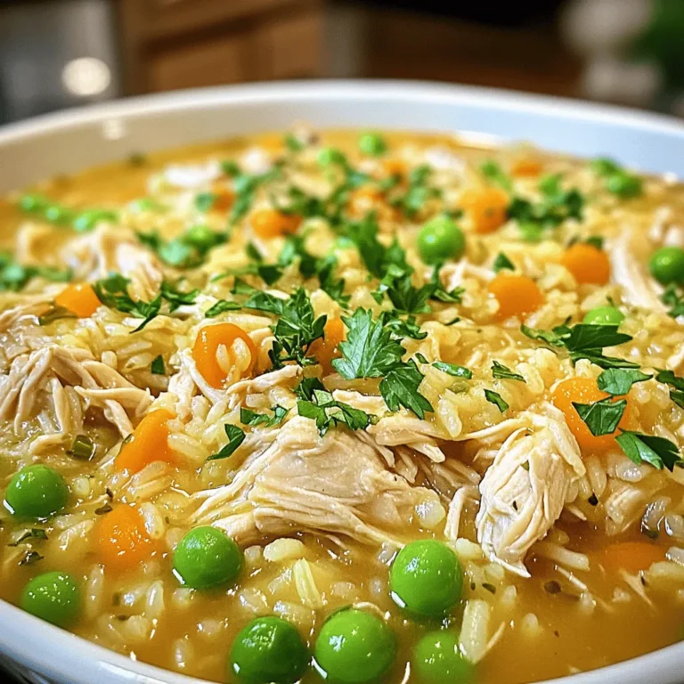 - 4 boneless, skinless chicken thighs - 1 medium onion, diced - 3 cloves garlic, minced - 1 cup long-grain rice - 4 cups low-sodium chicken broth - 1 cup frozen peas and carrots - 1 tablespoon dried thyme - 1 teaspoon paprika - Salt and pepper to taste - 2 tablespoons olive oil - Fresh parsley for garnish For this recipe, I like to use boneless, skinless chicken thighs. They cook well in the crockpot and stay juicy. You can also add some fun veggies. I often choose onion and garlic for a great base. Frozen peas and carrots add color and nutrition. When it comes to spices, I use thyme and paprika. They give a warm flavor to the dish. I always reach for low-sodium chicken broth. It keeps the dish tasty without being too salty. For the rice, long-grain works best. It cooks evenly and absorbs all the flavors. Finally, I top the dish with fresh parsley. It adds a nice touch and brightens the meal. You can find the full recipe to make this comforting dish. Seasoning the chicken is simple. I like to use salt, pepper, thyme, and paprika. Rub these spices on both sides of the chicken thighs. This step adds great flavor. Next, sear the chicken thighs. Heat olive oil in a skillet over medium heat. Place the chicken in the skillet for 3-4 minutes on each side. You want them slightly golden. This gives depth to the dish. Now, it’s time to layer ingredients in the crockpot. Start with diced onion and minced garlic at the bottom. This helps create a tasty base. Then, add the seared chicken thighs on top. Pour in the chicken broth next. Add the long-grain rice and frozen peas and carrots. Gently stir everything together, but don’t disturb the chicken too much. For cooking time, set the crockpot on low for 4-5 hours or high for 2-3 hours. It’s important to check the chicken and rice for doneness. The chicken should be fully cooked, and the rice should be tender. A good tip is to test the chicken with a fork. If it pulls apart easily, it's done. The rice should be fluffy and not hard. Once cooking is done, remove the chicken thighs. Use two forks to shred them. This makes it easy to mix back into the dish. Mix all the ingredients together in the crockpot. This helps blend the flavors nicely. Taste it to see if you need more seasoning. For serving, dish out the chicken and rice hot. Garnish each plate with freshly chopped parsley for a nice touch. This adds color and flavor. Enjoy your meal! For the full recipe, check out the [Full Recipe]. To make tender chicken, choose thighs over breasts. Thighs stay juicy during cooking. Searing the chicken first adds great flavor. Brown them in olive oil for a few minutes. This helps lock in moisture and taste. For perfect, fluffy rice, use long-grain rice. Rinse it under cold water first. This removes excess starch and prevents sticking. Make sure the broth is hot when you add it. This helps the rice cook evenly and absorb flavors well. You can swap chicken thighs for chicken breasts or turkey. Both will work well in this recipe. Chicken breasts are leaner, but thighs are juicier. Turkey adds a different flavor to the dish. For rice, try brown rice or jasmine rice. Brown rice has more fiber but takes longer to cook. Jasmine rice has a lovely aroma and fluffy texture. Adjust the cooking time based on the type you use. Add herbs and spices to boost flavor. Fresh thyme or rosemary can add a nice touch. A pinch of red pepper flakes gives heat without overpowering the dish. You can also try adding a bay leaf for depth. Incorporate different veggies for added nutrition. Bell peppers, broccoli, or spinach work great. Add them in during the last hour of cooking. This way, they stay bright and fresh. For more ideas, check the Full Recipe. {{image_2}} You can make your Crockpot chicken and rice even better with some fun twists. - Creamy version: Add a cup of cream cheese or shredded cheese. This makes the dish rich and smooth. Stir it in at the end for a cheesy delight. - Spicy options: Want some heat? Toss in jalapeños or a splash of hot sauce. This adds a nice kick to the meal. Adjust the amount to match your taste. Change the flavor profile to explore new cuisines. - Italian-inspired: Swap out some broth for marinara sauce. This gives the dish a fresh tomato flavor. You can also add Italian herbs like basil or oregano. - Asian-fusion: Use soy sauce and sesame oil instead of broth. This brings an earthy, nutty taste. Add some green onions or bok choy for extra crunch. You can use fresh veggies and herbs based on the season. - Seasonal vegetables: In spring, add asparagus or peas. In fall, try squash or sweet potatoes. These seasonal choices keep the dish fresh and exciting. - Incorporating seasonal herbs: Use fresh herbs like basil, cilantro, or thyme. They boost flavor and add color. Toss them in during the last hour of cooking for the best taste. These variations make your Crockpot chicken and rice a dish you can enjoy all year long. For the full recipe, check out the link. After you enjoy your Crockpot Chicken and Rice, store the leftovers right away. To keep them fresh, put them in airtight containers. You can use glass or plastic containers with lids. Divide the food into smaller portions. This way, you can grab just what you need later. If you want to save some for later, freezing is a great option. Let the dish cool completely before you pack it. Use freezer-safe bags or containers. Squeeze out extra air from bags to prevent freezer burn. When you are ready to eat, thaw it in the fridge overnight. Reheat it on the stove or in the microwave until hot. In the fridge, your dish stays good for about 3 to 4 days. Always check for signs of spoilage. If it has an off smell, strange color, or mold, throw it away. Safety first! Enjoy your meal with peace of mind. How to make Crockpot Chicken and Rice? To make this dish, start by seasoning chicken thighs with salt, pepper, thyme, and paprika. Sear them in olive oil until golden. Next, layer diced onion and minced garlic in a crockpot. Place the chicken on top, then add chicken broth, long-grain rice, and frozen peas and carrots. Cook on low for 4-5 hours or high for 2-3 hours. Finally, shred the chicken, stir, and serve hot. For full details, check the Full Recipe. Can I use different types of meat? Yes, you can use chicken breast or turkey. Both options work well. Just adjust the cooking time, as chicken breasts may cook faster than thighs. Other meats, like pork or beef, can also be used, but they will change the flavor profile. What can I serve with this dish? Crockpot chicken and rice pairs nicely with a simple green salad or steamed vegetables. You could also serve it with crusty bread to soak up the tasty broth. If you want to add a crunch, try some toasted nuts on top. What is the best crockpot setting for chicken and rice? For best results, use the low setting. It allows the flavors to meld and keeps the chicken tender. If you're short on time, the high setting is fine, but the dish may not be as rich in flavor. How do I know when the chicken is done cooking? Check the chicken's internal temperature with a meat thermometer. It should reach 165°F (75°C). If you don’t have a thermometer, cut into the chicken. The meat should be white, and the juices should run clear. Caloric content per serving Each serving of this dish contains about 350 calories. This can vary based on the exact ingredients used. If you want to know the precise content, check the labels on your ingredients. Tips for making it healthier (low sodium options) To make this dish healthier, use low-sodium chicken broth. You can also reduce the amount of added salt. Adding more vegetables is another great way to boost nutrition without adding many calories. Consider incorporating spinach, bell peppers, or zucchini for added vitamins and minerals. In this blog post, you learned how to make delicious Crockpot Chicken and Rice. We covered key ingredients like chicken, veggies, and seasonings. I provided step-by-step instructions for cooking and serving. Plus, there are tips for perfecting your dish and making tasty variations. Remember, cooking should be fun and flexible. Substituting ingredients can lead to new flavors. Enjoy experimenting and making this meal your own! Use these tips, and your family will love dinner.