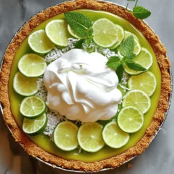 To make a classic Key Lime Pie, you need simple and fresh ingredients. Here’s what you will need: - 1 ½ cups graham cracker crumbs - ½ cup unsweetened coconut flakes - ½ cup granulated sugar - ½ cup unsalted butter, melted - 4 large egg yolks - 1 can (14 oz) sweetened condensed milk - ½ cup fresh key lime juice (or regular lime juice) - Zest of 2 key limes - 1 cup heavy whipping cream - 2 tablespoons powdered sugar - Optional garnishes: Lime slices and mint leaves Each ingredient plays a key role. The graham cracker crumbs give the crust a crunchy texture. Coconut flakes add a sweet twist. Granulated sugar sweetens the filling, while unsalted butter binds the crust. Egg yolks and sweetened condensed milk create a rich filling. Fresh key lime juice gives that zesty flavor. Lime zest adds brightness. Heavy whipping cream makes a fluffy topping. Powdered sugar sweetens the cream, making it smooth. Lime slices and mint leaves add a beautiful touch when serving. For the full recipe, check out the details on how to combine these ingredients perfectly! To start, preheat your oven to 350°F (175°C). In a mixing bowl, I combine 1 ½ cups of graham cracker crumbs, ½ cup of unsweetened coconut flakes, ½ cup of granulated sugar, and ½ cup of melted unsalted butter. Mix it well until the crumbs look like wet sand. Next, I press the mixture firmly into a 9-inch pie dish. Make sure to cover the bottom and the sides evenly. Now it’s time to bake! Place the crust in the preheated oven for about 8 to 10 minutes. Look for a light golden color on the edges. Once done, take it out and let it cool. A good crust sets a great base for our pie. In another bowl, I whisk 4 large egg yolks until smooth and creamy. Then, I add 1 can of sweetened condensed milk, ½ cup of fresh key lime juice, and the zest from 2 key limes. I stir this mixture until it thickens a bit and all the ingredients blend well. This filling brings that zesty flavor to the pie. Now, pour the filling into the cooled crust. Bake it for 10 to 12 minutes. The filling should be set but still slightly jiggly in the center. Once done, I take it out and let it cool completely. While the pie cools, I prepare the whipped cream. In a bowl, I beat 1 cup of heavy whipping cream with 2 tablespoons of powdered sugar. I mix until soft peaks form. Once the pie is cool, I spread the whipped cream on top evenly. To finish, I garnish with lime slices and mint leaves. This adds a nice touch and looks pretty too. For the full recipe, check out the details above. Happy baking! To get a smooth filling, whisk the egg yolks well. This helps blend them with the sweetened condensed milk and lime juice. You want a creamy consistency. After baking, let the pie chill in the fridge for at least two hours. Chilling helps the pie set and makes each slice clean and neat. For an extra kick, add more lime zest or juice. This brightens the flavor and enhances the pie's tartness. You can also experiment with other citrus fruits. A mix of lemon and lime can bring a fun twist to your pie. Serve slices on chilled dessert plates for a stunning look. Drizzle a bit of extra key lime juice on top for an added zesty touch. Garnish with lime slices and fresh mint leaves. These small details make your pie not only tasty but also beautiful. {{image_2}} You can use regular limes instead of key limes. The taste will be a bit different. Regular limes are tart and bright, making a tasty pie. You can also try lemon juice for a fresh twist. Each citrus adds its own unique flavor. Feel free to mix them up for fun! To make a key lime cheesecake, add cream cheese to your filling. Whip 8 oz of softened cream cheese into the egg yolks. This will create a rich, creamy texture. Bake it the same way as the classic pie. You can serve it chilled, topped with whipped cream. For a vegan key lime pie, replace the egg yolks and cream. Use silken tofu blended until smooth as a base. Swap the sweetened condensed milk for coconut cream. This keeps the pie rich and creamy. You can also use agave syrup for sweetness. Enjoy this plant-based twist! For the full recipe, check out the Zesty Key Lime Dream Pie. To keep your Key Lime Pie fresh, store any leftovers in the fridge. Wrap it tightly in plastic wrap or place it in an airtight container. This way, it stays moist and tasty. The pie can last for about 3 to 4 days in the refrigerator. Always let it cool completely before wrapping to avoid sogginess. Want to save some pie for later? Freezing is a great option! First, cut the pie into slices. Wrap each slice in plastic wrap, then place them in a freezer-safe bag or container. This helps prevent freezer burn. You can store the pie in the freezer for up to 2 months. When you're ready to enjoy, thaw it in the fridge overnight. This keeps it creamy and delicious. For an easy treat, try the Full Recipe for a delightful twist on this classic! You can tell when your key lime pie is done by looking for a few signs. The filling should be set but still slightly jiggly in the center. This means it will firm up as it cools. The edges might look a bit puffed up, but the center should not be too firm. Keep an eye on the time; it usually takes about 10-12 minutes for the second bake. Yes, you can make key lime pie ahead of time. In fact, it tastes better after chilling for a few hours. Make the pie, let it cool, and then refrigerate it. You can even make it the day before serving. Just cover it well to keep it fresh. Before serving, top it with whipped cream for a nice touch. Key limes are smaller and rounder than regular limes. They have a thinner skin and are more aromatic. The taste is also different; key limes are sweeter and more tart. They add a unique flavor to your pie. Regular limes can work too, but the taste won't be the same. For the best key lime pie, use fresh key limes if you can! This blog post guides you through making a delicious key lime pie. It covers ingredients, detailed steps, and tips for texture and flavor. You now have the tools to create a delightful dessert that impresses everyone. Remember, practice makes perfect. Enjoy experimenting with variations and presentation ideas. Your key lime pie can be a hit at any gathering. Keep these tips in mind for great results every time. Happy baking!