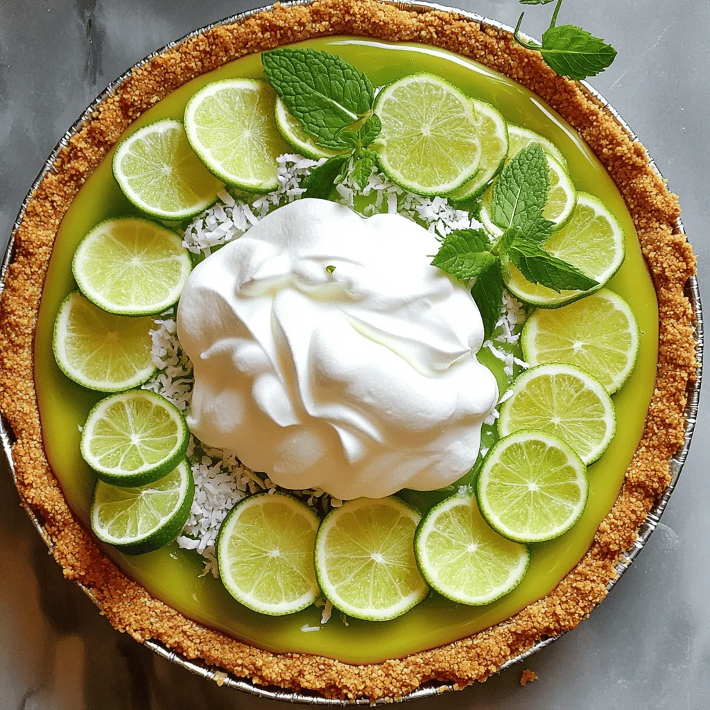 To make a classic Key Lime Pie, you need simple and fresh ingredients. Here’s what you will need: - 1 ½ cups graham cracker crumbs - ½ cup unsweetened coconut flakes - ½ cup granulated sugar - ½ cup unsalted butter, melted - 4 large egg yolks - 1 can (14 oz) sweetened condensed milk - ½ cup fresh key lime juice (or regular lime juice) - Zest of 2 key limes - 1 cup heavy whipping cream - 2 tablespoons powdered sugar - Optional garnishes: Lime slices and mint leaves Each ingredient plays a key role. The graham cracker crumbs give the crust a crunchy texture. Coconut flakes add a sweet twist. Granulated sugar sweetens the filling, while unsalted butter binds the crust. Egg yolks and sweetened condensed milk create a rich filling. Fresh key lime juice gives that zesty flavor. Lime zest adds brightness. Heavy whipping cream makes a fluffy topping. Powdered sugar sweetens the cream, making it smooth. Lime slices and mint leaves add a beautiful touch when serving. For the full recipe, check out the details on how to combine these ingredients perfectly! To start, preheat your oven to 350°F (175°C). In a mixing bowl, I combine 1 ½ cups of graham cracker crumbs, ½ cup of unsweetened coconut flakes, ½ cup of granulated sugar, and ½ cup of melted unsalted butter. Mix it well until the crumbs look like wet sand. Next, I press the mixture firmly into a 9-inch pie dish. Make sure to cover the bottom and the sides evenly. Now it’s time to bake! Place the crust in the preheated oven for about 8 to 10 minutes. Look for a light golden color on the edges. Once done, take it out and let it cool. A good crust sets a great base for our pie. In another bowl, I whisk 4 large egg yolks until smooth and creamy. Then, I add 1 can of sweetened condensed milk, ½ cup of fresh key lime juice, and the zest from 2 key limes. I stir this mixture until it thickens a bit and all the ingredients blend well. This filling brings that zesty flavor to the pie. Now, pour the filling into the cooled crust. Bake it for 10 to 12 minutes. The filling should be set but still slightly jiggly in the center. Once done, I take it out and let it cool completely. While the pie cools, I prepare the whipped cream. In a bowl, I beat 1 cup of heavy whipping cream with 2 tablespoons of powdered sugar. I mix until soft peaks form. Once the pie is cool, I spread the whipped cream on top evenly. To finish, I garnish with lime slices and mint leaves. This adds a nice touch and looks pretty too. For the full recipe, check out the details above. Happy baking! To get a smooth filling, whisk the egg yolks well. This helps blend them with the sweetened condensed milk and lime juice. You want a creamy consistency. After baking, let the pie chill in the fridge for at least two hours. Chilling helps the pie set and makes each slice clean and neat. For an extra kick, add more lime zest or juice. This brightens the flavor and enhances the pie's tartness. You can also experiment with other citrus fruits. A mix of lemon and lime can bring a fun twist to your pie. Serve slices on chilled dessert plates for a stunning look. Drizzle a bit of extra key lime juice on top for an added zesty touch. Garnish with lime slices and fresh mint leaves. These small details make your pie not only tasty but also beautiful. {{image_2}} You can use regular limes instead of key limes. The taste will be a bit different. Regular limes are tart and bright, making a tasty pie. You can also try lemon juice for a fresh twist. Each citrus adds its own unique flavor. Feel free to mix them up for fun! To make a key lime cheesecake, add cream cheese to your filling. Whip 8 oz of softened cream cheese into the egg yolks. This will create a rich, creamy texture. Bake it the same way as the classic pie. You can serve it chilled, topped with whipped cream. For a vegan key lime pie, replace the egg yolks and cream. Use silken tofu blended until smooth as a base. Swap the sweetened condensed milk for coconut cream. This keeps the pie rich and creamy. You can also use agave syrup for sweetness. Enjoy this plant-based twist! For the full recipe, check out the Zesty Key Lime Dream Pie. To keep your Key Lime Pie fresh, store any leftovers in the fridge. Wrap it tightly in plastic wrap or place it in an airtight container. This way, it stays moist and tasty. The pie can last for about 3 to 4 days in the refrigerator. Always let it cool completely before wrapping to avoid sogginess. Want to save some pie for later? Freezing is a great option! First, cut the pie into slices. Wrap each slice in plastic wrap, then place them in a freezer-safe bag or container. This helps prevent freezer burn. You can store the pie in the freezer for up to 2 months. When you're ready to enjoy, thaw it in the fridge overnight. This keeps it creamy and delicious. For an easy treat, try the Full Recipe for a delightful twist on this classic! You can tell when your key lime pie is done by looking for a few signs. The filling should be set but still slightly jiggly in the center. This means it will firm up as it cools. The edges might look a bit puffed up, but the center should not be too firm. Keep an eye on the time; it usually takes about 10-12 minutes for the second bake. Yes, you can make key lime pie ahead of time. In fact, it tastes better after chilling for a few hours. Make the pie, let it cool, and then refrigerate it. You can even make it the day before serving. Just cover it well to keep it fresh. Before serving, top it with whipped cream for a nice touch. Key limes are smaller and rounder than regular limes. They have a thinner skin and are more aromatic. The taste is also different; key limes are sweeter and more tart. They add a unique flavor to your pie. Regular limes can work too, but the taste won't be the same. For the best key lime pie, use fresh key limes if you can! This blog post guides you through making a delicious key lime pie. It covers ingredients, detailed steps, and tips for texture and flavor. You now have the tools to create a delightful dessert that impresses everyone. Remember, practice makes perfect. Enjoy experimenting with variations and presentation ideas. Your key lime pie can be a hit at any gathering. Keep these tips in mind for great results every time. Happy baking!