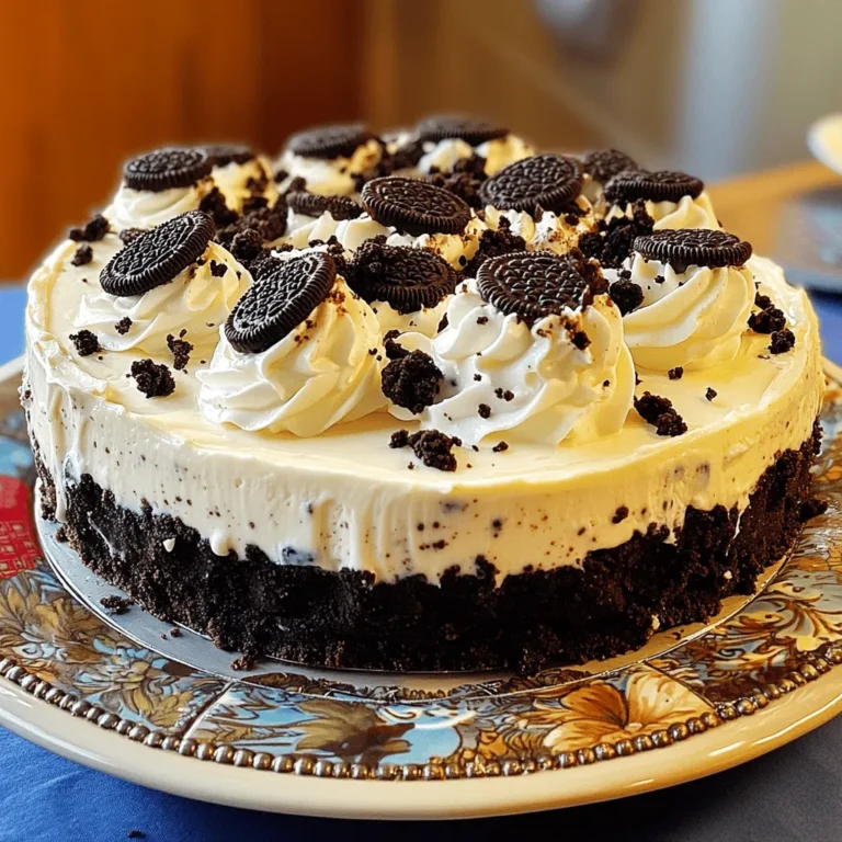 - 24 Oreo cookies, crushed - 1/4 cup unsalted butter, melted - 16 oz cream cheese, softened - 1 cup powdered sugar - 1 teaspoon vanilla extract - 1 cup heavy whipping cream - 1/4 cup cocoa powder (optional) You need just a few basic items to create this no-bake Oreo cheesecake. First, you will use 24 Oreo cookies, which give this dessert its rich flavor and crunchy texture. Crush these cookies into fine crumbs for the crust. Next, combine the crumbs with 1/4 cup of unsalted butter that you have melted. This mixture forms the base of your cheesecake. For the filling, gather 16 oz of softened cream cheese. It’s important to let it sit out for a bit so it mixes well. Then, you’ll sprinkle in 1 cup of powdered sugar for sweetness. Don’t forget to add 1 teaspoon of vanilla extract for that lovely flavor boost. For a bit of extra fluffiness, you will need 1 cup of heavy whipping cream. Whip this until it forms stiff peaks. If you want to add a chocolate twist, include 1/4 cup of cocoa powder. This step is optional but highly recommended for chocolate lovers. - 9-inch springform pan - Electric mixer - Mixing bowls - Spatula To make your cheesecake, you will need a few tools. A 9-inch springform pan is best for easy removal. An electric mixer helps blend the cream cheese and other ingredients smoothly. You will also need mixing bowls for combining the ingredients. Lastly, a spatula is perfect for spreading the cheesecake filling evenly. This recipe offers a fun way to enjoy a classic dessert. Get ready to impress your family and friends with this delightful treat! For the full recipe, check out the instructions provided. - Combine 24 crushed Oreo cookies and 1/4 cup melted unsalted butter. - Press the mixture into the bottom of your 9-inch springform pan. Start by crushing the Oreo cookies. You can use a food processor or place them in a bag and crush them with a rolling pin. Mix the crumbs with melted butter until they look like wet sand. This mixture forms a great, flavorful crust. Press it firmly into the pan. This helps it hold together when you slice the cheesecake later. After pressing down, place the pan in the freezer for about 10-15 minutes to set. - Beat 16 oz softened cream cheese until smooth. - Add 1 cup powdered sugar and 1 teaspoon vanilla extract. - Optionally, mix in 1/4 cup cocoa powder for a chocolate flavor. In a large bowl, beat the softened cream cheese using an electric mixer. It should be creamy and smooth. Gradually add the powdered sugar and vanilla extract. Keep mixing until you don’t see any lumps. If you want a richer taste, you can add cocoa powder. It gives an extra chocolatey kick. - Whip 1 cup heavy whipping cream until stiff peaks form. - Fold the whipped cream into the cheesecake filling. In another bowl, whip the heavy cream. Use an electric mixer and make sure your bowl and beaters are cold. This helps the cream whip better. Beat until stiff peaks form; this means the cream should stand up on its own. Gently fold the whipped cream into the cream cheese mixture. Be careful not to deflate it. This folding keeps the filling light and airy. - Pour the filling over the chilled crust. - Refrigerate for at least 4 hours or overnight. After mixing, pour the filling over your chilled crust. Use a spatula to spread it evenly. Cover the springform pan with plastic wrap. Place it in the fridge for at least 4 hours. For the best results, let it chill overnight. This allows the flavors to meld and the cheesecake to set perfectly. Follow these steps, and you will create a No-Bake Oreo Cheesecake that is both easy to make and simply delightful. For the complete instructions, check out the Full Recipe. To make your filling smooth, start with softened cream cheese. Cold cream cheese will not blend well. Leave it at room temperature for about 30 minutes before use. Next, when adding powdered sugar, do it gradually. This helps to avoid lumps and gives you a creamy texture. For perfect whipped cream, chill your bowl and beaters. Cold tools help the cream whip up quickly. As you whip, pay attention to the peaks. Stop mixing right when stiff peaks form. Overmixing can lead to a grainy texture, so be gentle. Garnish your cheesecake with crushed Oreos or a drizzle of chocolate sauce. It adds flair and flavor. A dollop of whipped cream on top makes it look even more tempting. These simple touches make your dessert pop and impress your guests. Enjoy this easy and delightful No-Bake Oreo Cheesecake! For the complete recipe, check out the Full Recipe section. {{image_2}} For a fun twist on the classic No-Bake Oreo Cheesecake, you can try different flavors. Here are some tasty ideas: Want more chocolate? Just add more cocoa powder to the filling. This will make the cheesecake richer and give it a deep chocolate flavor. You can start with an extra 1/4 cup of cocoa powder. Mix it in with the cream cheese and sugar. This simple step will take your cheesecake to the next level! If you love mint, this variation is for you. Just add a teaspoon of mint extract to your filling. It gives a cool, refreshing taste. The mint pairs well with the chocolate from the Oreos. This cheesecake is perfect for summer parties or any time you want a fresh flavor. You can enjoy this dessert while being mindful of health. Use low-fat cream cheese and light whipped topping. This way, you cut some calories but keep the creamy texture. You still get the delicious Oreo taste without feeling guilty. It’s a win-win! Explore these variations to enjoy a No-Bake Oreo Cheesecake that fits your taste. For the full recipe, check out the details above. Store your No-Bake Oreo Cheesecake covered in the fridge. It stays fresh for up to 5 days. Make sure it is in an airtight container or well-wrapped. This keeps it from absorbing other fridge smells. You can freeze this cheesecake for up to 2 months. To do this, slice it first. Wrap each slice in plastic wrap. Then place the slices in a freezer bag. This way, you can enjoy a piece whenever you want! When you're ready to serve, thaw the cheesecake in the fridge overnight. This helps it maintain its creamy texture. Avoid thawing at room temperature to keep it safe and tasty. For the full recipe, check out the details provided earlier! Yes, it can be made up to 2 days in advance. This makes it great for parties. Just store it in the fridge until you are ready to serve. It lasts for about 5 days in the fridge. Keep it covered to keep it fresh. After five days, the taste and texture may change. It depends on the Oreo cookies used; check the packaging. Some Oreo varieties contain gluten. If you need a gluten-free option, look for the gluten-free label. Yes, you can substitute with any similar cookies, such as chocolate wafers. This lets you create different flavors and textures. Experiment with what you like! A springform pan is recommended for easy removal, but a regular pan can be used with careful serving. Using a springform pan makes it easier to slice and serve. Slice and serve chilled, garnished with whipped cream or additional Oreos. You can also drizzle chocolate sauce on top for extra flair. Enjoy every bite! You can create a delicious No-Bake Oreo Cheesecake with simple steps. We covered the main ingredients and tools needed. Remember to chill the cheesecake to get the best flavor and texture. Use the tips to make a smooth filling and perfect whipped cream. You can customize the recipe to fit your taste. Enjoy this easy treat, whether as a fun dessert or a special occasion cake. Store it well to keep it fresh. This cheesecake is sure to impress everyone!