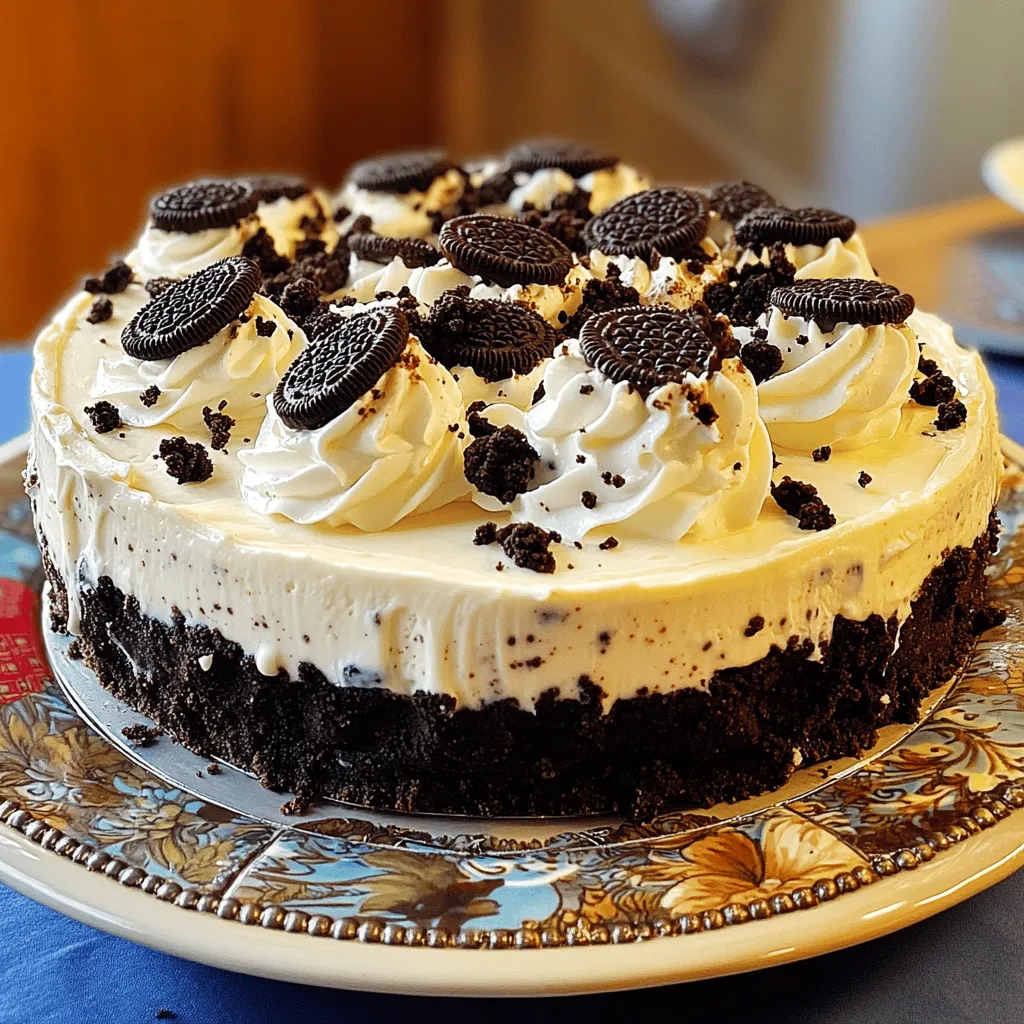 - 24 Oreo cookies, crushed - 1/4 cup unsalted butter, melted - 16 oz cream cheese, softened - 1 cup powdered sugar - 1 teaspoon vanilla extract - 1 cup heavy whipping cream - 1/4 cup cocoa powder (optional) You need just a few basic items to create this no-bake Oreo cheesecake. First, you will use 24 Oreo cookies, which give this dessert its rich flavor and crunchy texture. Crush these cookies into fine crumbs for the crust. Next, combine the crumbs with 1/4 cup of unsalted butter that you have melted. This mixture forms the base of your cheesecake. For the filling, gather 16 oz of softened cream cheese. It’s important to let it sit out for a bit so it mixes well. Then, you’ll sprinkle in 1 cup of powdered sugar for sweetness. Don’t forget to add 1 teaspoon of vanilla extract for that lovely flavor boost. For a bit of extra fluffiness, you will need 1 cup of heavy whipping cream. Whip this until it forms stiff peaks. If you want to add a chocolate twist, include 1/4 cup of cocoa powder. This step is optional but highly recommended for chocolate lovers. - 9-inch springform pan - Electric mixer - Mixing bowls - Spatula To make your cheesecake, you will need a few tools. A 9-inch springform pan is best for easy removal. An electric mixer helps blend the cream cheese and other ingredients smoothly. You will also need mixing bowls for combining the ingredients. Lastly, a spatula is perfect for spreading the cheesecake filling evenly. This recipe offers a fun way to enjoy a classic dessert. Get ready to impress your family and friends with this delightful treat! For the full recipe, check out the instructions provided. - Combine 24 crushed Oreo cookies and 1/4 cup melted unsalted butter. - Press the mixture into the bottom of your 9-inch springform pan. Start by crushing the Oreo cookies. You can use a food processor or place them in a bag and crush them with a rolling pin. Mix the crumbs with melted butter until they look like wet sand. This mixture forms a great, flavorful crust. Press it firmly into the pan. This helps it hold together when you slice the cheesecake later. After pressing down, place the pan in the freezer for about 10-15 minutes to set. - Beat 16 oz softened cream cheese until smooth. - Add 1 cup powdered sugar and 1 teaspoon vanilla extract. - Optionally, mix in 1/4 cup cocoa powder for a chocolate flavor. In a large bowl, beat the softened cream cheese using an electric mixer. It should be creamy and smooth. Gradually add the powdered sugar and vanilla extract. Keep mixing until you don’t see any lumps. If you want a richer taste, you can add cocoa powder. It gives an extra chocolatey kick. - Whip 1 cup heavy whipping cream until stiff peaks form. - Fold the whipped cream into the cheesecake filling. In another bowl, whip the heavy cream. Use an electric mixer and make sure your bowl and beaters are cold. This helps the cream whip better. Beat until stiff peaks form; this means the cream should stand up on its own. Gently fold the whipped cream into the cream cheese mixture. Be careful not to deflate it. This folding keeps the filling light and airy. - Pour the filling over the chilled crust. - Refrigerate for at least 4 hours or overnight. After mixing, pour the filling over your chilled crust. Use a spatula to spread it evenly. Cover the springform pan with plastic wrap. Place it in the fridge for at least 4 hours. For the best results, let it chill overnight. This allows the flavors to meld and the cheesecake to set perfectly. Follow these steps, and you will create a No-Bake Oreo Cheesecake that is both easy to make and simply delightful. For the complete instructions, check out the Full Recipe. To make your filling smooth, start with softened cream cheese. Cold cream cheese will not blend well. Leave it at room temperature for about 30 minutes before use. Next, when adding powdered sugar, do it gradually. This helps to avoid lumps and gives you a creamy texture. For perfect whipped cream, chill your bowl and beaters. Cold tools help the cream whip up quickly. As you whip, pay attention to the peaks. Stop mixing right when stiff peaks form. Overmixing can lead to a grainy texture, so be gentle. Garnish your cheesecake with crushed Oreos or a drizzle of chocolate sauce. It adds flair and flavor. A dollop of whipped cream on top makes it look even more tempting. These simple touches make your dessert pop and impress your guests. Enjoy this easy and delightful No-Bake Oreo Cheesecake! For the complete recipe, check out the Full Recipe section. {{image_2}} For a fun twist on the classic No-Bake Oreo Cheesecake, you can try different flavors. Here are some tasty ideas: Want more chocolate? Just add more cocoa powder to the filling. This will make the cheesecake richer and give it a deep chocolate flavor. You can start with an extra 1/4 cup of cocoa powder. Mix it in with the cream cheese and sugar. This simple step will take your cheesecake to the next level! If you love mint, this variation is for you. Just add a teaspoon of mint extract to your filling. It gives a cool, refreshing taste. The mint pairs well with the chocolate from the Oreos. This cheesecake is perfect for summer parties or any time you want a fresh flavor. You can enjoy this dessert while being mindful of health. Use low-fat cream cheese and light whipped topping. This way, you cut some calories but keep the creamy texture. You still get the delicious Oreo taste without feeling guilty. It’s a win-win! Explore these variations to enjoy a No-Bake Oreo Cheesecake that fits your taste. For the full recipe, check out the details above. Store your No-Bake Oreo Cheesecake covered in the fridge. It stays fresh for up to 5 days. Make sure it is in an airtight container or well-wrapped. This keeps it from absorbing other fridge smells. You can freeze this cheesecake for up to 2 months. To do this, slice it first. Wrap each slice in plastic wrap. Then place the slices in a freezer bag. This way, you can enjoy a piece whenever you want! When you're ready to serve, thaw the cheesecake in the fridge overnight. This helps it maintain its creamy texture. Avoid thawing at room temperature to keep it safe and tasty. For the full recipe, check out the details provided earlier! Yes, it can be made up to 2 days in advance. This makes it great for parties. Just store it in the fridge until you are ready to serve. It lasts for about 5 days in the fridge. Keep it covered to keep it fresh. After five days, the taste and texture may change. It depends on the Oreo cookies used; check the packaging. Some Oreo varieties contain gluten. If you need a gluten-free option, look for the gluten-free label. Yes, you can substitute with any similar cookies, such as chocolate wafers. This lets you create different flavors and textures. Experiment with what you like! A springform pan is recommended for easy removal, but a regular pan can be used with careful serving. Using a springform pan makes it easier to slice and serve. Slice and serve chilled, garnished with whipped cream or additional Oreos. You can also drizzle chocolate sauce on top for extra flair. Enjoy every bite! You can create a delicious No-Bake Oreo Cheesecake with simple steps. We covered the main ingredients and tools needed. Remember to chill the cheesecake to get the best flavor and texture. Use the tips to make a smooth filling and perfect whipped cream. You can customize the recipe to fit your taste. Enjoy this easy treat, whether as a fun dessert or a special occasion cake. Store it well to keep it fresh. This cheesecake is sure to impress everyone!