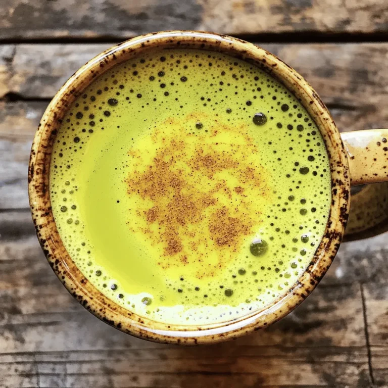 To make a tasty Golden Ginger Matcha Latte, you need a few simple ingredients. Here’s what you will need: - 1 teaspoon matcha green tea powder - 1 teaspoon freshly grated ginger - 1 cup milk of choice (almond, oat, or coconut) - 1 tablespoon honey or maple syrup (adjust to taste) - 1/4 teaspoon turmeric powder - Pinch of sea salt - Optional: 1/2 teaspoon vanilla extract - Ground cinnamon for topping Each ingredient brings its own flavor and health benefits. Matcha gives you a nice boost of energy. Ginger adds a warm kick and helps with digestion. Milk makes it creamy and smooth. Sweeteners like honey or maple syrup add just the right amount of sweetness. Turmeric adds a golden color and has anti-inflammatory properties, while sea salt enhances all the flavors. Finally, cinnamon gives a lovely finish. For the full recipe, you can check out the instructions to create this delicious drink. This latte is not just a drink; it’s a hug in a mug! - Sifting and whisking matcha Start by sifting 1 teaspoon of matcha green tea powder into a small bowl. This helps to remove clumps and ensures a smooth drink. Next, whisk in a few tablespoons of hot water. Do not use boiling water, as it can make the matcha bitter. Whisk until you see bubbles and the mixture is frothy. Set this aside for later. - Infusing ginger with milk Take 1 teaspoon of freshly grated ginger and put it in a saucepan. Add 1 cup of your favorite milk, like almond, oat, or coconut. Heat this mixture over medium heat. Stir gently for about 3 to 4 minutes. You want it warm but not boiling. The kitchen will smell great as the ginger infuses the milk. - Combining ingredients and flavors Once the milk is warm, add 1/4 teaspoon of turmeric powder, honey or maple syrup, and a pinch of sea salt. If you like, you can add 1/2 teaspoon of vanilla extract for extra flavor. Whisk all these ingredients together until they blend well. - Straining and mixing for a frothy finish Remove the saucepan from the heat. Use a fine mesh strainer to pour the ginger-infused milk into a large mug. This step removes the ginger bits. Now, slowly pour the prepared matcha into the mug. Whisk gently to mix everything. This will create a nice froth on top. For a final touch, sprinkle some ground cinnamon on top. This simple process will give you a warm, energizing drink that is both delicious and healthy. You can find the complete details in the Full Recipe. To make the best Golden Ginger Matcha Latte, you need to pay attention to detail. Here are some tips to help you succeed: - How to avoid clumps in matcha: Always sift the matcha green tea powder first. This step helps break up any lumps. After sifting, whisk the matcha with a bit of hot water. Use a bamboo whisk or a regular whisk. The goal is to mix until smooth and frothy. - Infusion tips for maximizing ginger flavor: Use fresh ginger for the best taste. Grate the ginger finely to release its oils and flavors. When you warm the ginger with the milk, stir gently. This method allows the flavors to meld without boiling, which can dull the taste. - Achieving the perfect froth and consistency: After straining the ginger from the milk, slowly add the matcha. Whisk gently to combine. This action creates a light froth. If you want more froth, you can use a milk frother. The right texture makes the latte creamy and enjoyable. These simple steps will help you create a delicious and energizing drink every time. For the full recipe, check out the Golden Ginger Matcha Latte section. Enjoy! {{image_2}} Matcha green tea is a star. It is packed with antioxidants. These help fight free radicals in your body. By drinking matcha, you can boost your immune system. It may also improve your brain function. You feel alert but calm at the same time. Ginger is another great ingredient. It helps reduce inflammation in your body. This can ease pain and improve your digestion. Ginger also has compounds that fight sickness. Adding fresh ginger to your latte can give you a health boost. Turmeric is the last ingredient worth noting. It contains curcumin, which has strong anti-inflammatory effects. This can help with joint pain and even heart health. Turmeric also supports your immune system. It pairs well with ginger and matcha in this latte. These ingredients together make a powerful drink. You get a mix of antioxidants, anti-inflammatory agents, and health benefits. This Golden Ginger Matcha Latte is not just tasty; it's good for you too! For a full guide on how to make this latte, check out the Full Recipe. You can make your Golden Ginger Matcha Latte even better by customizing it. Here are some easy ways to do that. - Dairy-free alternatives: You can use almond, oat, or coconut milk. Each milk adds a unique flavor. Almond milk is nutty and light. Oat milk is creamy and sweet. Coconut milk gives a tropical twist. - Sweetener substitutions and adjustments: Honey and maple syrup are great, but you can try others too. Agave syrup is a good choice for a mild taste. Coconut sugar adds a caramel hint. Adjust the amount based on your taste buds. - Flavor additions: Spice it up! You can add a pinch of ground nutmeg or cardamom. Both bring warmth to your drink. A splash of vanilla extract gives a lovely aroma. You could even add a hint of cayenne pepper for a kick. Feel free to experiment until you find your perfect matcha latte. Each small change can make a big difference. For the full recipe, check the Golden Ginger Matcha Latte details above. How to make a stronger version? To make a stronger Golden Ginger Matcha Latte, add more matcha powder. You can use 1.5 teaspoons instead of 1. This boosts the flavor and caffeine. You can also increase the ginger. A little more ginger makes it spicier and more aromatic. Can I use powdered ginger instead of fresh? Yes, you can use powdered ginger. Use about 1/4 teaspoon of powdered ginger. It will give a different taste, but it still works. Fresh ginger has a brighter flavor, while powdered is more mellow. Where to find high-quality matcha? Look for matcha at specialty tea shops or online. Check for vibrant green color and fine texture. Quality matcha will often say “ceremonial grade” on the label. This ensures you get the best flavor and health benefits. What are the best milk options for lattes? You can use many types of milk for your latte. Almond, oat, and coconut milk are great choices. Each adds its own flavor and creaminess. Choose the one you like best or mix them for fun! This blog post covered how to make a Golden Ginger Matcha Latte. We discussed key ingredients, like matcha, fresh ginger, and milk. The step-by-step guide ensures your latte is smooth and frothy. I also shared tips to avoid clumps and enhance ginger flavor. We explored the health benefits of matcha, ginger, and turmeric. Finally, I offered ways to customize your latte. Now, you have everything needed to craft this tasty drink. Enjoy your delicious, healthy treat that’s good for both body and mind!