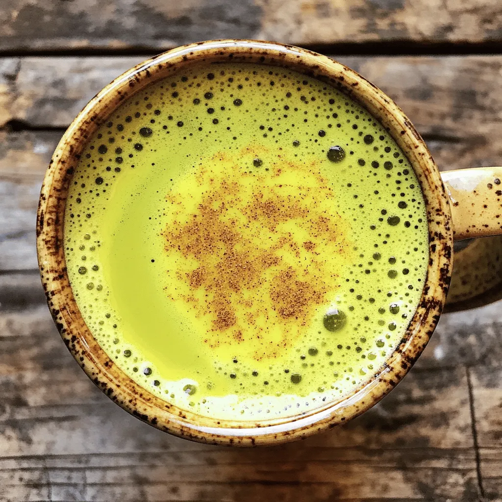 To make a tasty Golden Ginger Matcha Latte, you need a few simple ingredients. Here’s what you will need: - 1 teaspoon matcha green tea powder - 1 teaspoon freshly grated ginger - 1 cup milk of choice (almond, oat, or coconut) - 1 tablespoon honey or maple syrup (adjust to taste) - 1/4 teaspoon turmeric powder - Pinch of sea salt - Optional: 1/2 teaspoon vanilla extract - Ground cinnamon for topping Each ingredient brings its own flavor and health benefits. Matcha gives you a nice boost of energy. Ginger adds a warm kick and helps with digestion. Milk makes it creamy and smooth. Sweeteners like honey or maple syrup add just the right amount of sweetness. Turmeric adds a golden color and has anti-inflammatory properties, while sea salt enhances all the flavors. Finally, cinnamon gives a lovely finish. For the full recipe, you can check out the instructions to create this delicious drink. This latte is not just a drink; it’s a hug in a mug! - Sifting and whisking matcha Start by sifting 1 teaspoon of matcha green tea powder into a small bowl. This helps to remove clumps and ensures a smooth drink. Next, whisk in a few tablespoons of hot water. Do not use boiling water, as it can make the matcha bitter. Whisk until you see bubbles and the mixture is frothy. Set this aside for later. - Infusing ginger with milk Take 1 teaspoon of freshly grated ginger and put it in a saucepan. Add 1 cup of your favorite milk, like almond, oat, or coconut. Heat this mixture over medium heat. Stir gently for about 3 to 4 minutes. You want it warm but not boiling. The kitchen will smell great as the ginger infuses the milk. - Combining ingredients and flavors Once the milk is warm, add 1/4 teaspoon of turmeric powder, honey or maple syrup, and a pinch of sea salt. If you like, you can add 1/2 teaspoon of vanilla extract for extra flavor. Whisk all these ingredients together until they blend well. - Straining and mixing for a frothy finish Remove the saucepan from the heat. Use a fine mesh strainer to pour the ginger-infused milk into a large mug. This step removes the ginger bits. Now, slowly pour the prepared matcha into the mug. Whisk gently to mix everything. This will create a nice froth on top. For a final touch, sprinkle some ground cinnamon on top. This simple process will give you a warm, energizing drink that is both delicious and healthy. You can find the complete details in the Full Recipe. To make the best Golden Ginger Matcha Latte, you need to pay attention to detail. Here are some tips to help you succeed: - How to avoid clumps in matcha: Always sift the matcha green tea powder first. This step helps break up any lumps. After sifting, whisk the matcha with a bit of hot water. Use a bamboo whisk or a regular whisk. The goal is to mix until smooth and frothy. - Infusion tips for maximizing ginger flavor: Use fresh ginger for the best taste. Grate the ginger finely to release its oils and flavors. When you warm the ginger with the milk, stir gently. This method allows the flavors to meld without boiling, which can dull the taste. - Achieving the perfect froth and consistency: After straining the ginger from the milk, slowly add the matcha. Whisk gently to combine. This action creates a light froth. If you want more froth, you can use a milk frother. The right texture makes the latte creamy and enjoyable. These simple steps will help you create a delicious and energizing drink every time. For the full recipe, check out the Golden Ginger Matcha Latte section. Enjoy! {{image_2}} Matcha green tea is a star. It is packed with antioxidants. These help fight free radicals in your body. By drinking matcha, you can boost your immune system. It may also improve your brain function. You feel alert but calm at the same time. Ginger is another great ingredient. It helps reduce inflammation in your body. This can ease pain and improve your digestion. Ginger also has compounds that fight sickness. Adding fresh ginger to your latte can give you a health boost. Turmeric is the last ingredient worth noting. It contains curcumin, which has strong anti-inflammatory effects. This can help with joint pain and even heart health. Turmeric also supports your immune system. It pairs well with ginger and matcha in this latte. These ingredients together make a powerful drink. You get a mix of antioxidants, anti-inflammatory agents, and health benefits. This Golden Ginger Matcha Latte is not just tasty; it's good for you too! For a full guide on how to make this latte, check out the Full Recipe. You can make your Golden Ginger Matcha Latte even better by customizing it. Here are some easy ways to do that. - Dairy-free alternatives: You can use almond, oat, or coconut milk. Each milk adds a unique flavor. Almond milk is nutty and light. Oat milk is creamy and sweet. Coconut milk gives a tropical twist. - Sweetener substitutions and adjustments: Honey and maple syrup are great, but you can try others too. Agave syrup is a good choice for a mild taste. Coconut sugar adds a caramel hint. Adjust the amount based on your taste buds. - Flavor additions: Spice it up! You can add a pinch of ground nutmeg or cardamom. Both bring warmth to your drink. A splash of vanilla extract gives a lovely aroma. You could even add a hint of cayenne pepper for a kick. Feel free to experiment until you find your perfect matcha latte. Each small change can make a big difference. For the full recipe, check the Golden Ginger Matcha Latte details above. How to make a stronger version? To make a stronger Golden Ginger Matcha Latte, add more matcha powder. You can use 1.5 teaspoons instead of 1. This boosts the flavor and caffeine. You can also increase the ginger. A little more ginger makes it spicier and more aromatic. Can I use powdered ginger instead of fresh? Yes, you can use powdered ginger. Use about 1/4 teaspoon of powdered ginger. It will give a different taste, but it still works. Fresh ginger has a brighter flavor, while powdered is more mellow. Where to find high-quality matcha? Look for matcha at specialty tea shops or online. Check for vibrant green color and fine texture. Quality matcha will often say “ceremonial grade” on the label. This ensures you get the best flavor and health benefits. What are the best milk options for lattes? You can use many types of milk for your latte. Almond, oat, and coconut milk are great choices. Each adds its own flavor and creaminess. Choose the one you like best or mix them for fun! This blog post covered how to make a Golden Ginger Matcha Latte. We discussed key ingredients, like matcha, fresh ginger, and milk. The step-by-step guide ensures your latte is smooth and frothy. I also shared tips to avoid clumps and enhance ginger flavor. We explored the health benefits of matcha, ginger, and turmeric. Finally, I offered ways to customize your latte. Now, you have everything needed to craft this tasty drink. Enjoy your delicious, healthy treat that’s good for both body and mind!