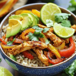 To make your Chicken Fajita Rice Bowls, gather these key ingredients: - 1 lb chicken breast, sliced into thin strips - 1 tablespoon olive oil - 1 bell pepper (red or yellow), sliced - 1 small onion, sliced - 1 teaspoon chili powder - 1 teaspoon cumin - ½ teaspoon garlic powder - ½ teaspoon smoked paprika - Salt and pepper to taste - 2 cups cooked brown rice - 1 cup black beans, drained and rinsed - ½ cup corn (fresh or canned) - 1 avocado, sliced - ¼ cup fresh cilantro, chopped - Lime wedges for serving You can make your bowls even better with these optional ingredients: - Sour cream for creaminess - Queso fresco for a cheesy touch - Jalapeños for some heat - Cherry tomatoes for freshness - Shredded cheese for more flavor Don't have everything? Here are some simple swaps: - Use chicken thighs instead of breast for a juicier taste. - Swap olive oil with avocado oil for a different flavor. - Replace black beans with pinto beans if you like. - Choose quinoa instead of rice for a protein boost. - Use lime juice if you don't have fresh limes. These ingredients make your Chicken Fajita Rice Bowls tasty and fun. Enjoy the process of mixing flavors in your kitchen! Check out the Full Recipe for more details. Gather your ingredients before you start cooking. This makes the process smooth and fun. You will need: - 1 lb chicken breast, sliced into thin strips - 1 tablespoon olive oil - 1 bell pepper (red or yellow), sliced - 1 small onion, sliced - 1 teaspoon chili powder - 1 teaspoon cumin - ½ teaspoon garlic powder - ½ teaspoon smoked paprika - Salt and pepper to taste - 2 cups cooked brown rice - 1 cup black beans, drained and rinsed - ½ cup corn (fresh or canned) - 1 avocado, sliced - ¼ cup fresh cilantro, chopped - Lime wedges for serving Wash and slice the vegetables first. This keeps the colors fresh and bright. Next, slice the chicken into thin strips. Thin pieces cook faster and soak up the spices better. Heat a large skillet over medium-high heat. Add the olive oil and let it warm up. Carefully place the sliced chicken in the skillet. Sprinkle the chili powder, cumin, garlic powder, smoked paprika, salt, and pepper over the chicken. Cook for 5-7 minutes, stirring gently. You want the chicken to be brown and cooked through. After the chicken is ready, add the bell pepper and onion to the skillet. Cook for another 4-5 minutes. Stir often until the veggies are tender and slightly charred. This adds great flavor to your dish. While the chicken and veggies cook, divide the cooked brown rice into bowls. You can use any rice you like. Brown rice adds a nice nutty taste. Once the chicken and vegetables are cooked, it’s time to plate. Spoon the chicken and veggie mix over the rice in each bowl. Then, add the black beans and corn on top. This makes the bowls colorful and filling. Finally, garnish each bowl with sliced avocado and chopped cilantro. Don’t forget to squeeze some lime juice over everything. It adds a zesty kick. Serve with lime wedges on the side for extra flavor. Enjoy your tasty Chicken Fajita Rice Bowls! To make great chicken fajitas, use a hot skillet. This helps to sear the chicken quickly. Cut the chicken into thin strips. This ensures it cooks evenly. Season the chicken well before cooking. The spices add flavor. When you add the veggies, keep them crisp. Sauté just until they are tender. This adds texture to your bowl. Want to make your bowl even better? Try adding a few slices of jalapeño for heat. You can also add fresh lime juice for extra zing. A sprinkle of cheese can add creaminess. If you love spice, consider a dash of hot sauce. Fresh herbs like cilantro brighten up the dish. Store any leftovers in an airtight container. This keeps the flavors fresh. You can keep them in the fridge for up to three days. When reheating, add a splash of water or broth. This helps to keep the chicken moist. For longer storage, freeze the chicken fajita rice bowls. They can last up to three months in the freezer. Enjoy the Full Recipe for Chicken Fajita Rice Bowls to make this delightful dish! {{image_2}} You can easily make this dish vegetarian or vegan. Instead of chicken, try using tofu or tempeh. Both absorb flavors well and give a nice texture. For a vegan twist, skip the cheese and sour cream. Use avocado or cashew cream for creaminess. You can also add more veggies, like zucchini or mushrooms, for extra taste. Toppings make your Chicken Fajita Rice Bowls fun and unique. Here are some ideas: - Fresh salsa - Shredded cheese - Sour cream or Greek yogurt - Sliced jalapeños - Chopped green onions - Lime wedges Feel free to mix and match toppings as you like. They can add great flavor and color. You can switch up the rice for variety. While brown rice works well, try these options: - White rice for a lighter taste - Quinoa for added protein - Cauliflower rice for a low-carb meal - Cilantro-lime rice for a fresh twist Each option brings its own flavor and texture to the dish. Choose what fits your mood! Check out the Full Recipe for more details on making these tasty bowls. Store any leftover chicken fajita rice bowls in an airtight container. Make sure the bowl cools down first. Place it in the fridge for up to three days. If you want to keep it longer, consider freezing it. To reheat, take the chicken fajita rice bowls from the fridge. You can use a microwave or a skillet. If using a microwave, heat for 1-2 minutes until warm. Stir halfway for even heating. If using a skillet, warm over medium heat for about 5 minutes. Add a splash of water to keep it moist. To freeze, place the cooled bowls in freezer-safe bags. Remove as much air as you can. Label the bags with dates. They can stay frozen for up to three months. When ready to eat, thaw in the fridge overnight before reheating. This keeps the flavors fresh. Yes, you can use any meat you like. Try beef, pork, or shrimp. Each option adds its unique flavor. Just remember to adjust cooking times. Cook beef until it’s no longer red. For pork, make sure it reaches 145°F. Shrimp cooks fast, so just sauté until it turns pink. You can pair these bowls with many sides. Try tortilla chips for crunch. A simple green salad adds freshness. Guacamole and salsa are great dips. You can also serve them with grilled veggies or a corn salad. These sides brighten the meal and add texture. Meal prepping is easy with this recipe. Cook a big batch of chicken and veggies. Divide them into containers. Add cooked rice to each container. Top with black beans and corn. Store them in the fridge for up to four days. Just heat and enjoy when you’re ready. For the full recipe of Chicken Fajita Rice Bowls, check out the original recipe above. It guides you through each step to make these bowls delicious and satisfying. This article covered all you need for Chicken Fajita Rice Bowls. We explored key ingredients, cooking steps, and tips for the best results. I shared ideas for variations and ways to store leftovers. Remember, you can customize this dish to fit your taste. Experiment with different toppings or proteins. Enjoy cooking, and have fun making this meal your own!