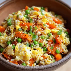 - 1 medium head of cauliflower, grated into rice-sized pieces - 2 tablespoons sesame oil - 2 cloves garlic, minced - 1 small onion, diced - 1 cup mixed vegetables (carrots, peas, bell peppers) - 2 eggs, beaten - 3 tablespoons soy sauce (or tamari for gluten-free) - 1 green onion, sliced - Salt and pepper to taste - Optional: 1 teaspoon chili flakes for heat These ingredients make a bright and tasty dish. Each one adds flavor and texture. You can swap cauliflower for broccoli rice if you like. Zucchini can work too. Instead of sesame oil, try olive oil for a lighter taste. If you don’t have soy sauce, coconut aminos is a great choice. Cauliflower is low in calories and high in nutrients. It has fiber, which helps with digestion. This veggie is rich in vitamins C and K, aiding your immune system. Using cauliflower instead of rice lowers carbs, making this dish friendly for many diets. Plus, it’s a great way to get more veggies into your meals! For the full recipe, check out the instructions to prepare this delicious dish. First, you need to prepare the cauliflower. Take a medium head of cauliflower and grate it. You can use a box grater or a food processor. Aim for rice-sized pieces. This step is key to making your fried rice. Set the grated cauliflower aside for later. Next, grab a large skillet or wok. Heat 2 tablespoons of sesame oil over medium heat. Once hot, add 2 cloves of minced garlic and 1 small diced onion. Sauté these for about 2-3 minutes. You want the onion to become soft and clear. Then, stir in 1 cup of mixed vegetables. You can use carrots, peas, and bell peppers. Cook these for another 3-4 minutes until they are tender. Now it's time to combine everything in the skillet. Push the vegetables to one side of the pan. Pour 2 beaten eggs into the other side. Scramble the eggs until they are fully cooked. After that, mix the eggs with the vegetables. Add the grated cauliflower to the skillet next. Pour in 3 tablespoons of soy sauce. Stir everything well and cook for an additional 5-7 minutes. You want the cauliflower to be tender but still a bit crunchy. Season with salt, pepper, and optional chili flakes for heat. Finally, toss in the sliced green onion, and stir again for a fresh finish. Serve your cauliflower fried rice hot and enjoy! You can find the full recipe if you need more details. To make your cauliflower fried rice shine, start with fresh cauliflower. Fresh cauliflower has a crisp bite and a mild taste. Use sesame oil for a nutty flavor that lifts the dish. Garlic and onion add depth, so don’t skip them. Sauté these until they smell great. If you want more taste, add some ginger. For the best texture, ensure the cauliflower is grated finely. If it's too chunky, it won't cook evenly. When you fry the cauliflower, keep it moving in the pan. This will help it brown slightly and stay crisp. Avoid overcooking; you want it tender but still crunchy. One common mistake is using too much liquid. Adding too much soy sauce can make it soggy. Another mistake is not prepping your ingredients first. If you chop as you cook, things may burn. Lastly, don’t forget to taste! Adjust salt and pepper to make it just right. For the full recipe, check out the instructions above. {{image_2}} You can make Cauliflower Fried Rice even better by adding protein. Chicken, shrimp, or tofu work great. Just cook the protein before adding it to the skillet. For chicken, use diced pieces. For shrimp, use small, peeled shrimp. For tofu, press it to remove water, then cube it. Each option adds flavor and makes the dish heartier. You can also use cooked beans for a plant-based option. If you want a vegetarian or vegan meal, skip the eggs. You can replace them with silken tofu. Just blend it until smooth and add it when mixing in the cauliflower. This keeps the dish creamy without using eggs. You could also add nutritional yeast for a cheesy flavor. Mixing in other veggies makes this dish colorful and tasty. Try adding broccoli, spinach, or zucchini. These vegetables not only add nutrients but also enhance the dish's texture. You can swap in whatever veggies you have, making it a flexible recipe. Just keep in mind to chop them small for even cooking. For the full recipe, check out the [Full Recipe]. After you enjoy your cauliflower fried rice, store leftovers in an airtight container. Let it cool down first. Place it in the fridge. It stays fresh for about 3 to 5 days. Make sure to label the container with the date. This way, you will know when to eat it again. To reheat your cauliflower fried rice, use a skillet or microwave. If using a skillet, heat it on medium. Add a splash of water or oil to keep it moist. Stir often until it's hot. If using a microwave, cover it with a lid or wrap. Heat for 1 to 2 minutes, checking every 30 seconds. Both methods will bring back its tasty flavor. You can freeze cauliflower fried rice for later meals. First, cool it completely. Then, pack it in a freezer-safe bag or container. Remove as much air as possible. It can last for about 2 to 3 months in the freezer. To enjoy, thaw it overnight in the fridge. Reheat it as mentioned before. This way, you can have a healthy meal anytime! For the complete recipe, check out the Full Recipe. Yes, you can make Cauliflower Fried Rice ahead of time. It stores well in the fridge for about three days. Just keep it in an airtight container. When you want to eat it, simply reheat in a skillet over medium heat. This saves time on busy days. Yes, Cauliflower Fried Rice can be gluten-free. Use tamari instead of soy sauce. Tamari is a great option for those with gluten sensitivities. Always check your ingredient labels to ensure they are gluten-free. This way, you can enjoy a tasty dish without worry. To add spice, use chili flakes when cooking. Mix in about one teaspoon for a nice kick. You can also add fresh chopped chili peppers. Another option is to drizzle some hot sauce on top before serving. Adjust the spice to your taste for a delightful heat. For the complete recipe and more tips, check the Full Recipe section. In summary, we explored cauliflower fried rice, including its ingredients, cooking steps, and tips. I shared ways to customize the dish, from adding proteins to substituting ingredients. Proper storage and reheating methods ensure you enjoy leftovers. Remember, avoiding common mistakes will enhance your cooking. Cauliflower fried rice is healthy and adaptable, making it a fantastic choice for meals. Dive in, experiment, and enjoy this tasty dish in many ways.