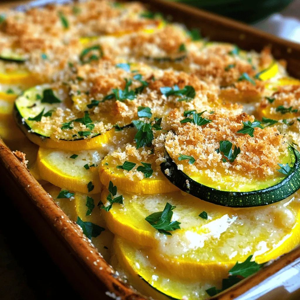 - Zucchini and Yellow Squash Essentials - 2 medium zucchinis, thinly sliced - 2 medium yellow squashes, thinly sliced - Dairy and Seasoning Components - 1 cup grated Gruyère cheese - 1 cup heavy cream - 2 cloves garlic, minced - 1 teaspoon fresh thyme leaves - 1/2 teaspoon salt - 1/4 teaspoon black pepper - Topping Ingredients for Gratin - 1/2 cup breadcrumbs - 2 tablespoons olive oil - Fresh parsley, chopped (for garnish) Gathering these ingredients sets the stage for a great dish. Fresh zucchini and yellow squash bring color and flavor. Gruyère cheese adds a rich taste. Heavy cream gives the gratin its creamy texture. Using fresh herbs like thyme enhances the dish. Don't skip the garlic; it adds depth. The breadcrumbs on top create a crunchy finish that contrasts with the soft veggies. This combination makes every bite a delight. I recommend picking the freshest veggies for the best taste. You can find the full recipe [here]. Slicing Zucchini and Yellow Squash Start by washing your zucchinis and yellow squashes. Grab a sharp knife and slice them into thin rounds, about 1/4 inch thick. Thin slices cook well and absorb flavors nicely. You want to create a beautiful mix of colors for your dish. Aim for even slices to ensure they cook evenly. Seasoning the Mixture In a large bowl, combine your sliced zucchinis and yellow squashes. Add minced garlic, fresh thyme, salt, and black pepper. Toss everything together gently. The salt brings out the moisture and flavor in the veggies. Make sure each piece is well coated with the seasoning for a tasty outcome. Layering Techniques for Optimal Flavor Grease your baking dish with olive oil to prevent sticking. Start layering half of your seasoned zucchini and squash mixture evenly across the bottom. This base will soak up all the flavors. Then, pour half of the cheese and cream mixture over the first layer. Sprinkle half of the grated Gruyère cheese on top. Repeat the process with the remaining vegetables, cheese, and cream. Finish with the rest of the Gruyère cheese. This layered approach creates rich, deep flavors in every bite. Adding Cheese and Cream In a separate bowl, mix your heavy cream with half of the grated Gruyère cheese. This blend adds a creamy texture and cheesy goodness to your gratin. Pour this mixture over each layer to ensure an even distribution. Setting the Oven Temperature Preheat your oven to 375°F (190°C). A hot oven is key to a perfectly baked gratin. It helps the dish cook evenly while achieving a lovely golden crust on top. Baking Time and Doneness Indicators Place your assembled gratin in the oven and bake for 35-40 minutes. You know it’s done when the top is golden and bubbly. Let it cool for about 5 minutes before serving. This brief cooling time helps set the layers, making it easier to serve. For a delightful finish, garnish with fresh parsley right before you serve. Enjoy your Zucchini Gratin with Yellow Squash! For the full recipe, see the section above. Achieving the Right Creaminess To get that perfect creaminess, use heavy cream. It makes the dish rich. Mix it well with your cheese. This helps it melt evenly. You want every bite to be smooth. If you find it too thick, add a splash of milk. This will balance the texture. Ensuring a Golden Top A golden top makes your gratin look great. To achieve this, sprinkle breadcrumbs evenly on top. Drizzle a bit of olive oil over the breadcrumbs. This will help them brown nicely. Bake until the top is golden and bubbly. The oven's heat should create a crunchy layer. Presentation Ideas for Zucchini Gratin For a rustic look, serve it in the baking dish. It adds charm to your table. You can also portion it onto individual plates. Garnish each plate with chopped parsley. This adds color and freshness. Pairing with Main Dishes Zucchini gratin pairs well with many main dishes. Try it with grilled chicken or fish. It also complements roasted meats nicely. For a vegetarian option, serve it with a hearty salad. This balance makes your meal satisfying. {{image_2}} Alternative Cheeses to Use You can switch the Gruyère cheese for other types. Cheddar gives a sharp taste. Mozzarella melts well and adds creaminess. Feta adds a nice tang. Try a mix for unique flavors. Adding Proteins or Other Vegetables To boost protein, add cooked chicken or turkey. Cooked bacon adds a smoky flavor. For veggies, consider spinach or bell peppers. They add color and nutrition. Mixing in these extras makes the dish your own. Gluten-Free Breadcrumb Options If you need gluten-free crumbs, use crushed rice crackers. Ground nuts work too, like almonds. These keep the crunch without gluten. Make sure to check labels for safety. Making it Vegan-Friendly To make this dish vegan, use plant-based cheese. Coconut cream can replace heavy cream. Use nutritional yeast for a cheesy flavor. Swap breadcrumbs for a gluten-free option if needed. This way, everyone can enjoy it! For the full recipe, check the details above. To keep your zucchini gratin fresh, store leftovers in the fridge. Use an airtight container. It stays good for about three days. When you store it, let it cool first. This helps avoid extra moisture, which can make it soggy. If you want to keep it longer, freezing is an option. Cut the gratin into portions. Wrap each piece in plastic wrap. Then place the wrapped portions in a freezer bag. They can last up to three months in the freezer. When you're ready to eat, just thaw it in the fridge overnight. Reheat your zucchini gratin gently to keep it tasty. The best way is to use an oven. Preheat your oven to 350°F (175°C). Place the gratin in a baking dish and cover it with foil. This helps it heat evenly. Bake for about 20-25 minutes. Check that it's hot throughout. You can also use a microwave for quick reheating. Put a portion in a microwave-safe dish. Heat it for about 1-2 minutes. Stir halfway through to ensure even heating. But be careful; it might lose some texture compared to the oven method. For perfect serving, let it rest for a minute before enjoying. You want to savor every bite of this delicious zucchini gratin with yellow squash. For the full recipe, you can refer back to the earlier sections. Can I make this dish ahead of time? Yes, you can prepare the gratin a day in advance. Just layer the veggies and cream mix, then cover and refrigerate. Bake it just before serving. This saves time and allows flavors to meld. What can I substitute for heavy cream? If you want a lighter option, use half-and-half or whole milk. For a dairy-free choice, try coconut cream or cashew cream. Both can give you a creamy texture without heavy cream. How do I know when the gratin is done? The gratin is done when it’s golden on top and bubbly around the edges. A knife should slide easily through the layers. If it’s still firm, bake it a bit longer. What dishes pair well with zucchini gratin? This dish goes great with roasted chicken or grilled fish. You can also serve it with a fresh salad or crusty bread for a full meal. The flavors complement each other nicely. Can I use frozen zucchini and squash for this recipe? You can use frozen zucchini and squash, but make sure to thaw and drain them first. Excess water can make the gratin soggy. Fresh veggies give the best texture and flavor. How many calories are in zucchini gratin? One serving of zucchini gratin has about 300 calories. This can vary based on the cheese and cream you use. It's a tasty way to enjoy veggies while keeping calories in check. Is zucchini gratin healthy? Zucchini gratin can be healthy if you use less cream and cheese. Zucchini and squash are low in calories and high in vitamins. This dish is a nice way to eat more vegetables. For the full recipe, check out the Zucchini & Yellow Squash Gratin. This blog post covers making a tasty zucchini and yellow squash gratin. You learned about essential ingredients, preparation steps, and baking tips. I shared ways to enhance texture and flavor while offering serving and storage advice. You even found answers to common questions. In my view, this dish is fun and flexible. You can easily adapt it to fit your needs. Enjoy your cooking journey and don't hesitate to try new flavors and ingredients!