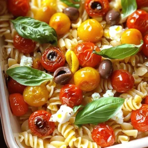 To make Baked Feta Pasta, you need the following ingredients: - 250g pasta (penne or fusilli works great) - 200g feta cheese - 1 cup cherry tomatoes, halved - 1/2 cup Kalamata olives, pitted and sliced - 4 cloves garlic, minced - 1/4 cup olive oil - 1 teaspoon dried oregano - 1 teaspoon red pepper flakes (optional for a kick) - Salt and pepper to taste - Fresh basil leaves for garnish - Zest of 1 lemon If you don’t have feta cheese, goat cheese is a great swap. It adds a tangy taste. You can also try ricotta for a creamier feel. For olives, green olives can work too. If you want a lighter option, use whole wheat pasta. You can skip the red pepper flakes if you prefer no heat. For a dairy-free version, use a plant-based cheese. Each serving of Baked Feta Pasta has about: - Calories: 450 - Protein: 12g - Carbohydrates: 55g - Fat: 20g - Fiber: 3g This dish is rich in flavor and offers a good mix of nutrients. You get carbs from the pasta, protein from the feta, and healthy fats from the olive oil and olives. Enjoy this cozy meal with friends or family. For the full recipe, check out the details above. First, set your oven to 200°C (400°F). This high heat helps roast the tomatoes well. Next, grab a large baking dish. You want enough space for all the veggies and cheese. In the baking dish, mix together the halved cherry tomatoes, sliced Kalamata olives, and minced garlic. This mix brings all the great flavors together. Pour in the olive oil and sprinkle dried oregano. If you like spice, add red pepper flakes. Season with salt and pepper. Use your hands to toss the mixture until everything is well coated. Now, take the block of feta cheese and place it in the middle of the veggie mix. Drizzle a little extra olive oil on top. Finish with the zest of one lemon for a fresh taste. While the feta and tomatoes roast, cook the pasta according to the package instructions. Aim for al dente texture, as it will finish cooking with the sauce later. Once it's done, drain the pasta and set it aside. When the baking timer goes off after about 25-30 minutes, check the dish. The tomatoes should be blistered, and the feta should look soft and golden. Carefully mash the feta and tomatoes with a fork. This creates a creamy sauce that coats the pasta perfectly. Add the cooked pasta right into the baking dish. Toss everything well, ensuring the pasta gets coated in the feta-tomato sauce. Taste and adjust the seasoning with more salt and pepper if needed. Serve the dish hot, garnished with fresh basil leaves. This adds a burst of color and flavor. Enjoy every creamy, savory bite of your baked feta pasta! You can find the full recipe for this dish to impress your guests or simply treat yourself. To get a creamy sauce, use high-quality feta cheese. Soft feta melts better and mixes well. When the feta bakes, it becomes warm and creamy. This texture helps create a rich sauce. Mix the feta with the roasted tomatoes and garlic gently. Make sure to mash them well with a fork. This step blends all the flavors together. The key is to combine the pasta and sauce right after baking. This keeps the dish creamy and delicious. One common mistake is overcooking the pasta. Always cook it al dente, so it stays firm. Another mistake is using too much oil. A little olive oil adds flavor, but too much can make the dish greasy. Avoid skipping the lemon zest; it brightens the flavors. Lastly, don’t forget to taste before serving. Adjust the seasoning with salt and pepper as needed. These small tips help make your dish perfect. For sides, serve a fresh salad with crisp greens. A simple arugula salad with lemon vinaigrette complements the pasta well. Garlic bread also pairs nicely, adding a crunchy texture. For beverages, a chilled white wine like Sauvignon Blanc works great. If you prefer non-alcoholic drinks, try sparkling water with lemon. These pairings enhance your meal, making it even more enjoyable. For the complete cooking process, check the Full Recipe. {{image_2}} You can make Baked Feta Pasta vegetarian by omitting the olives. Use more veggies instead. Zucchini, bell peppers, or spinach add great flavor and color. To make it vegan, swap feta for a plant-based cheese. Tofu or cashew cream can also work well. Both options keep the dish tasty and satisfying. Pasta shapes matter! You can use penne or fusilli as I suggest in the recipe. But feel free to try spaghetti, farfalle, or even gluten-free pasta. Each shape holds sauce differently. You might also add protein like grilled chicken or shrimp. These additions can turn this dish into a full meal. Using seasonal ingredients makes this dish even better. In spring, add asparagus or peas for freshness. Summer brings ripe tomatoes and fresh basil. In fall, roasted butternut squash adds sweetness. During winter, use kale or Brussels sprouts for a hearty touch. Adjust based on what you find at the market for the best taste! To keep your baked feta pasta fresh, store it in an airtight container. Let it cool to room temperature first. Then place it in the fridge. This dish stays tasty for about three days in the fridge. If you want to enjoy it later, you can freeze it. When you’re ready to eat the leftovers, preheat your oven to 180°C (350°F). Place the pasta in an oven-safe dish. Add a splash of olive oil to keep it moist. Cover it with foil to prevent drying. Heat for about 15-20 minutes or until it's warm. You can also reheat it in the microwave, but the oven gives it a better texture. If you want to freeze baked feta pasta, do this before baking. Assemble all the ingredients in the baking dish but do not bake. Cover the dish tightly with plastic wrap, then foil. This will keep it fresh for up to three months. When you’re ready to cook it, thaw it overnight in the fridge. Then bake it as per the full recipe instructions. Enjoy the creamy goodness even later! Penne and fusilli work best for Baked Feta Pasta. Their shapes hold sauce well. You can also try rigatoni for a heartier bite. Any pasta that cooks al dente will work great. I suggest picking a shape that you enjoy. Yes, you can make Baked Feta Pasta ahead. Prepare the dish without baking it first. Cover it tightly and store it in the fridge. When ready, bake it as the recipe states. This makes meal prep easy and tasty. To make Baked Feta Pasta gluten-free, choose gluten-free pasta. Many brands offer great options today. Just ensure it cooks to the right texture. This way, everyone can enjoy the dish without worry. Absolutely! While feta is key, other cheeses can work too. Try goat cheese for a tangy twist. Cream cheese adds creaminess, while mozzarella makes it melty. Each will give a different flavor, so experiment and find your favorite. To boost flavor, add fresh herbs like basil or parsley. A splash of lemon juice brightens the dish too. For some heat, include red pepper flakes. You can also roast garlic for a sweeter taste. Try these ideas to take your dish to the next level! For more details on making this comforting dish, check out the Full Recipe. We covered the key ingredients and steps to make Baked Feta Pasta. You learned how to combine flavors for a creamy sauce and avoid common mistakes. I offered helpful tips for storage and meal prep. This dish is simple and fun, with many variations to explore. Use fresh ingredients or try new pasta shapes to keep it exciting. Enjoy this easy recipe and make it your own each time. Cook, share, and savor every bite!