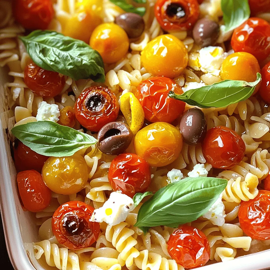 To make Baked Feta Pasta, you need the following ingredients: - 250g pasta (penne or fusilli works great) - 200g feta cheese - 1 cup cherry tomatoes, halved - 1/2 cup Kalamata olives, pitted and sliced - 4 cloves garlic, minced - 1/4 cup olive oil - 1 teaspoon dried oregano - 1 teaspoon red pepper flakes (optional for a kick) - Salt and pepper to taste - Fresh basil leaves for garnish - Zest of 1 lemon If you don’t have feta cheese, goat cheese is a great swap. It adds a tangy taste. You can also try ricotta for a creamier feel. For olives, green olives can work too. If you want a lighter option, use whole wheat pasta. You can skip the red pepper flakes if you prefer no heat. For a dairy-free version, use a plant-based cheese. Each serving of Baked Feta Pasta has about: - Calories: 450 - Protein: 12g - Carbohydrates: 55g - Fat: 20g - Fiber: 3g This dish is rich in flavor and offers a good mix of nutrients. You get carbs from the pasta, protein from the feta, and healthy fats from the olive oil and olives. Enjoy this cozy meal with friends or family. For the full recipe, check out the details above. First, set your oven to 200°C (400°F). This high heat helps roast the tomatoes well. Next, grab a large baking dish. You want enough space for all the veggies and cheese. In the baking dish, mix together the halved cherry tomatoes, sliced Kalamata olives, and minced garlic. This mix brings all the great flavors together. Pour in the olive oil and sprinkle dried oregano. If you like spice, add red pepper flakes. Season with salt and pepper. Use your hands to toss the mixture until everything is well coated. Now, take the block of feta cheese and place it in the middle of the veggie mix. Drizzle a little extra olive oil on top. Finish with the zest of one lemon for a fresh taste. While the feta and tomatoes roast, cook the pasta according to the package instructions. Aim for al dente texture, as it will finish cooking with the sauce later. Once it's done, drain the pasta and set it aside. When the baking timer goes off after about 25-30 minutes, check the dish. The tomatoes should be blistered, and the feta should look soft and golden. Carefully mash the feta and tomatoes with a fork. This creates a creamy sauce that coats the pasta perfectly. Add the cooked pasta right into the baking dish. Toss everything well, ensuring the pasta gets coated in the feta-tomato sauce. Taste and adjust the seasoning with more salt and pepper if needed. Serve the dish hot, garnished with fresh basil leaves. This adds a burst of color and flavor. Enjoy every creamy, savory bite of your baked feta pasta! You can find the full recipe for this dish to impress your guests or simply treat yourself. To get a creamy sauce, use high-quality feta cheese. Soft feta melts better and mixes well. When the feta bakes, it becomes warm and creamy. This texture helps create a rich sauce. Mix the feta with the roasted tomatoes and garlic gently. Make sure to mash them well with a fork. This step blends all the flavors together. The key is to combine the pasta and sauce right after baking. This keeps the dish creamy and delicious. One common mistake is overcooking the pasta. Always cook it al dente, so it stays firm. Another mistake is using too much oil. A little olive oil adds flavor, but too much can make the dish greasy. Avoid skipping the lemon zest; it brightens the flavors. Lastly, don’t forget to taste before serving. Adjust the seasoning with salt and pepper as needed. These small tips help make your dish perfect. For sides, serve a fresh salad with crisp greens. A simple arugula salad with lemon vinaigrette complements the pasta well. Garlic bread also pairs nicely, adding a crunchy texture. For beverages, a chilled white wine like Sauvignon Blanc works great. If you prefer non-alcoholic drinks, try sparkling water with lemon. These pairings enhance your meal, making it even more enjoyable. For the complete cooking process, check the Full Recipe. {{image_2}} You can make Baked Feta Pasta vegetarian by omitting the olives. Use more veggies instead. Zucchini, bell peppers, or spinach add great flavor and color. To make it vegan, swap feta for a plant-based cheese. Tofu or cashew cream can also work well. Both options keep the dish tasty and satisfying. Pasta shapes matter! You can use penne or fusilli as I suggest in the recipe. But feel free to try spaghetti, farfalle, or even gluten-free pasta. Each shape holds sauce differently. You might also add protein like grilled chicken or shrimp. These additions can turn this dish into a full meal. Using seasonal ingredients makes this dish even better. In spring, add asparagus or peas for freshness. Summer brings ripe tomatoes and fresh basil. In fall, roasted butternut squash adds sweetness. During winter, use kale or Brussels sprouts for a hearty touch. Adjust based on what you find at the market for the best taste! To keep your baked feta pasta fresh, store it in an airtight container. Let it cool to room temperature first. Then place it in the fridge. This dish stays tasty for about three days in the fridge. If you want to enjoy it later, you can freeze it. When you’re ready to eat the leftovers, preheat your oven to 180°C (350°F). Place the pasta in an oven-safe dish. Add a splash of olive oil to keep it moist. Cover it with foil to prevent drying. Heat for about 15-20 minutes or until it's warm. You can also reheat it in the microwave, but the oven gives it a better texture. If you want to freeze baked feta pasta, do this before baking. Assemble all the ingredients in the baking dish but do not bake. Cover the dish tightly with plastic wrap, then foil. This will keep it fresh for up to three months. When you’re ready to cook it, thaw it overnight in the fridge. Then bake it as per the full recipe instructions. Enjoy the creamy goodness even later! Penne and fusilli work best for Baked Feta Pasta. Their shapes hold sauce well. You can also try rigatoni for a heartier bite. Any pasta that cooks al dente will work great. I suggest picking a shape that you enjoy. Yes, you can make Baked Feta Pasta ahead. Prepare the dish without baking it first. Cover it tightly and store it in the fridge. When ready, bake it as the recipe states. This makes meal prep easy and tasty. To make Baked Feta Pasta gluten-free, choose gluten-free pasta. Many brands offer great options today. Just ensure it cooks to the right texture. This way, everyone can enjoy the dish without worry. Absolutely! While feta is key, other cheeses can work too. Try goat cheese for a tangy twist. Cream cheese adds creaminess, while mozzarella makes it melty. Each will give a different flavor, so experiment and find your favorite. To boost flavor, add fresh herbs like basil or parsley. A splash of lemon juice brightens the dish too. For some heat, include red pepper flakes. You can also roast garlic for a sweeter taste. Try these ideas to take your dish to the next level! For more details on making this comforting dish, check out the Full Recipe. We covered the key ingredients and steps to make Baked Feta Pasta. You learned how to combine flavors for a creamy sauce and avoid common mistakes. I offered helpful tips for storage and meal prep. This dish is simple and fun, with many variations to explore. Use fresh ingredients or try new pasta shapes to keep it exciting. Enjoy this easy recipe and make it your own each time. Cook, share, and savor every bite!