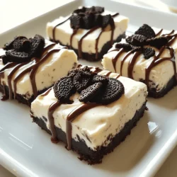 - 24 Oreo cookies, crushed - 1/4 cup unsalted butter, melted - 16 oz cream cheese, softened - 1 cup powdered sugar - 2 teaspoons vanilla extract - 1 cup whipped cream (store-bought or homemade) - 8 Oreo cookies, roughly chopped (for topping) Gathering these ingredients is the first step to your no-bake Oreo cheesecake bars. Each ingredient plays a key role in making this dessert creamy and delicious. The crushed Oreos form the base, giving a rich, chocolatey flavor. The melted butter helps bind the crust together. Cream cheese adds that creamy texture, while powdered sugar sweetens the filling. Vanilla extract enhances the flavor, and whipped cream adds lightness. Finally, the chopped Oreos on top give a nice crunch and extra taste. Make sure to use high-quality cream cheese for the best results. If you want a fluffier texture in your bars, whip the cream cheese until smooth before mixing in the sugar and vanilla. You can find the full recipe in the main section. Enjoy gathering your ingredients! To start, take 24 crushed Oreo cookies and mix them with 1/4 cup of melted butter. Stir until the crumbs soak up the butter. This mixture will hold together nicely. Next, press the cookie mix into the bottom of a 9x9 inch baking dish. Make sure it is even and compact. Chill it in the fridge for about 10 minutes. This helps the crust set well. Now, let’s make the cheesecake filling. In a large bowl, beat 16 ounces of softened cream cheese until it becomes smooth and creamy. Then, slowly add 1 cup of powdered sugar and 2 teaspoons of vanilla extract. Keep mixing until everything is well blended. The mixture should be thick and sweet. After that, gently fold in 1 cup of whipped cream. Be careful not to mix too hard; you want it to stay light and fluffy. Once the filling is ready, pour it over the chilled crust. Use a spatula to smooth out the top. Next, take 8 roughly chopped Oreo cookies and sprinkle them over the cheesecake layer. This adds a nice crunch. After that, cover the dish with plastic wrap and pop it in the fridge. Let it chill for at least 4 hours. This step is key for the cheesecake to set properly. When it’s ready, cut into bars and serve. Enjoy your delicious creation! For a full recipe with prep and cook times, check the [Full Recipe]. To make the best cheesecake bars, focus on beating the cream cheese well. Start with softened cream cheese to avoid lumps. Use an electric mixer for smoothness. Mix until it looks creamy and fluffy. This step is key for a rich filling. For the whipped cream, you want it light and airy. If you use store-bought, make sure it’s chilled. If you make it at home, whip until stiff peaks form. Gently fold the whipped cream into the cream cheese mixture. This keeps the filling light and gives it a nice texture. Cutting the bars can be tricky. Use a sharp knife dipped in hot water for clean cuts. Wipe the knife after each cut to keep edges neat. This way, your bars look great on a plate. For presentation, serve them on a white platter. This contrast highlights the dark Oreo crust. Drizzle chocolate sauce on top for a touch of flair. A sprig of mint adds color and freshness. These small details impress your guests. One common mistake is overmixing the filling. This can make it dense and heavy. Mix just enough to combine ingredients. Another mistake is not chilling the bars long enough. They need at least four hours in the fridge to set. If you cut them too soon, they won’t hold their shape. Be patient for the best results. For the full recipe, check out the No-Bake Oreo Cheesecake Bars. {{image_2}} You can change the flavor of your no-bake Oreo cheesecake bars easily. Here are some fun ideas: - Chocolate Oreo cheesecake variation: Use chocolate Oreo cookies for the crust. This adds a rich, deep chocolate taste to every bite. You can even mix chocolate chips into the filling for a double chocolate treat. - Adding fruit flavors like raspberry or lemon: For a fruity twist, add raspberry or lemon puree into the filling. Replace part of the cream cheese with the puree. This gives a fresh taste and bright color to your bars. If you need to make these bars fit a specific diet, here are some tips: - How to make it gluten-free: Use gluten-free Oreo cookies for the crust. Most brands offer gluten-free options that taste great. This way, you keep the yummy Oreo flavor without the gluten. - Vegan alternatives for cream cheese and whipped cream: To make a vegan version, use cashew cream or coconut cream in place of cream cheese. For whipped cream, try coconut whipped cream. This keeps the bars creamy and delicious, even without dairy. Explore these variations to make your no-bake Oreo cheesecake bars unique and fit your tastes or dietary needs. Check out the Full Recipe for more details on making these bars! To keep your no-bake Oreo cheesecake bars fresh, use an airtight container. Glass or plastic containers work well. Line the container with parchment paper for easy removal. Place the bars in a single layer if possible. This helps prevent them from sticking together. Store your cheesecake bars in the fridge. They need a cool environment to stay firm. Avoid leaving them at room temperature for long. This will keep them safe and tasty. You can store the bars in the fridge for up to five days. They will taste best within the first three days. After that, the texture may change. Look for signs that the bars may no longer be good. Check for a change in smell or color. If they feel slimy or hard, it’s time to toss them. Always trust your senses; they know best! You can use Greek yogurt or silken tofu instead of cream cheese. Both options give you a creamy texture. If you choose yogurt, use plain for the best taste. For tofu, blend it until smooth to avoid lumps. You can also add a bit of lemon juice for tanginess. This keeps the bars light and tasty. Yes, you can freeze these bars! First, cut them into slices. Wrap each slice in plastic wrap. Then, place them in an airtight container. They can last up to three months in the freezer. To thaw, move them to the fridge overnight. This keeps them fresh and ready to enjoy anytime. You can use any chocolate cookie for the crust. Try chocolate graham crackers or even peanut butter cookies. For a different flavor, use vanilla wafers. If you want a gluten-free option, use gluten-free chocolate cookies. Each choice adds a fun twist to your cheesecake bars. No-Bake Oreo Cheesecake Bars are easy, tasty, and fun to make. You learned how to prepare the crust and the filling. I shared tips for great texture and serving ideas. Remember to chill them well to avoid common mistakes. You can even mix up flavors or try dietary changes. These bars are simple to store and have a long shelf life. Enjoy making and sharing these delicious treats. They are sure to impress at any gathering!