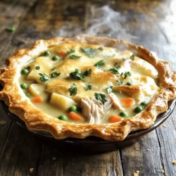 For a delicious chicken pot pie, you need these main ingredients: - 2 cups cooked chicken, shredded - 1 cup carrots, diced - 1 cup frozen peas - 1 cup potatoes, diced - 1/2 cup onion, chopped - 1/2 cup celery, chopped - 1/3 cup butter - 1/3 cup all-purpose flour - 1 3/4 cups chicken broth - 2/3 cup milk - 1 package (2 crusts) refrigerated pie crusts - 1 egg, beaten (for egg wash) These ingredients create a filling that warms the soul and satisfies hunger. The chicken gives protein, while the veggies add color and crunch. To enhance your dish, don’t forget the key seasonings: - 1 teaspoon dried thyme - Salt and pepper to taste Thyme brings a warm, earthy flavor to the pot pie. Adjust the salt and pepper to make it just right for your taste. For the best results, gather these baking supplies: - 9-inch pie dish - Large saucepan - Whisk - Rolling pin Using these tools will help you create a perfect chicken pot pie. A good pie dish helps with even baking, while a whisk mixes your filling smoothly. For a crisp crust, a rolling pin is essential. For a full recipe, check out the [Full Recipe]. To start, melt the butter in a large saucepan over medium heat. Once the butter melts, add the chopped onion, carrots, celery, and potatoes. Cook these veggies until they soften, which takes about 5 to 7 minutes. Next, stir in the flour to create a roux. Cook this for 1 to 2 minutes to get the raw flour taste out. Then, slowly whisk in the chicken broth and milk. Keep stirring until the mixture thickens, which should take around 3 to 5 minutes. Now it’s time to add the shredded chicken, frozen peas, dried thyme, salt, and pepper. Mix everything well, then remove it from the heat. Grab one of the refrigerated pie crusts and roll it out. Place the rolled crust into a 9-inch pie dish. Make sure it covers the bottom and sides. After that, pour the chicken filling into the crust evenly. Now, roll out the second pie crust and lay it over the top of the pie. Seal the edges by crimping them with a fork. This keeps all the tasty filling inside. Don’t forget to cut a few slits in the top crust. This allows steam to escape as the pie bakes. Before you put the pie in the oven, brush the top crust with the beaten egg. This gives the crust a golden finish. Preheat your oven to 425°F (220°C) and bake the pie for 30 to 35 minutes. You’ll know it’s ready when the crust is golden brown and the filling is bubbly. Once it’s done, let the pot pie cool for 10 minutes before slicing. Serve it with a sprinkle of fresh parsley. A side salad makes a great addition to your meal. For the full recipe, refer back to the beginning. Enjoy your cozy comfort food! To make your chicken pot pie shine, herbs and spices are key. I love using dried thyme; it adds a warm, earthy taste. You can also try rosemary or sage for a different flavor twist. A pinch of garlic powder can bring out all the flavors in your filling. Remember to taste as you go. Adjust the salt and pepper for your liking. This small step makes a big difference. One common mistake is not cooking the vegetables long enough. They should be soft before you add the chicken. Another error is not sealing the pie crust properly. If you don’t crimp the edges well, the filling might leak. Avoid overfilling the pie, too; it can bubble over in the oven. Lastly, don’t forget to cut slits in the top crust. This allows steam to escape and keeps your crust from getting soggy. Baking at the right temperature is crucial. Preheat your oven to 425°F (220°C) before placing the pie inside. This ensures a golden, flaky crust. I suggest using a dark pie pan. It helps with even cooking. For the filling, whisk the broth and milk slowly to prevent lumps. Stir constantly until thick. This technique gives you a smooth, creamy filling. If you want a beautiful finish, brush the top crust with a beaten egg before baking. That golden color looks stunning! For more details on the recipe, check the Full Recipe. {{image_2}} You can switch up the protein in your pot pie. Try turkey instead of chicken. This works well with leftover turkey. You can also use cooked beef or pork for a twist. Each protein adds a unique flavor. For seafood lovers, shrimp or crab can be a delicious choice too. For a vegetarian pot pie, use vegetable broth and replace chicken with hearty tofu or mushrooms. You can add lentils for protein. If you want a vegan pot pie, swap out the milk for almond or soy milk. Use a plant-based butter for the roux. These changes keep your pie creamy and flavorful without meat. Feel free to mix up the veggies in your pot pie. You could use green beans, corn, or bell peppers. Sweet potatoes can add a nice sweetness to the dish. Try adding spinach or kale for extra nutrition. Mixing different vegetables can make your pot pie colorful and fun. Explore your favorites to find the best combination for your taste. For more details, check the Full Recipe. To store leftover pot pie, let it cool first. Cover the pie tightly with plastic wrap or foil. You can also transfer slices to an airtight container. Keep it in the fridge for up to four days. This keeps the filling fresh and tasty. If you want to freeze chicken pot pie, it's best to do this before baking. Assemble the pie and wrap it well in plastic wrap. Then, place it in a freezer-safe bag. It can stay frozen for up to three months. When you're ready to bake, just remove it from the freezer and bake directly from frozen. To reheat leftover pot pie, preheat your oven to 350°F (175°C). Cover the pie with foil to prevent burning. Heat for about 25-30 minutes. If you're reheating slices, place them on a baking sheet and cover them. This method keeps the crust crispy and the filling warm. For a quick option, you can also use the microwave. However, this may make the crust a bit soggy. Enjoy your cozy comfort food! For the full recipe, check out the link. You can use any cooked chicken for pot pie. I like to use rotisserie chicken. It saves time and adds great flavor. You can also use leftover chicken from dinner. Just shred it and toss it in. Always ensure the chicken is cooked through to keep your pot pie safe. Yes, you can make chicken pot pie ahead of time. Prepare the filling and crust as normal. Then, store the filling in the fridge. You can also freeze the filling for up to three months. Assemble and bake it when you're ready to enjoy. It will taste fresh and warm. To make a flaky crust, keep your butter cold. Use cold water when mixing the dough. I also suggest not overworking the dough. This helps keep the layers light and airy. When baking, brush the top with egg wash. This gives it a nice golden color and shine, too. Absolutely! Frozen vegetables work great for chicken pot pie. They are easy to use and save time. Just add them straight to the filling. They will cook perfectly in the oven. This makes your meal quick and simple. Chicken pot pie is hearty on its own. You can serve it with a side salad for freshness. Steamed veggies also pair well. If you want something warm, try garlic bread. These sides balance the meal and add more flavors. Your pot pie is done when the crust is golden brown. Check if the filling is bubbling. You can also insert a knife into the filling. If it comes out hot, it's ready to serve. Let it cool a bit before slicing. For the full recipe, check out the Homestyle Chicken Pot Pie section above! In this blog post, I covered classic chicken pot pie, from ingredients to baking it. You'll find the main ingredients and key seasonings that bring it to life. I also shared tips for preparing the filling and crust, along with serving advice. Different protein options and even vegetarian versions offer variety. Don’t forget the storage tips for leftovers! In the end, chicken pot pie is fun to make and share. Enjoy your cooking adventure!