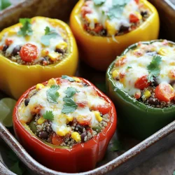 - 4 large bell peppers (red, yellow, green, or a mix) - 1 cup quinoa, rinsed - 2 cups vegetable broth - 1 can (15 oz) black beans, rinsed and drained - 1 cup corn (fresh or frozen) - 1 cup cherry tomatoes, halved - 1 teaspoon cumin - 1 teaspoon smoked paprika - 1 teaspoon garlic powder - Salt and pepper to taste - 1 cup shredded cheese (cheddar or a plant-based alternative) - Fresh cilantro for garnish - 1 tablespoon olive oil - Juice of 1 lime - Ground meat (beef, turkey, or chicken) - Rice or other grains - Additional spices (chili powder, oregano) These ingredients create a vibrant and tasty dish. The bell peppers serve as a colorful base. They add crunch and sweetness, making every bite enjoyable. Quinoa packs in protein and fiber. It also absorbs flavors well, making it a perfect filling. Black beans add creaminess and a nice contrast to the peppers. Corn brings a bit of sweetness and texture. Cherry tomatoes add freshness. The spices—cumin, smoked paprika, and garlic powder—create depth of flavor. You can customize your dish by adding ground meat or rice. This lets you tailor the recipe to your taste. Each ingredient works together to create a balanced, hearty meal. For the full recipe, visit the section above. Preheat your oven to 375°F (190°C). This helps the peppers cook evenly. Next, cut the tops off the bell peppers. Remove all seeds and membranes. Brush the outside with olive oil. Place the peppers upright in a baking dish. Now, let’s cook the quinoa. In a medium pot, bring two cups of vegetable broth to a boil. Add one cup of rinsed quinoa to the pot. Reduce the heat to low. Cover and let it simmer for about 15 minutes. When it’s done, the liquid should absorb, and the quinoa will be fluffy. Remove it from the heat. In a large bowl, mix the cooked quinoa with the filling ingredients. Add one can of rinsed black beans, one cup of corn, and one cup of halved cherry tomatoes. Sprinkle in one teaspoon of cumin, one teaspoon of smoked paprika, and one teaspoon of garlic powder. Squeeze in the juice of one lime. Season with salt and pepper to taste. Mix it well. Now, spoon the quinoa mixture into each bell pepper. Pack it tightly to fit all the filling. Top with the remaining cheese for extra flavor. Cover the baking dish with aluminum foil. Bake the peppers for 25 minutes. This helps them soften. After 25 minutes, remove the foil. Bake for another 10 to 15 minutes. This makes the cheese melt and turn golden. To check if they are done, poke a pepper with a fork. If it's soft but holds its shape, they are ready. Let the peppers cool for a few minutes. Garnish with fresh cilantro before serving. Enjoy your flavorful stuffed bell peppers! For the complete recipe, see the Full Recipe section. Choosing the right bell peppers makes a big difference. Colors like red, yellow, and green each have unique tastes. Red peppers are sweet and ripe. Yellow peppers are mild and slightly sweet. Green peppers have a fresh and slightly bitter flavor. When selecting peppers, look for ones that are firm and shiny. A good pepper should feel heavy for its size. Pay attention to shape as well; a bell pepper should have a nice, round bottom. This shape helps it stand upright when you fill it. To make a great filling, balance flavors and textures. Mix soft and crunchy ingredients. For example, combine quinoa with black beans and corn. This mix gives a nice chew. When it comes to spice, you can easily adjust the heat. If you like it mild, keep the spices light. If you enjoy a kick, add more cumin or chili powder. Start with small amounts, taste, and adjust as needed. This way, you can create a filling just right for you. Serving your stuffed peppers can be fun and creative. Pair them with simple sides like a green salad or some crusty bread. You can also serve them with a tasty sauce, like salsa or a yogurt dip, for added flavor. For presentation, place the peppers on a colorful plate. Garnish with fresh cilantro or a sprinkle of cheese on top. This makes the dish look vibrant and inviting. For the full recipe, you can find it in the earlier sections of the article. {{image_2}} For a veggie-packed meal, try quinoa mixed with colorful vegetables. You can use zucchini, spinach, or even diced carrots. This adds crunch and nutrition. To make it creamier, explore different cheese options. You can use cheddar or a plant-based cheese. Both melt well and add flavor. If you want more protein, add ground meat to your filling. Ground beef, turkey, or chicken works great. Brown the meat first, then mix it with your other ingredients. For a high-protein vegetarian option, try adding tofu or lentils. They both soak up flavors well and make your meal hearty. To spice things up, think about global flavors. For a Mexican twist, add black beans, corn, and taco seasoning. Top with salsa or avocado for extra zest. For a Mediterranean style, mix in feta cheese, olives, and herbs like oregano. Both variations turn simple stuffed peppers into exciting dishes. You can find the full recipe for these stuffed bell peppers to get started on your flavor journey! After enjoying your stuffed bell peppers, let them cool. Cooling them down helps prevent bacteria growth. Place the peppers in an air-tight container. This keeps them fresh and tasty for later. Store them in the fridge. They will stay good for about 3 to 5 days. To freeze stuffed peppers, wrap each one tightly in plastic wrap. This keeps moisture out and prevents freezer burn. Place the wrapped peppers in a freezer bag or container. They can last for up to 3 months in the freezer. When ready to eat, remove them from the freezer. Thaw them in the fridge overnight. Reheat in the oven at 350°F (175°C) for about 25 minutes. You can also microwave them for a quicker option. Making stuffed peppers ahead of time is easy. Prepare the filling and stuff the peppers. You can store them in the fridge for up to 2 days before cooking. For safe reheating, heat them until they’re hot throughout. That means the center should reach 165°F (74°C). You can also bake them again or use the microwave. This method helps save time on busy days. For the full recipe, refer to the section above. To avoid crunchy bell peppers, cook them for the right time. Bake them covered for the first part. This softens them. After 25 minutes, remove the cover to let the tops brown. You can also simmer the peppers briefly before filling. A quick boil can help, too. Yes, you can use other grains. While I love quinoa for its texture, rice works great too. Couscous is another fun option. You can even try farro or barley. Each grain brings its own taste. Experiment to find your favorite! If you're looking for cheese swaps, try nutritional yeast for a cheesy flavor. Dairy-free cheese options are tasty too. You can use cashew cream for a creamy texture. Another choice is to skip cheese entirely and add more spices for flavor. Stuffed peppers can last about 3 to 5 days in the fridge. Store them in an airtight container. Check for any signs of spoilage, like a sour smell or slimy texture. If they look or smell off, it’s best to toss them. Stuffed bell peppers are a tasty and versatile dish. We covered the ingredients, preparation, and ways to customize. You can adjust flavors, use different grains, or even add proteins. Plus, we discussed smart tips for serving and storing leftovers. These stuffed peppers are not just great for dinner but also perfect for meal prep. Enjoy experimenting with flavors that fit your taste. With these easy steps, you'll create a dish that pleases everyone at the table.