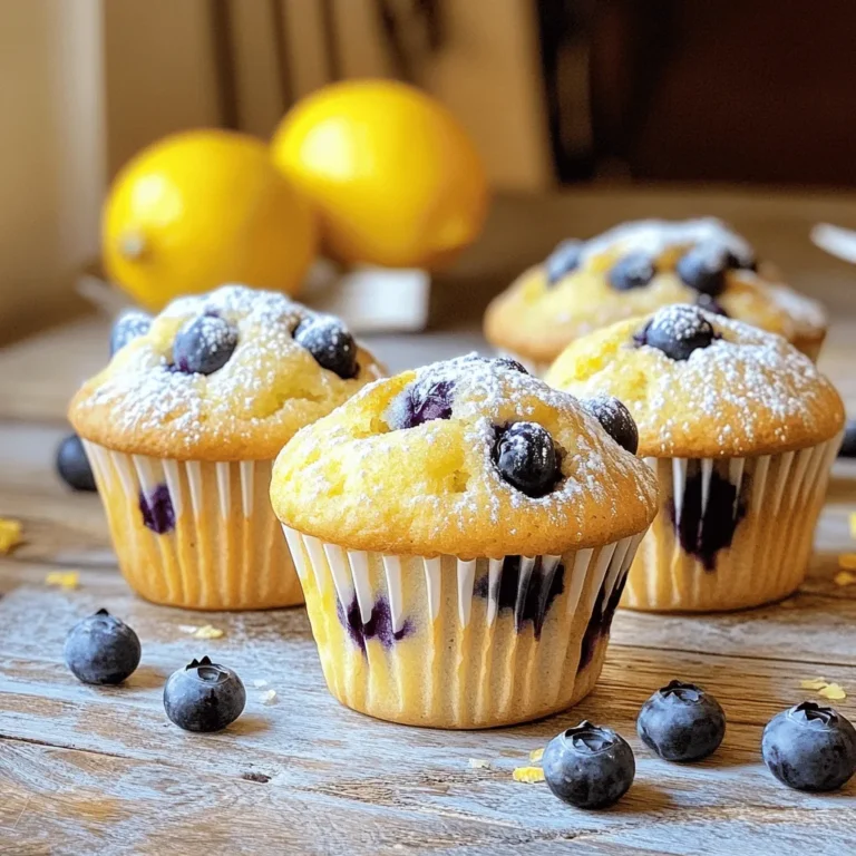 - 1 ½ cups all-purpose flour - ½ cup granulated sugar - 1 teaspoon baking powder - ½ teaspoon baking soda - ¼ teaspoon salt - Zest and juice of 1 large lemon - ½ cup unsalted butter, melted - 2 large eggs - ½ cup buttermilk (or milk + ½ tablespoon vinegar) - 1 teaspoon vanilla extract - 1 cup fresh blueberries (or frozen, do not thaw) - Optional: Coarse sugar for topping When I make lemon blueberry muffins, I start with the dry ingredients. I mix flour, sugar, baking powder, baking soda, and salt. This gives the muffins their structure. The wet ingredients come next. I love the bright flavor from the lemon zest and juice. They make the muffins fresh and zesty. I melt unsalted butter for richness. I then add eggs, buttermilk, and vanilla extract. The butter makes the muffins moist and fluffy. Buttermilk adds tang and helps them rise. For the add-ins, I use fresh blueberries if I can. They burst with juice when baked. If fresh ones aren't available, frozen blueberries work too. Just don't thaw them. I often sprinkle coarse sugar on top for a sweet crunch. This recipe is simple and quick. You can find the full recipe above. Enjoy these muffins fresh from the oven! First, we need to preheat the oven. Set it to 375°F (190°C). This step is key for even baking. Next, prepare the muffin tin. Use paper liners or grease it with cooking spray. This keeps your muffins from sticking. Now, let’s combine the dry ingredients. In a big bowl, whisk together: - 1 ½ cups all-purpose flour - ½ cup granulated sugar - 1 teaspoon baking powder - ½ teaspoon baking soda - ¼ teaspoon salt Make sure everything is mixed well. In another bowl, we will whisk the wet ingredients. Combine: - Zest and juice from 1 large lemon - ½ cup melted unsalted butter - 2 large eggs - ½ cup buttermilk (or milk mixed with vinegar) - 1 teaspoon vanilla extract Whisk until everything is smooth. Pour the wet mixture into the dry bowl. Gently fold them together. Be careful not to overmix; a few lumps are okay. Now, it’s time to add the blueberries. Gently fold in 1 cup of fresh or frozen blueberries. Make sure they are mixed evenly. Scoop the batter into the muffin tin, filling each cup about ¾ full. If you want a sweet crust, sprinkle some coarse sugar on top. Bake the muffins for 18 to 22 minutes. To check if they are done, insert a toothpick into the center. If it comes out clean, your muffins are ready! Let them cool in the tin for 5 minutes. Then, transfer them to a wire rack. Enjoy your Lemon Blueberry Muffins! For the full recipe, check out the details above. To make sure your muffins turn out great, avoid overmixing. When you mix the batter, do it just enough to combine the ingredients. A few lumps are okay. Overmixing can make your muffins tough. The temperature of your ingredients matters too. Use room temperature butter and eggs. This helps them blend better and gives your muffins a nice rise. Always use fresh ingredients for the best taste. Fresh blueberries will burst with flavor. If you use frozen, do not thaw them first. This keeps the muffins moist. You can also experiment with toppings. Adding a sprinkle of coarse sugar gives a sweet crunch. You might try nuts or a lemon glaze for added flavor. One common mistake is not letting the muffins cool properly. Let them cool in the tin for five minutes. Then, move them to a wire rack. This prevents sogginess and helps them stay fluffy. Be careful with substitutions. If you swap the buttermilk for regular milk, add vinegar to mimic the acidity. This is important for texture and flavor. For the full recipe, check out the recipe section. {{image_2}} You can easily adapt this recipe for different diets. Here’s how: - Vegan lemon blueberry muffins: Replace eggs with flax eggs. Use plant-based milk and butter. This keeps the muffins moist and fluffy. - Gluten-free options: Swap all-purpose flour for a gluten-free blend. Make sure it has a good binding agent like xanthan gum. These changes ensure great texture and taste. You can mix up the flavors in your lemon blueberry muffins: - Adding nuts or seeds: Walnuts or chia seeds add a nice crunch. They also boost nutrition in your muffins. - Other fruits to incorporate: Try adding raspberries or strawberries. These fruits pair well with lemon and blueberries. They add a twist to the classic flavor. Adjust the recipe for seasonal freshness: - Adjusting for different berry varieties: In summer, use blackberries or fresh strawberries. In winter, consider dried fruits like cranberries. Each season offers unique flavors. - Incorporating spices like cinnamon or nutmeg: A sprinkle of cinnamon adds warmth. Nutmeg gives a lovely depth. This small change can elevate the taste of your muffins. Explore the [Full Recipe] to see how these variations can come to life in your kitchen! Store your lemon blueberry muffins at room temperature for the best taste. Place them in a container with a lid. This keeps them soft and fresh. If you want to store them longer, use the fridge. Just make sure to wrap them well. They can dry out quickly in the fridge. Use airtight containers or resealable bags. This helps prevent air from making the muffins stale. If you have a lot of muffins, you can stack them in layers. Just place parchment paper between layers to avoid sticking. You can freeze your muffins for later enjoyment. First, let them cool completely. Then, wrap each muffin tightly in plastic wrap. After that, put them in a freezer-safe bag or container. Squeeze out as much air as possible. This way, they stay fresh for up to three months. When you are ready to eat one, take it out of the freezer. Let it thaw in the fridge overnight or on the counter for a few hours. You can also warm it up in the oven for a few minutes. Enjoy your muffins fresh and tasty! For the full recipe, check out the delicious details above. To make your muffins fluffy, follow these tips: - Use fresh baking powder and baking soda. - Beat the eggs well to trap air. - Do not overmix the batter; mix until just combined. - Let the batter rest for 10 minutes before baking. These simple steps help create a light texture. Yes, you can use frozen blueberries! Just remember: - Do not thaw them before adding to the batter. - This helps prevent the batter from turning blue. - Add them directly from the freezer for best results. Using frozen blueberries can add a nice chill to your muffins. If you don’t have buttermilk, you can use: - Milk with ½ tablespoon of vinegar mixed in. - Plain yogurt thinned with a little water. - Sour cream mixed with water until smooth. These options keep the batter moist and tasty. Yes, you can double the recipe! Here’s how: - Simply use twice the amount of each ingredient. - Make sure your mixing bowl is large enough. - Bake in batches if your oven can’t fit all the muffins. Doubling is perfect for sharing or for a big breakfast! This post covered key ingredients, easy steps, and tips for perfect lemon blueberry muffins. Remember to measure carefully and avoid overmixing. Try using fresh ingredients for the best taste. You can also explore different flavors or dietary needs. Storing muffins properly will keep them fresh for longer. Feel free to experiment and make this recipe your own. Happy baking!