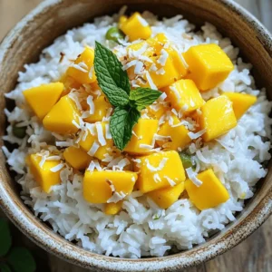 - 1 cup jasmine rice - 1 cup coconut milk - 1 cup water - 1 ½ tablespoons sugar - ½ teaspoon salt - 1 ripe mango, peeled and diced - 2 tablespoons shredded coconut (toasted for extra flavor) - Fresh mint leaves for garnish - Additional fruit toppings (e.g. pineapple, kiwi) - Different coconut types (coconut cream or coconut flakes) To make coconut rice with mango, gather your ingredients first. The main star is jasmine rice. It’s fragrant and soft, perfect for this dish. Coconut milk adds a rich creaminess and a hint of sweetness. Water helps cook the rice evenly. Sugar gives it a touch of sweetness, while salt balances the flavors. Don’t forget the ripe mango! It brings a fresh, juicy burst of flavor. You can also toast the shredded coconut for an extra crunch. Fresh mint leaves add a pop of color and refreshing taste. If you want to get creative, consider adding other fruits like pineapple or kiwi. You could swap coconut milk for coconut cream for a richer taste. Using coconut flakes instead of shredded coconut can change the texture, too. These ingredients come together to create a delightful tropical dish. For the full recipe, check the instructions laid out in the article. - Rinse jasmine rice. - Combine the rice, coconut milk, water, sugar, and salt in a saucepan. Rinsing the jasmine rice helps remove extra starch. This step ensures your rice turns out fluffy. After rinsing, drain the rice well. In a medium saucepan, combine the rinsed rice with coconut milk, water, sugar, and salt. Stir everything together until well mixed. This mix sets the stage for creamy, flavorful rice. - Bring to a boil and simmer. - Let rice rest before serving. Next, bring the mixture to a gentle boil over medium heat. Once it boils, reduce the heat to low and cover the pot. Let it simmer for about 15 to 18 minutes. You want the rice to soak up all the liquid and become tender. When the rice is cooked, remove it from the heat and let it rest for 5 minutes. This resting time helps the rice finish cooking. After resting, fluff it gently with a fork to separate the grains. - Prepare and add mango. - Garnish for presentation. While the rice rests, take a ripe mango. Peel and cut it into small cubes. Once the rice is ready, serve it warm. Top it with the diced mango for a sweet touch. For added flavor, sprinkle some toasted shredded coconut on top. Finally, add fresh mint leaves for a pop of color. This makes your dish look fresh and inviting. If you want to see the complete recipe, check out the Full Recipe. Enjoy this delightful tropical dish! To keep your rice from being mushy, rinse it well. Rinse the jasmine rice under cold water until the water runs clear. This step removes extra starch that can make the rice sticky. After rinsing, let it drain well. To get the right sweetness, adjust the sugar. Start with 1 ½ tablespoons, then taste. If you want more sweetness, add a little more sugar. The coconut milk also adds a natural sweetness. Coconut rice pairs well with many dishes. Serve it alongside grilled chicken or shrimp for a tasty mix. It also goes well with spicy curries or stir-fried veggies. For a beautiful presentation, layer the rice in a bowl. Top it with diced mango and sprinkle with toasted coconut. Add fresh mint leaves for a nice touch. This makes the dish look colorful and fresh. You can add spices to boost flavor. Try a pinch of cinnamon or cardamom. These spices add warmth and depth to the dish. To add crunch, mix in some nuts or seeds. Toasted almonds or cashews work well. They not only add texture but also enhance flavor. This gives your coconut rice a delightful twist. {{image_2}} You can play with the base of this dish. Try swapping jasmine rice for basmati or brown rice. Both types have their own charm. Basmati adds a nutty flavor, while brown rice gives a nice chew. You can also use other types of milk. Almond milk or soy milk work well. They bring a different twist to the creaminess of coconut. To elevate your coconut rice, think about adding fresh herbs. Basil or lemongrass can add a bright note. These herbs balance the sweetness of the coconut and mango. Spices also enhance the flavor. A touch of cardamom or cinnamon can warm up the dish. Just a pinch can make a big difference. Feel free to change up the fruit based on the season. If mango is not ripe, use pineapple or papaya. These fruits add their own sweetness and tang. You can also adapt the dish for holidays. For a festive touch, add pomegranate seeds or cranberries. They add color and a burst of flavor. After enjoying your coconut rice with mango, store any leftovers in an airtight container. This keeps the rice fresh and tasty. Place the container in the fridge. It will last about three to four days. To reheat, you can use either the microwave or the stovetop. If using the microwave, place the rice in a bowl and add a splash of water. Cover it loosely and heat for one minute. Stir and heat for another minute if needed. On the stovetop, add a little water to a pan. Heat over low until warm, stirring gently. This helps keep the rice fluffy. If you want to save some for later, you can freeze coconut rice. Use a freezer-safe container and portion out the rice. Make sure to leave some space for expansion. It can last for up to three months in the freezer. When ready to eat, thaw the rice overnight in the fridge. For best results, reheat it on the stovetop with a splash of water. This ensures you keep that nice, tender texture. To make coconut rice with mango, start with jasmine rice. Rinse it under cold water until the water is clear. This step helps remove excess starch. After rinsing, combine the rice with coconut milk, water, sugar, and salt in a saucepan. Stir the mixture well. Next, bring the mixture to a gentle boil on medium heat. Once it boils, lower the heat and cover the pot. Let it simmer for about 15 to 18 minutes. This allows the rice to absorb all the tasty coconut milk. When done, remove it from the heat and let it sit covered for five minutes. Finally, fluff the rice with a fork and add diced mango on top. You can finish it off with toasted coconut and mint leaves for a fresh touch. You can find the full recipe for more details. Yes, you can easily make coconut rice with mango vegan. Simply use plant-based milk instead of coconut milk. Almond or oat milk works well. You can also substitute sugar with maple syrup or agave nectar to keep it vegan. These swaps maintain the dish's flavor while making it suitable for a vegan diet. Coconut rice with mango pairs nicely with various dishes. Try it with spicy curries for a great balance of flavors. You can also serve it alongside grilled chicken or fish. It complements fresh salads or vegetable stir-fries as well. For breakfast, serve it with a side of yogurt and nuts for a delightful start to your day. You’ve learned how to create a delicious coconut rice with mango dish. We covered the main ingredients, step-by-step cooking instructions, and tips to enhance flavor. You also saw various alternatives and storage techniques. Remember, the key is in the balance of flavors. Feel free to experiment with fruits and spices. This dish is not just a treat; it’s also easy to make and share. Enjoy your cooking adventure!