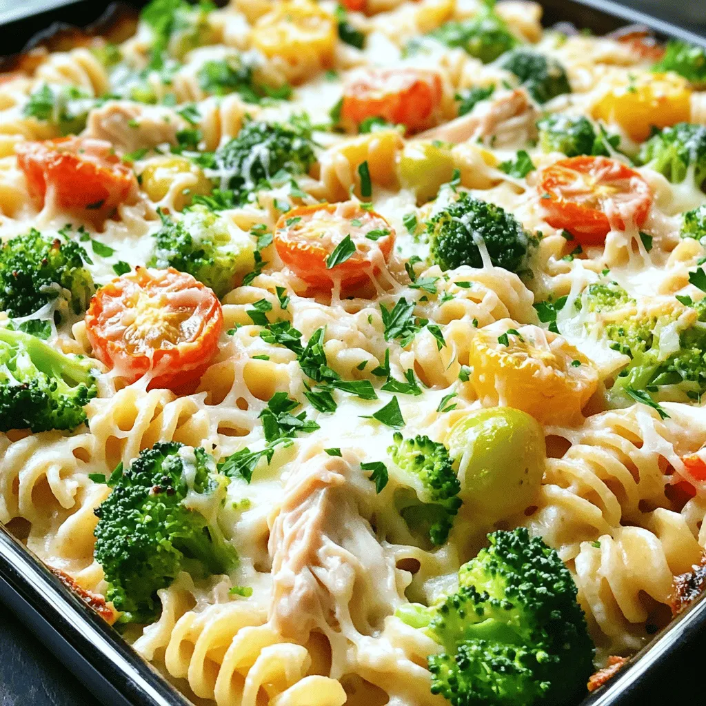 - 2 cups cooked rotini pasta - 2 cups cooked chicken breast, shredded - 2 cups Alfredo sauce (store-bought or homemade) - 1 cup broccoli florets, steamed - 1 cup cherry tomatoes, halved - 1 cup mozzarella cheese, shredded - ½ cup parmesan cheese, grated - 1 teaspoon garlic powder - Salt and pepper to taste - Fresh parsley, chopped (for garnish) When preparing Easy Chicken Alfredo Bake, you want simple yet tasty ingredients. Start with cooked rotini pasta. This pasta holds the sauce well and adds a nice bite. Next, use cooked chicken breast. You can shred your own or use pre-cooked chicken to save time. The Alfredo sauce adds creamy flavor, and you can choose store-bought or homemade for this dish. Next, add some color and nutrition with steamed broccoli florets. They add a crunch and balance the creaminess. Halved cherry tomatoes brighten up the dish and give it a pop of flavor. For the cheesy goodness, sprinkle shredded mozzarella and grated parmesan on top. They melt beautifully and create that golden crust we all love. A touch of garlic powder enhances the taste without overpowering. Don’t forget to season with salt and pepper. Fresh parsley makes a lovely garnish, adding a fresh touch. The combination of these ingredients makes this dish comforting, creamy, and full of flavor. You can find the Full Recipe for detailed instructions on how to bring this dish to life. - Preheat the oven to 350°F (175°C). - In a large bowl, combine cooked rotini, shredded chicken, steamed broccoli, halved cherry tomatoes, garlic powder, and Alfredo sauce. Mix well until all ingredients coat evenly. - Season the mixture with salt and pepper to taste. - Transfer this mixture to a greased 9x13-inch baking dish and spread it out evenly. - Sprinkle shredded mozzarella and parmesan cheese on top. - Cover the dish with aluminum foil and bake for 20 minutes. - Remove the foil and bake for an additional 10-15 minutes until the cheese is bubbly and golden brown. With these steps, you create a hearty and creamy dish that is sure to please everyone! For the complete recipe, check out the full recipe provided. - Use rotisserie chicken for faster prep time. - Steam broccoli just until tender to maintain texture. These tips save time and keep your dish fresh. Rotisserie chicken cuts cooking time in half. It’s already cooked and packed with flavor. For the broccoli, a quick steam keeps it bright and crunchy. - Add Italian seasoning or red pepper flakes for extra flavor. - Substitute your choice of cheese for a different taste. Italian seasoning gives a nice herbal touch. Red pepper flakes add a warm kick if you like spice. You can also experiment with different cheeses. Cheddar or gouda can change the flavor profile completely. - Serve with garlic bread or a side salad for a complete meal. - Garnish with additional parsley or fresh herbs before serving. Garlic bread pairs perfectly with the creamy pasta. A fresh salad adds a nice crunch and balance. A sprinkle of parsley or herbs makes your dish look pretty too. It’s all about that final touch! {{image_2}} You can change a few ingredients to fit your needs. - Use gluten-free pasta for a gluten-free version. - Substitute chicken with cooked shrimp or sausage for a different protein. Switching up the sauce can add new flavors. - Try a homemade Alfredo sauce for a fresher taste. - Mix in homemade pesto for a flavor twist. You can make this dish fit your diet. - Make it dairy-free by using dairy-free cheese and sauces. - Add more veggies like bell peppers or spinach for a nutritious boost. These variations can help you create a dish that suits your taste and dietary needs. For more ideas, check out the Full Recipe. Store leftovers in an airtight container in the fridge for up to 3-4 days. This keeps the dish fresh and safe. Before you eat it again, check for any signs of spoilage. You can freeze this dish in an airtight container for up to 3 months. Make sure to let it cool completely before freezing. When you want to eat it, thaw it in the fridge overnight. This helps maintain the flavor and texture. For the best texture, reheat in the oven. Set it to 350°F (175°C) and cover the dish with foil. Add a splash of milk to keep it creamy during reheating. This little trick helps the sauce stay smooth and delicious. You can use a homemade white sauce or any creamy sauce as a substitute. I love making a simple white sauce with butter, flour, milk, and cheese. Just melt the butter, whisk in the flour, and slowly add milk until thick. This way, you keep it fresh and tasty! Yes, you can assemble it a day in advance and bake when ready. Just cover it and store it in the fridge. When you’re ready to eat, pop it in the oven. This makes planning family meals so much easier! Add more vegetables and opt for whole grain or gluten-free pasta. You can toss in bell peppers, spinach, or zucchini for added nutrients. This way, you get a colorful dish that’s not only good for you but also fun to eat! This dish combines rotini pasta, chicken, broccoli, and creamy Alfredo sauce. With easy steps, you can prepare a tasty meal that satisfies everyone. Remember, you can make swaps and additions to fit your taste or diet. Store leftovers to enjoy later, making this recipe both convenient and adaptable. Embrace your creativity in the kitchen as you explore the flavors of this comforting dish!