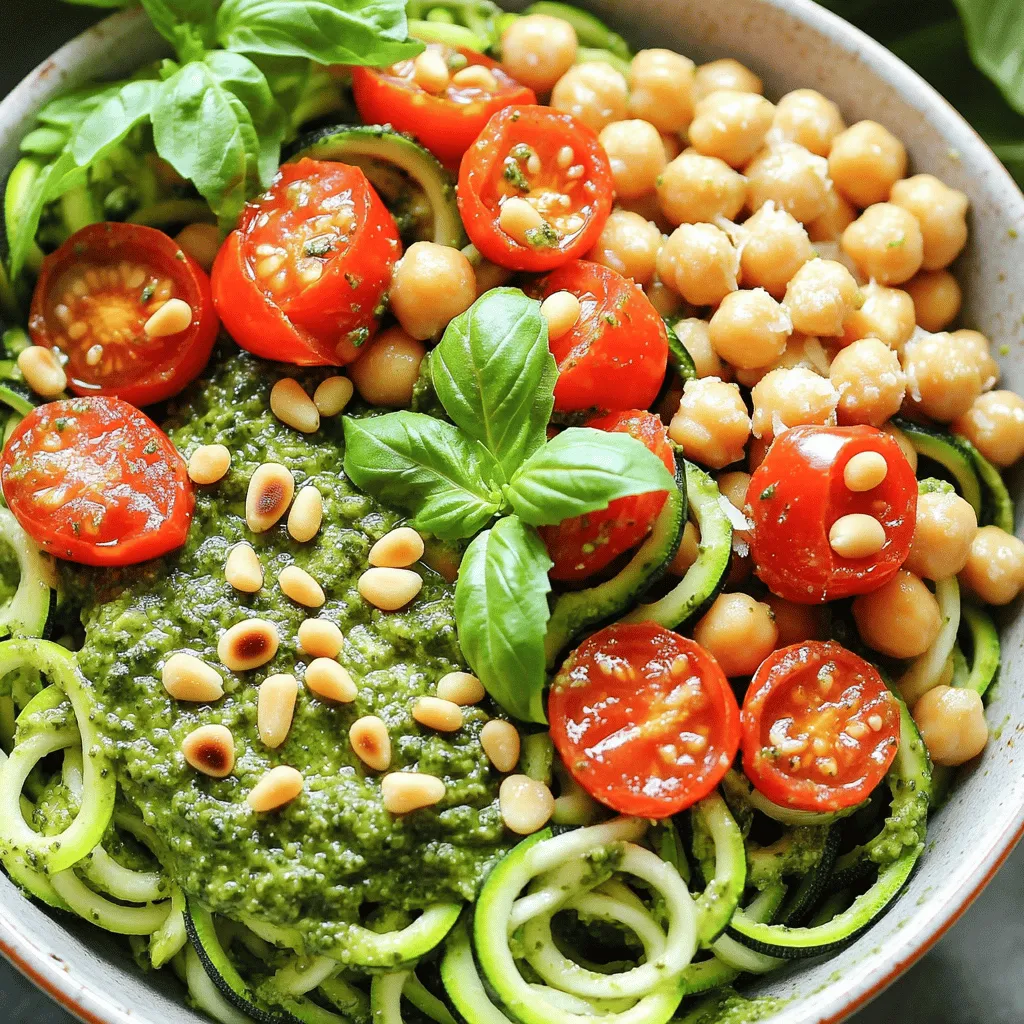 - 2 medium zucchinis (zoodles) - 1 cup basil pesto (store-bought or homemade) - 1 cup cherry tomatoes, halved - 1 cup cooked chickpeas (canned or boiled) - 1/4 cup toasted pine nuts - 1/2 teaspoon garlic powder - Salt and pepper to taste - Fresh basil leaves for garnish - Grated Parmesan cheese for serving (optional) The ingredients for the Easy Pesto Zoodle Bowl are fresh and simple. Zucchini offers a crunchy base. The basil pesto adds a rich, vibrant flavor. Cherry tomatoes bring sweetness and color. Chickpeas boost protein and fiber, making this bowl hearty. Toasted pine nuts add a delightful crunch. Garlic powder enhances the taste without being strong. A dash of salt and pepper balances all the flavors. Fresh basil leaves on top make it look fancy. You can also sprinkle Parmesan cheese if you want more flavor. This recipe serves 2-3 people. Each serving has about 300 calories. It has around 15 grams of fat, 10 grams of protein, and 30 grams of carbs. - Zucchini: Low in calories and high in water. Great for hydration and low-carb diets. - Basil Pesto: Provides healthy fats from olive oil and nuts. It also has vitamins and antioxidants. - Cherry Tomatoes: Packed with vitamins C and K. They also have potassium and folate. - Chickpeas: Full of protein and fiber, they keep you full longer. - Pine Nuts: A good source of healthy fats and magnesium. Each ingredient not only makes this dish tasty but also healthy. The combination of flavors and nutrients makes this Easy Pesto Zoodle Bowl a wonderful choice for any meal. You can find the Full Recipe above for step-by-step instructions. Spiralizing the zucchinis To start, you need zoodles. Take two medium zucchinis and spiralize them. If you don’t have a spiralizer, use a vegetable peeler. You can make thin strips that work well too. Zoodles are fun and a great pasta alternative. Preparing the pesto (store-bought vs. homemade) Next, you need basil pesto. You can buy it or make your own. Store-bought pesto saves time. Homemade pesto gives a fresh taste. If you choose homemade, blend fresh basil, garlic, nuts, and olive oil. Either way, you get a tasty flavor boost! Tossing zoodles with pesto Now, take a large bowl. Add the zoodles and the pesto. Toss them well until the zoodles are fully coated. The green color of the pesto makes the dish look bright and fresh. Mixing tomatoes and chickpeas In another bowl, mix the halved cherry tomatoes and cooked chickpeas. Season this mix with garlic powder, salt, and pepper. These ingredients add texture and protein, making your meal more filling. Plating the zoodle bowl Divide the zoodle mix into serving bowls. Make each bowl look pretty. Top with toasted pine nuts and fresh basil leaves. The nuts add crunch, while basil gives a lovely aroma. Optional topping ideas For an extra touch, sprinkle grated Parmesan cheese on top. This adds a nice salty flavor. You can also get creative with your toppings, like adding crushed red pepper flakes for heat or extra veggies for more color. For the full recipe, check the section above. Enjoy your flavorful and healthy Easy Pesto Zoodle Bowl! To boost the taste of your Easy Pesto Zoodle Bowl, consider adding spices or herbs. A pinch of red pepper flakes adds heat, while crushed black pepper gives depth. You can also mix in fresh herbs like parsley or oregano for a fresh kick. When you apply the pesto, make sure to coat every zoodle well. This way, every bite is full of flavor. I recommend using your hands to toss gently, ensuring an even spread. Getting the right zoodle consistency is key. When spiralizing, aim for uniform strands. This helps in even cooking and a more appealing look. To avoid soggy zoodles, do not overcook them. You only need to toss them with the pesto briefly. If you want a crunch, sauté them for just a minute. This keeps them firm and delicious. Make your zoodle bowl pop! Use colorful tableware to enhance the dish's appeal. Bright bowls can make the meal look even tastier. For garnishing, consider fresh basil leaves or a sprinkle of toasted pine nuts. This not only adds flavor but also adds color. A touch of grated Parmesan on top gives a nice finish, making it look gourmet. For the full recipe, check out the details above. {{image_2}} You can switch out the pesto if you want. Try sun-dried tomato pesto or arugula pesto for a twist. Both options give a great taste. You can also make your own pesto at home. Just blend fresh basil, garlic, nuts, and olive oil. If you want a nut-free version, use sunflower seeds instead of pine nuts. For vegetables, zoodles are fun, but other options work too. Consider using carrots or bell peppers. You can also mix in some shredded cabbage for extra crunch. The key is to pick what you like and have fun with it. Adding protein to your zoodle bowl makes it more filling. Grilled chicken or shrimp adds a lot of flavor. Just cook them first and then toss them in. If you prefer plant-based options, tofu is great. You can pan-fry it until golden brown for extra taste. Legumes like chickpeas or black beans can boost protein too. They add texture and richness. Stir them in with the other ingredients. This makes your meal hearty and satisfying. Experimenting with different pesto flavors can elevate your dish. Sun-dried tomato pesto gives a rich, savory taste. Arugula pesto adds a peppery twist. You can try mixing these with classic basil pesto for fun new flavors. Cheese is another way to change things up. Use Pecorino Romano instead of Parmesan for a sharper taste. Crumbled feta or goat cheese can also add creaminess. Don’t be afraid to play with flavors to find what you love best. To store your zoodle bowl, place it in an airtight container. This keeps moisture in and prevents drying. Store it in the fridge and try to eat it within three days for the best taste. To keep zoodles fresh, layer paper towels in the container. This absorbs extra moisture and helps maintain their crunch. Can you freeze zoodle bowls? Yes, but I recommend separating the components first. Zoodles can become mushy when frozen, so it's best to freeze them without sauce. For proper freezing, place zoodles in a freezer bag and remove as much air as possible. Freeze pesto in ice cube trays for easy use later. When reheating zoodles, use the stovetop for the best texture. Heat a pan over medium heat and add a splash of water. Add zoodles and sauté for a minute or two. This warms them up without making them mushy. Always avoid the microwave for zoodles, as they can get soggy. You can make zoodles without a spiralizer using a few simple tools. A vegetable peeler works well. Just peel long strips from the zucchini. You can also use a box grater. Grate the zucchini to create thin, noodle-like strips. A knife can work too, if you cut the zucchini into thin slices. Any of these methods will give you a fresh, zoodle-like texture for your dish. Yes, you can use many other vegetables for this recipe. Carrots are a great choice; they add sweetness. Cucumbers can give a nice crunch, too. Butternut squash works well when cooked. You can try bell peppers for a colorful twist. Keep in mind that different veggies will change the taste and texture. Feel free to mix and match based on your preference! Making pesto from scratch is simple! Start by blending fresh basil, garlic, and pine nuts in a food processor. Add olive oil slowly until it’s smooth. Mix in grated Parmesan cheese for flavor. For a detailed recipe, check out my homemade pesto recipe. This homemade touch will elevate your zoodle bowl! For the complete flavor experience, don't forget to check the Full Recipe. In this post, I covered how to make a delicious zoodle bowl. You learned about the best ingredients, step-by-step instructions, and storage tips. We also explored flavor variations and how to keep your zoodles fresh. Remember, you can always adapt this recipe to match your tastes and needs. Enjoy creating your own zoodle masterpiece with fresh ingredients. Eating healthy can be fun and tasty!