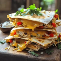 - 2 cups cooked chicken, shredded - 1 cup shredded cheese (cheddar or Monterey Jack) - 1 red bell pepper, diced - 1 small onion, finely chopped - 1 teaspoon cumin - 1 teaspoon paprika - 4 large flour tortillas - 2 tablespoons olive oil - Salt and pepper to taste - Fresh cilantro, chopped (for garnish) - Sour cream (for serving) Gathering the right ingredients is crucial for great chicken quesadillas. I love using cooked chicken from my fridge. It saves time and adds flavor. Choose a good cheese, like cheddar or Monterey Jack. Both melt nicely and add creaminess. Red bell peppers add sweetness and color. They pair well with onion, which adds a nice bite. Cumin and paprika bring warmth and depth to the dish. They give your quesadillas a hint of spice. Don’t forget the tortillas! Large flour tortillas hold everything well. The olive oil makes them golden and crispy. Season with salt and pepper to enhance all the flavors. Fresh cilantro is a perfect garnish. It adds a pop of freshness. Sour cream on the side provides a cool contrast. For the full recipe, check the section above! 1. Sautéing onion and bell pepper: Start by heating 1 tablespoon of olive oil in a skillet over medium heat. Add the chopped onion and diced red bell pepper. Sauté these until they soften, which should take about 3 to 4 minutes. The smell will be amazing! 2. Seasoning the mixture: Once the veggies are soft, add 1 teaspoon of cumin, 1 teaspoon of paprika, and a pinch of salt and pepper. Mix everything well. Then, stir in 2 cups of shredded chicken. Cook this for another 2 to 3 minutes until heated through. Your chicken mixture is now ready to go! 1. Layering tortillas and fillings: Heat 1 tablespoon of olive oil in another skillet over medium heat. Take one large flour tortilla and place it in the skillet. Sprinkle half of the 1 cup of shredded cheese evenly over the tortilla. 2. Cooking method for crispy texture: Spread half of the chicken mixture on top of the cheese. Then, add another layer of cheese and place a second tortilla on top. Cook for about 3 to 4 minutes until the bottom is golden and the cheese starts to melt. Carefully flip the quesadilla using a large spatula and cook the other side for another 3 to 4 minutes until it is crispy. 1. Recommended garnishes: Once both sides are golden brown, remove the quesadilla from the skillet. Let it cool for a minute, then slice it into wedges. Garnish with fresh chopped cilantro for a pop of color and flavor. 2. Accompaniments and dips: Serve your quesadillas warm with a side of sour cream. You can also add salsa or guacamole for extra flavor. Enjoy your delicious meal! For the full recipe, check out the details above. To get that perfect crisp, heat control is key. Use medium heat to start. Too high can burn your tortillas. Too low can make them soggy. Keep an eye on the quesadilla as it cooks. When the bottom is golden, it's time to flip. Flipping can be tricky. Use a large spatula to help. Slide it under half of the quesadilla. Quickly lift and flip it over. If you drop it, don’t worry. Just pick it up and try again! To spice things up, try adding cumin and paprika. These spices bring warmth and depth to each bite. You can also mix in chili powder for extra heat. Don't be afraid to experiment with flavors! Think about adding more veggies. Sliced mushrooms, spinach, or zucchini can boost nutrition. You can also add more proteins. Black beans or cooked shrimp work great. Each will make your quesadilla unique and tasty. {{image_2}} You can change up the protein in your chicken quesadillas. Using leftover rotisserie chicken makes life easy. Just shred the meat and mix it with your veggies and spices. It saves time and adds great flavor. If you want to try a vegetarian option, go for beans or mushrooms. Black beans add protein and creaminess. Sautéed mushrooms bring a nice earthy taste. Both options work well with cheese and spices. The cheese can make or break your quesadilla. I love using a blend of cheddar and Monterey Jack. This mix gives a great melt and flavor. You can also try pepper jack for a spicy kick. If you need a dairy-free option, go for dairy-free cheese. Many brands now offer great taste and melt. Look for mozzarella-style cheese for the best results. For the full recipe, check the details above. After making your cheesy chicken quesadillas, you might have some leftovers. Here’s how to keep them fresh: - Refrigeration Tips: Place any leftover quesadillas in an airtight container. They can last in the fridge for up to 3 days. Make sure to let them cool down before sealing the container to avoid moisture buildup. - Best Practices for Freezing: If you want to store them longer, freezing is a great option. Wrap each quesadilla in plastic wrap, then place them in a freezer bag. They can stay frozen for up to 2 months. Label the bag with the date for easy tracking. When it comes time to enjoy your leftovers, reheating properly is key: - Oven vs. Microwave for Best Results: The oven is best for reheating quesadillas to keep them crispy. Preheat your oven to 350°F (175°C). Place the quesadilla on a baking sheet and heat for about 10-15 minutes. The microwave works too, but it can make the quesadilla soggy. If you use the microwave, heat for 1-2 minutes, checking to avoid overheating. - Tips to Maintain Crispiness: To keep your quesadilla crispy, place a piece of parchment paper under it in the oven. This helps absorb moisture. If using the microwave, you can place a paper towel over the quesadilla to help soak up extra steam. Yes, you can make these quesadillas ahead. To prepare in advance, cook the chicken mixture and fill the tortillas. Place them in an airtight container. They stay fresh in the fridge for up to two days. When you are ready to eat, just heat them on the stove or in the oven. If you need a substitute for flour tortillas, there are many great options. Corn tortillas are a classic choice. You can also try whole wheat tortillas for a healthier option. For a gluten-free alternative, look for rice or almond flour tortillas. You can make quesadillas in the oven. Preheat your oven to 400°F (200°C). Place the assembled quesadillas on a baking sheet. Bake for about 10 minutes, flipping halfway through. This method gives you crispy quesadillas without needing a skillet. For the full recipe, check out the details above. You now have a simple guide to making delicious quesadillas. We covered ingredients, step-by-step instructions, tips for the perfect crisp, and various options. Remember to keep experimenting with flavors and fillings. Adjust the recipe to fit your taste. Enjoy your tasty creation and share it with others. Happy cooking!