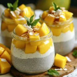 To make this tasty mango coconut chia pudding, you need the following: - 1 cup coconut milk (canned or carton) - 1/2 cup almond milk (or any milk of choice) - 1/3 cup chia seeds - 2 tablespoons maple syrup (optional for sweetness) - 1 ripe mango, diced - 1 teaspoon vanilla extract - Pinch of salt - Toasted coconut flakes, for garnish - Fresh mint leaves, for garnish You can swap any milk for coconut or almond milk based on your taste. If you prefer a sweeter pudding, add more maple syrup. You can also use honey or agave syrup as alternatives. For a creamier texture, use full-fat coconut milk. The chia seeds are key, so don’t skip them! They absorb liquid and create a thick pudding. This pudding is not just tasty but also healthy. Chia seeds are rich in fiber and protein. They help keep you full. Coconut milk adds healthy fats, while mango gives you vitamins. Each serving is about 200 calories, with healthy fats and natural sugars. It’s a great snack or breakfast option! Making mango coconut chia pudding is simple and fun. You will need just a few steps. First, gather your ingredients. You will mix everything in a bowl and chill it. Then, you will serve it with fresh mango and coconut toppings. This easy process makes it a great choice for busy days. 1. In a mixing bowl, combine these ingredients: - 1 cup coconut milk - 1/2 cup almond milk - 1/3 cup chia seeds - 2 tablespoons maple syrup (optional) - 1 teaspoon vanilla extract - Pinch of salt 2. Stir the mixture well. You want to make sure there are no clumps of chia seeds. 3. Cover the bowl with a lid or plastic wrap. Place it in the fridge for at least 4 hours or overnight. This time helps the chia seeds swell and turn your mix into pudding. 4. After it thickens, give it a good stir. Then divide it into jars or bowls for serving. 5. Top each serving with diced mango, making sure it covers the pudding nicely. 6. Add toasted coconut flakes and a few fresh mint leaves on top for a pretty finish. 7. Serve chilled and enjoy your creamy, tropical treat! To get the best pudding, follow these tips: - Stir the mix a couple of times in the first hour. This helps the chia seeds mix evenly. - Use full-fat coconut milk for creaminess. It makes a richer pudding. - Make sure to chill it long enough. The longer it sits, the thicker it gets. - If it’s too thick, stir in a little more milk to your liking. For more details, check the Full Recipe. You can make mango coconut chia pudding a day in advance. Just mix all the ingredients in a bowl. Cover it tightly and place it in the fridge. The chia seeds need time to soak up the liquid. This gives you a creamy pudding texture. If you want it thicker, let it sit overnight. This way, you can enjoy a quick breakfast or snack. For a lovely presentation, use clear jars or bowls. Layer the pudding with diced mango on top. Sprinkle toasted coconut flakes for crunch. Add fresh mint leaves for a pop of color. You can also drizzle some maple syrup on top for extra sweetness. This makes your dessert look and taste amazing. You could even serve it at parties to impress your friends. This recipe is very flexible. If you need it dairy-free, stick with coconut and almond milk. For a vegan option, skip the honey and use maple syrup. If you have nut allergies, use oat milk or soy milk instead. You can also swap chia seeds for flax seeds if you prefer. Just remember, the texture will change a bit. You can still enjoy a tasty treat with these simple swaps! For the complete recipe, check out the Full Recipe section. {{image_2}} You can change the flavor of mango coconut chia pudding by adding other fruits. Berries like strawberries, blueberries, or raspberries work well. Simply mix in your choice of fruit before chilling. You can also try bananas, peaches, or kiwi for a unique taste twist. Mixing different fruits gives you a fun way to enjoy this dish. You can easily swap the coconut milk or almond milk with other types of milk. Try oat milk or soy milk for a different flavor. If you want it creamier, use cashew milk. For sweeteners, maple syrup is great, but you can also use honey or agave syrup. Adjust the sweetness to your taste. Toppings can add extra flavor and texture. Besides toasted coconut flakes, try chopped nuts or seeds for crunch. You can also use fresh fruit slices or a drizzle of honey. Some people enjoy a sprinkle of cinnamon or a few chocolate chips. Get creative with your toppings to make each serving special. For the full recipe, check out the details above. Store your mango coconut chia pudding in an airtight container. Glass jars work well. Make sure to seal it tightly to keep out air. This method keeps your pudding fresh for longer. You can also layer it with fresh mango and coconut flakes for easy serving. Chia pudding lasts about five days in the fridge. After that, it may lose its flavor and texture. Always check for any off smells or colors before eating. If it looks or smells strange, it’s best to throw it out. Chia pudding is best served cold. You don’t need to reheat it. If you prefer a warm treat, heat the pudding gently in a pot. Stir to keep it smooth. Top with fresh fruits or nuts right before serving. This adds flavor and texture to your dish. For more ideas, check the Full Recipe. Chia seeds are small but mighty. They pack in protein, fiber, and healthy fats. Eating them can help you feel full. This can aid in weight control. Chia seeds are also high in omega-3 fatty acids. These fats support heart health. Plus, they help reduce inflammation in the body. They can regulate blood sugar levels too. Adding chia seeds to your diet is a smart choice for health. Yes, you can use frozen mango. It works well and saves time. Just thaw the mango before using it. The flavor stays sweet and tasty. Frozen mango might be softer than fresh mango. This can add a nice texture to your pudding. If you want a chillier treat, use the frozen mango right away. It will keep your pudding cool and refreshing. The pudding lasts about 5 days in the fridge. Make sure to store it in a sealed container. This keeps it fresh and tasty. If you see any water on top, just stir it back in. It won’t affect the flavor. Enjoy your mango coconut chia pudding throughout the week! For the full recipe, check the earlier sections. This blog post covers the key steps to make delicious chia pudding. We looked at the ingredients, measurements, and nutritional info. I shared detailed cooking instructions and tips for a perfect texture. We discussed ways to prep ahead and serve with flair. You can explore flavor variations and substitutions too. Finally, I covered storage and common questions about chia seeds. With this guide, you’ll create tasty, healthy chia pudding that suits your needs. It's time to enjoy your creation and impress your friends!
