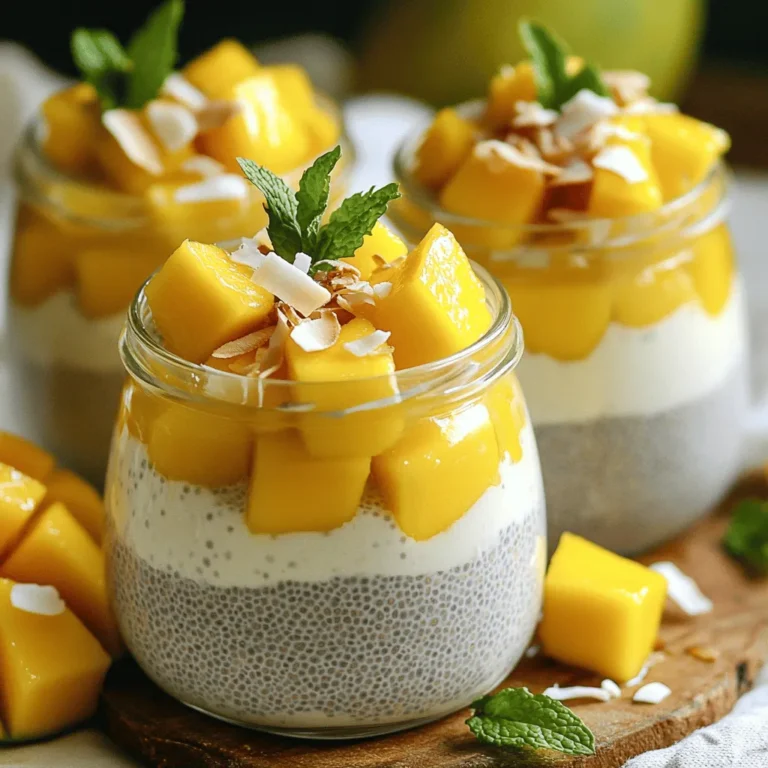 To make this tasty mango coconut chia pudding, you need the following: - 1 cup coconut milk (canned or carton) - 1/2 cup almond milk (or any milk of choice) - 1/3 cup chia seeds - 2 tablespoons maple syrup (optional for sweetness) - 1 ripe mango, diced - 1 teaspoon vanilla extract - Pinch of salt - Toasted coconut flakes, for garnish - Fresh mint leaves, for garnish You can swap any milk for coconut or almond milk based on your taste. If you prefer a sweeter pudding, add more maple syrup. You can also use honey or agave syrup as alternatives. For a creamier texture, use full-fat coconut milk. The chia seeds are key, so don’t skip them! They absorb liquid and create a thick pudding. This pudding is not just tasty but also healthy. Chia seeds are rich in fiber and protein. They help keep you full. Coconut milk adds healthy fats, while mango gives you vitamins. Each serving is about 200 calories, with healthy fats and natural sugars. It’s a great snack or breakfast option! Making mango coconut chia pudding is simple and fun. You will need just a few steps. First, gather your ingredients. You will mix everything in a bowl and chill it. Then, you will serve it with fresh mango and coconut toppings. This easy process makes it a great choice for busy days. 1. In a mixing bowl, combine these ingredients: - 1 cup coconut milk - 1/2 cup almond milk - 1/3 cup chia seeds - 2 tablespoons maple syrup (optional) - 1 teaspoon vanilla extract - Pinch of salt 2. Stir the mixture well. You want to make sure there are no clumps of chia seeds. 3. Cover the bowl with a lid or plastic wrap. Place it in the fridge for at least 4 hours or overnight. This time helps the chia seeds swell and turn your mix into pudding. 4. After it thickens, give it a good stir. Then divide it into jars or bowls for serving. 5. Top each serving with diced mango, making sure it covers the pudding nicely. 6. Add toasted coconut flakes and a few fresh mint leaves on top for a pretty finish. 7. Serve chilled and enjoy your creamy, tropical treat! To get the best pudding, follow these tips: - Stir the mix a couple of times in the first hour. This helps the chia seeds mix evenly. - Use full-fat coconut milk for creaminess. It makes a richer pudding. - Make sure to chill it long enough. The longer it sits, the thicker it gets. - If it’s too thick, stir in a little more milk to your liking. For more details, check the Full Recipe. You can make mango coconut chia pudding a day in advance. Just mix all the ingredients in a bowl. Cover it tightly and place it in the fridge. The chia seeds need time to soak up the liquid. This gives you a creamy pudding texture. If you want it thicker, let it sit overnight. This way, you can enjoy a quick breakfast or snack. For a lovely presentation, use clear jars or bowls. Layer the pudding with diced mango on top. Sprinkle toasted coconut flakes for crunch. Add fresh mint leaves for a pop of color. You can also drizzle some maple syrup on top for extra sweetness. This makes your dessert look and taste amazing. You could even serve it at parties to impress your friends. This recipe is very flexible. If you need it dairy-free, stick with coconut and almond milk. For a vegan option, skip the honey and use maple syrup. If you have nut allergies, use oat milk or soy milk instead. You can also swap chia seeds for flax seeds if you prefer. Just remember, the texture will change a bit. You can still enjoy a tasty treat with these simple swaps! For the complete recipe, check out the Full Recipe section. {{image_2}} You can change the flavor of mango coconut chia pudding by adding other fruits. Berries like strawberries, blueberries, or raspberries work well. Simply mix in your choice of fruit before chilling. You can also try bananas, peaches, or kiwi for a unique taste twist. Mixing different fruits gives you a fun way to enjoy this dish. You can easily swap the coconut milk or almond milk with other types of milk. Try oat milk or soy milk for a different flavor. If you want it creamier, use cashew milk. For sweeteners, maple syrup is great, but you can also use honey or agave syrup. Adjust the sweetness to your taste. Toppings can add extra flavor and texture. Besides toasted coconut flakes, try chopped nuts or seeds for crunch. You can also use fresh fruit slices or a drizzle of honey. Some people enjoy a sprinkle of cinnamon or a few chocolate chips. Get creative with your toppings to make each serving special. For the full recipe, check out the details above. Store your mango coconut chia pudding in an airtight container. Glass jars work well. Make sure to seal it tightly to keep out air. This method keeps your pudding fresh for longer. You can also layer it with fresh mango and coconut flakes for easy serving. Chia pudding lasts about five days in the fridge. After that, it may lose its flavor and texture. Always check for any off smells or colors before eating. If it looks or smells strange, it’s best to throw it out. Chia pudding is best served cold. You don’t need to reheat it. If you prefer a warm treat, heat the pudding gently in a pot. Stir to keep it smooth. Top with fresh fruits or nuts right before serving. This adds flavor and texture to your dish. For more ideas, check the Full Recipe. Chia seeds are small but mighty. They pack in protein, fiber, and healthy fats. Eating them can help you feel full. This can aid in weight control. Chia seeds are also high in omega-3 fatty acids. These fats support heart health. Plus, they help reduce inflammation in the body. They can regulate blood sugar levels too. Adding chia seeds to your diet is a smart choice for health. Yes, you can use frozen mango. It works well and saves time. Just thaw the mango before using it. The flavor stays sweet and tasty. Frozen mango might be softer than fresh mango. This can add a nice texture to your pudding. If you want a chillier treat, use the frozen mango right away. It will keep your pudding cool and refreshing. The pudding lasts about 5 days in the fridge. Make sure to store it in a sealed container. This keeps it fresh and tasty. If you see any water on top, just stir it back in. It won’t affect the flavor. Enjoy your mango coconut chia pudding throughout the week! For the full recipe, check the earlier sections. This blog post covers the key steps to make delicious chia pudding. We looked at the ingredients, measurements, and nutritional info. I shared detailed cooking instructions and tips for a perfect texture. We discussed ways to prep ahead and serve with flair. You can explore flavor variations and substitutions too. Finally, I covered storage and common questions about chia seeds. With this guide, you’ll create tasty, healthy chia pudding that suits your needs. It's time to enjoy your creation and impress your friends!