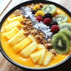 To make a tasty tropical pineapple smoothie bowl, you need some key ingredients. Here’s what you’ll need: - 1 ripe banana, frozen - 1 cup fresh pineapple chunks - 1/2 cup coconut milk (or any milk of choice) - 1/2 cup Greek yogurt (or a non-dairy alternative) - 1 tablespoon honey or maple syrup (optional) - 1/4 teaspoon vanilla extract These ingredients work together to create a creamy and refreshing base that bursts with tropical flavor. You can add extra flavors to your smoothie bowl for a fun twist. Here are some great options: - Spinach or kale for added greens - A scoop of protein powder for extra energy - A pinch of cinnamon for warmth - A splash of orange juice for more citrus flavor Feel free to mix and match based on what you have on hand. Toppings can elevate your smoothie bowl and make it look pretty. Here are my favorites: - 1/4 cup granola for crunch - 2 tablespoons shredded coconut for a tropical touch - Fresh fruit slices like kiwi or berries for color - Chia seeds or hemp seeds for a nutritious boost These toppings add texture, taste, and visual appeal to your smoothie bowl. For the full recipe, check out the earlier section. Enjoy crafting your perfect bowl! To start, gather all your ingredients. You need a ripe banana, fresh pineapple chunks, and coconut milk. You also want Greek yogurt for creaminess. If you like, add honey or maple syrup for sweetness. Next, peel the banana and break it into pieces. Add it to your blender. Then, toss in the fresh pineapple. Pour in the coconut milk and Greek yogurt. If you want a sweeter taste, add honey or maple syrup now. Lastly, drop in the vanilla extract for extra flavor. Blend everything on high speed. Watch as the colors blend into a bright yellow mix. If the smoothie is too thick, add more coconut milk. Blend again until you reach your desired thickness. If you see chunks, stop and scrape down the sides with a spatula. Blend once more until it is smooth and creamy. Pour the smoothie into a bowl. Make sure to fill it nicely to the top. Now comes the fun part: topping it! Sprinkle granola on top for crunch. Add shredded coconut for a tropical feel. Then, layer fresh fruit slices like kiwi and berries. For a final touch, sprinkle chia seeds or hemp seeds. This adds a nice look and boosts nutrition. Enjoy your beautiful Tropical Pineapple Smoothie Bowl! For the full recipe, check the section above. To get a smooth, creamy texture, use frozen banana. It adds thickness and chill. Combine it with fresh pineapple for a tropical zing. Start with less liquid, then add more coconut milk if it’s too thick. Blend until everything is silky. Don't rush; blending longer gives a better texture. You can change the taste by adding different fruits. Try mango or strawberries for a twist. You could also mix in spinach for a green boost. If you like spice, add a pinch of ginger or a squeeze of lime. These small changes can make your smoothie bowl exciting. To make your smoothie bowl even healthier, add spinach or kale for more vitamins. Flaxseeds or chia seeds add fiber and omega-3s. Swap Greek yogurt for a plant-based yogurt if you want a vegan option. These additions help you enjoy a tasty meal while boosting nutrition. Check out the Full Recipe for more ideas. {{image_2}} You can mix many fruits in your smoothie bowl. Try mango, papaya, or passion fruit. These fruits add sweetness and flavor. You can blend them with your pineapple for a fun twist. If you want something different, add a handful of spinach. It gives a nice green color without changing the taste. To make your smoothie bowl dairy-free, use coconut yogurt instead of Greek yogurt. Almond milk or oat milk works well too. These options keep your bowl creamy and delicious. You can also skip the yogurt if you want a lighter taste. Just add more fruit to keep it thick. Choosing the right toppings makes your smoothie bowl fun. Try granola for crunch. Fresh fruit slices like strawberries or bananas add color. Want something extra? Use nuts, seeds, or nut butter for more flavor. You can even sprinkle some cacao nibs for a chocolatey touch. Each topping gives a new taste and look to your bowl. If you have leftover smoothie, store it in a clean jar. Make sure to use a tight lid. This keeps the smoothie fresh. Place the jar in the fridge. Use it within 24 hours for the best taste. If you see any change in color or smell, it's best to toss it. You can freeze your smoothie for later. Pour it into ice cube trays or freezer-safe bags. This makes it easy to blend a quick drink later. When ready, just blend the frozen cubes with a little milk. This gives you a cool treat any time. The fresh pineapple chunks last about 3-5 days in the fridge. Bananas can stay fresh for about a week. Coconut milk usually lasts 7-10 days after opening. Greek yogurt can last up to 2 weeks. Always check the dates on packages to ensure safety. Yes, you can easily make this smoothie bowl vegan. Simply swap the Greek yogurt for a non-dairy yogurt. You can use coconut yogurt or almond yogurt. This keeps the creamy texture while making it plant-based. If you need a substitute for coconut milk, try almond milk or oat milk. Both will work well in this recipe. They have a nice flavor and can still make your smoothie bowl creamy. You can use any milk you like, just check the taste. To change the sweetness, you can add honey or maple syrup. If you want less sweetness, skip the added sweeteners. You can also use ripe fruits like bananas or pineapples to add natural sweetness. Taste your smoothie before serving to find the right balance. Yes, you can meal prep smoothie bowls! Just blend the ingredients and store them in jars. Keep the toppings separate until you are ready to eat. This way, your smoothie stays fresh and tasty. You can prepare several jars for quick breakfasts. You now have all you need to make a delicious tropical pineapple smoothie bowl. We covered key ingredients, how to prepare and blend, and tips for the best taste. Don’t forget to try different fruits and toppings for fun variations. Proper storage lets you enjoy your smoothie later. Experiment with flavors and adjust sweetness to fit your tastes. With these steps, you can create a bowl that’s both healthy and vibrant. Enjoy your smoothie journey and let your creativity shine!